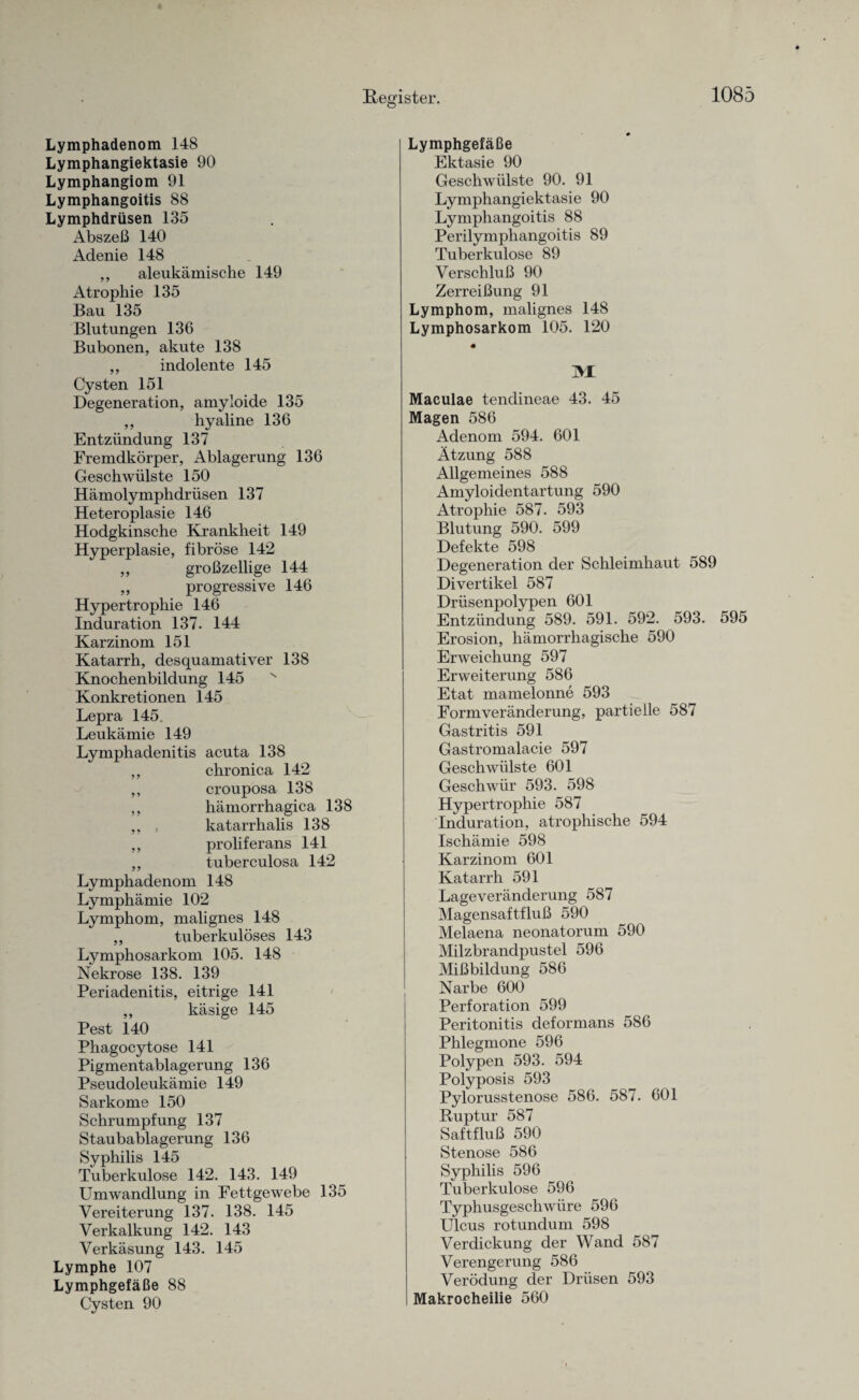 Lymphadenom 148 Lymphangiektasie 90 Lymphangiom 91 Lymphangoitis 88 Lymphdrüsen 135 Abszeß 140 Adenie 148 ,, aleukämische 149 Atrophie 135 Bau 135 Blutungen 136 Bubonen, akute 138 ,, indolente 145 Cysten 151 Degeneration, amyloide 135 ,, hyaline 136 Entzündung 137 Fremdkörper, Ablagerung 136 Geschwülste 150 Hämolymphdrüsen 137 Heteroplasie 146 Hodgkinsche Krankheit 149 Hyperplasie, fibröse 142 ,, großzellige 144 ,, progressive 146 Hypertrophie 146 Induration 137. 144 Karzinom 151 Katarrh, desquamativer 138 Knochenbildung 145 x Konkretionen 145 Lepra 145. Leukämie 149 Lymphadenitis acuta 138 ,, chronica 142 ,, crouposa 138 ,, hämorrhagica 138 ,, : katarrhalis 138 ,, proliferans 141 ,, tuberculosa 142 Lymphadenom 148 Lymphämie 102 Lymphom, malignes 148 ,, tuberkulöses 143 Lymphosarkom 105. 148 Nekrose 138. 139 Periadenitis, eitrige 141 ,, käsige 145 Pest 140 Phagocytose 141 Pigmentablagerung 136 Pseudoleukämie 149 Sarkome 150 Schrumpfung 137 Staubablagerung 136 Syphilis 145 Tuberkulose 142. 143. 149 Umwandlung in Fettgewebe 135 Vereiterung 137. 138. 145 Verkalkung 142. 143 Verkäsung 143. 145 Lymphe 107 Lymphgefäße 88 Cysten 90 Lymphgefäße Ektasie 90 Geschwülste 90. 91 Lymphangiektasie 90 Lymphangoitis 88 Perilymphangoitis 89 Tuberkulose 89 Verschluß 90 Zerreißung 91 Lymphom, malignes 148 Lymphosarkom 105. 120 NX Maculae tendineae 43. 45 Magen 586 Adenom 594. 601 Ätzung 588 Allgemeines 588 Amyloidentartung 590 Atrophie 587. 593 Blutung 590. 599 Defekte 598 Degeneration der Schleimhaut 589 Divertikel 587 Drüsenpolypen 601 Entzündung 589. 591. 592. 593. 595 Erosion, hämorrhagische 590 Erweichung 597 Erweiterung 586 Etat mamelonne 593 Formveränderung, partielle 587 Gastritis 591 Gastromalacie 597 Geschwülste 601 Geschwür 593. 598 Hypertrophie 587 Induration, atrophische 594 Ischämie 598 Karzinom 601 Katarrh 591 Lageveränderung 587 Magensaftfluß 590 Melaena neonatorum 590 Milzbrandpustel 596 Mißbildung 586 Narbe 600 Perforation 599 Peritonitis deformans 586 Phlegmone 596 Polypen 593. 594 Polyposis 593 Pylorusstenose 586. 587. 601 Ruptur 587 Saftfluß 590 Stenose 586 Syphilis 596 Tuberkulose 596 Typhusgeschwüre 596 Ulcus rotundum 598 Verdickung der Wand 587 Verengerung 586 Verödung der Drüsen 593 Makrocheilie 560