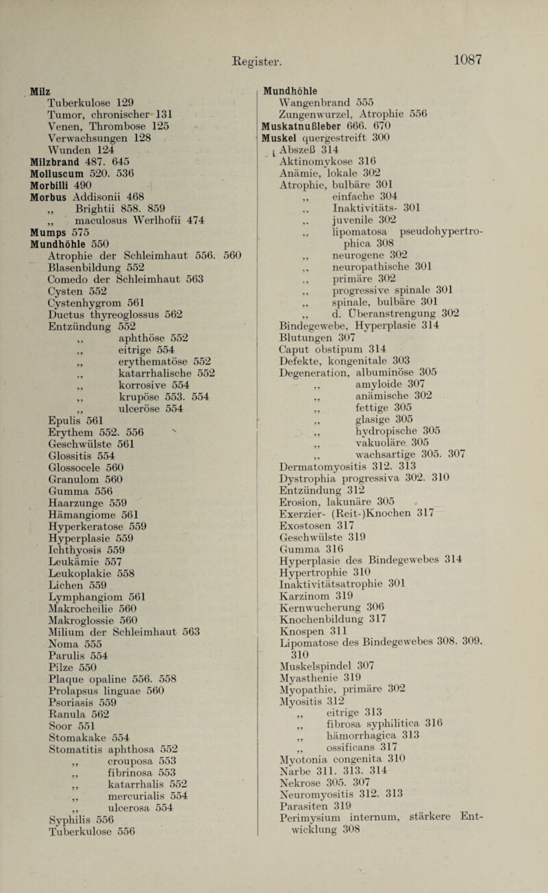 Milz Tuberkulose 129 Tumor, chronischer 131 Venen, Thrombose 125 Verwachsungen 128 Wunden 124 Milzbrand 487. 645 Molluscum 520. 536 Morbilli 490 Morbus Addisonii 468 ,, Brightii 858. 859 ,, maculosus Werlhofii 474 Mumps 575 Mundhöhle 550 Atrophie der Schleimhaut 556. 560 Blasenbildung 552 Comedo der Schleimhaut 563 Cysten 552 Cystenhygrom 561 Ductus thyreoglossus 562 Entzündung 552 ,, aphthöse 552 ,, eitrige 554 ,, erythematöse 552 ., katarrhalische 552 ,, korrosive 554 ,, krupöse 553. 554 ,, ulceröse 554 Epulis 561 Erythem 552. 556 N Geschwülste 561 Glossitis 554 Glossocele 560 Granulom 560 Gumma 556 Haarzunge 559 Hämangiome 561 Hyperkeratose 559 Hyperplasie 559 Ichthyosis 559 Leukämie 557 Leukoplakie 558 Lichen 559 Lymphangiom 561 Makrocheilie 560 Makroglossie 560 Milium der Schleimhaut 563 Noma 555 Parulis 554 Pilze 550 Plaque opaline 556. 558 Prolapsus linguae 560 Psoriasis 559 Ranula 562 Soor 551 Stomakake 554 Stomatitis aphthosa 552 ,, crouposa 553 ,, fibrinosa 553 ,, katarrhalis 552 ,, mercurialis 554 ,, ulcerosa 554 Syphilis 556 Tuberkulose 556 Mundhöhle Wangenbrand 555 Zungenwurzel, Atrophie 556 Muskatnußleber 666. 670 Muskel quergestreift 300 t Abszeß 314 Aktinomykose 316 Anämie, lokale 302 Atrophie, bulbäre 301 ,, einfache 304 ,, Inaktivitäts- 301 juvenile 302 ,, lipomatosa pseudohypertro- phica 308 ,, neurogene 302 ,, neuropathische 301 ., primäre 302 ,, progressive spinale 301 ,, spinale, bulbäre 301 ,, d. Überanstrengung 302 Bindegewebe, Hyperplasie 314 Blutungen 307 Caput obstipum 314 Defekte, kongenitale 303 Degeneration, albuminöse 305 ,, amyloide 307 ,, anämische 302 ,, fettige 305 ,, glasige 305 ,, hvdropische 305 ,, vakuoläre 305 ,, wachsartige 305. 307 Dermatomyositis 312. 313 Dystrophia progressiva 302. 310 Entzündung 312 Erosion, lakunäre 305 Exerzier- (Reit-)Knochen 317 Exostosen 317 Geschwülste 319 Gumma 316 Hyperplasie des Bindegewebes 314 Hypertrophie 310 Inaktivitätsatrophie 301 Karzinom 319 Kernwucherung 306 Knochenbildung 317 Knospen 311 Lipomatose des Bindegewebes 308. 309. 310 Muskelspindel 307 Myasthenie 319 Myopathie, primäre 302 Myositis 312 ,, eitrige 313 ,, fibrosa syphilitica 316 ,, hämorrhagica 313 ,, ossificans 317 Myotonia congenita 310 Narbe 311. 313. 314 Nekrose 305. 307 Neuromyositis 312. 313 Parasiten 319 Perimysium internum, stärkere Ent¬ wicklung 308