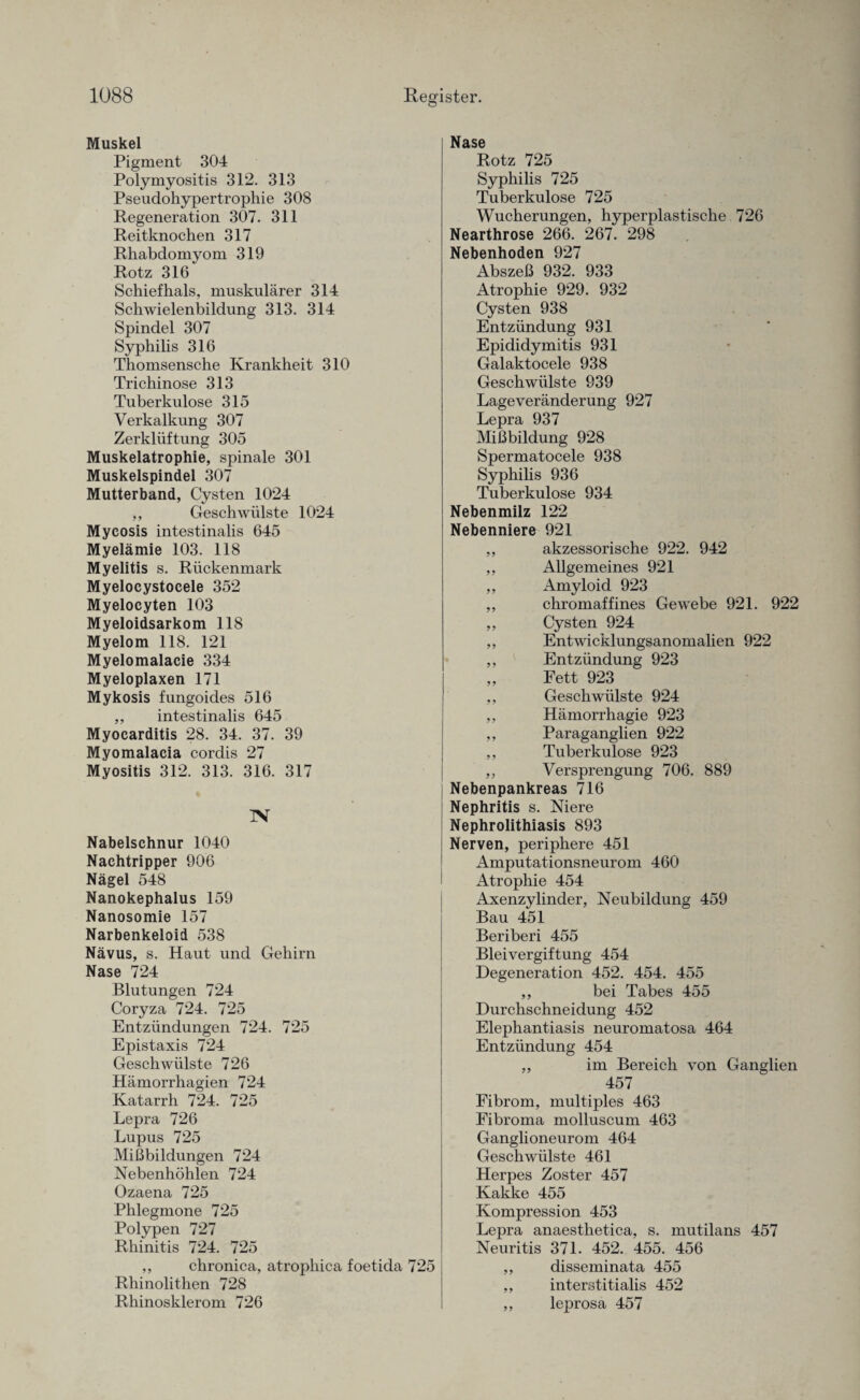 Muskel Pigment 304 Polymyositis 3P2. 313 Pseudohypertrophie 308 Regeneration 307. 311 Reitknochen 317 Rhabdomyom 319 Rotz 316 Schief hals, muskulärer 314 Schwielenbildung 313. 314 Spindel 307 Syphilis 316 Thomsensche Krankheit 310 Trichinose 313 Tuberkulose 315 Verkalkung 307 Zerklüftung 305 Muskelatrophie, spinale 301 Muskelspindel 307 Mutterband, Cysten 1024 ,, Geschwülste 1024 Myeosis intestinalis 645 Myelämie 103. 118 Myelitis s. Rückenmark Myelocystocele 352 Myelocyten 103 Myeloidsarkom 118 Myelom 118. 121 Myelomalacie 334 Myeloplaxen 171 Mykosis fungoides 516 ,, intestinalis 645 Myocarditis 28. 34. 37. 39 Myomalaeia cordis 27 Myositis 312. 313. 316. 317 IV Nabelschnur 1040 Nachtripper 906 Nägel 548 Nanokephalus 159 Nanosomie 157 Narbenkeloid 538 Nävus, s. Haut und Gehirn Nase 724 Blutungen 724 Coryza 724. 725 Entzündungen 724. 725 Epistaxis 724 Geschwülste 726 Hämorrhagien 724 Katarrh 724. 725 Lepra 726 Lupus 725 Mißbildungen 724 Nebenhöhlen 724 Ozaena 725 Phlegmone 725 Polypen 727 Rhinitis 724. 725 ,, chronica, atropliica foetida 725 Rhinolithen 728 Rhinosklerom 726 Nase Rotz 725 Syphilis 725 Tuberkulose 725 Wucherungen, hyperplastische 726 Nearthrose 266. 267. 298 Nebenhoden 927 Abszeß 932. 933 Atrophie 929. 932 Cysten 938 Entzündung 931 Epididymitis 931 Galaktocele 938 Geschwülste 939 Lageveränderung 927 Lepra 937 Mißbildung 928 Spermatocele 938 Syphilis 936 Tuberkulose 934 Nebenmilz 122 Nebenniere 921 ,, akzessorische 922. 942 ,, Allgemeines 921 ,, Amyloid 923 ,, chromaffines Gewebe 921. 922 ,, Cysten 924 ,, Entwicklungsanomalien 922 ,, Entzündung 923 „ Fett 923 ,, Geschwülste 924 ,, Hämorrhagie 923 ,, Paraganglien 922 ,, Tuberkulose 923 „ Versprengung 706. 889 Nebenpankreas 716 Nephritis s. Niere Nephrolithiasis 893 Nerven, periphere 451 Amputationsneurom 460 Atrophie 454 Axenzylinder, Neubildung 459 Bau 451 Beriberi 455 Bleivergiftung 454 Degeneration 452. 454. 455 ,, bei Tabes 455 Durchschneidung 452 Elephantiasis neuromatosa 464 Entzündung 454 „ im Bereich von Ganglien 457 Fibrom, multiples 463 Fibroma molluscum 463 Ganglioneurom 464 Geschwülste 461 Herpes Zoster 457 Kakke 455 Kompression 453 Lepra anaesthetica, s. mutilans 457 Neuritis 371. 452. 455. 456 ,, disseminata 455 ,, interstitialis 452 ,, leprosa 457