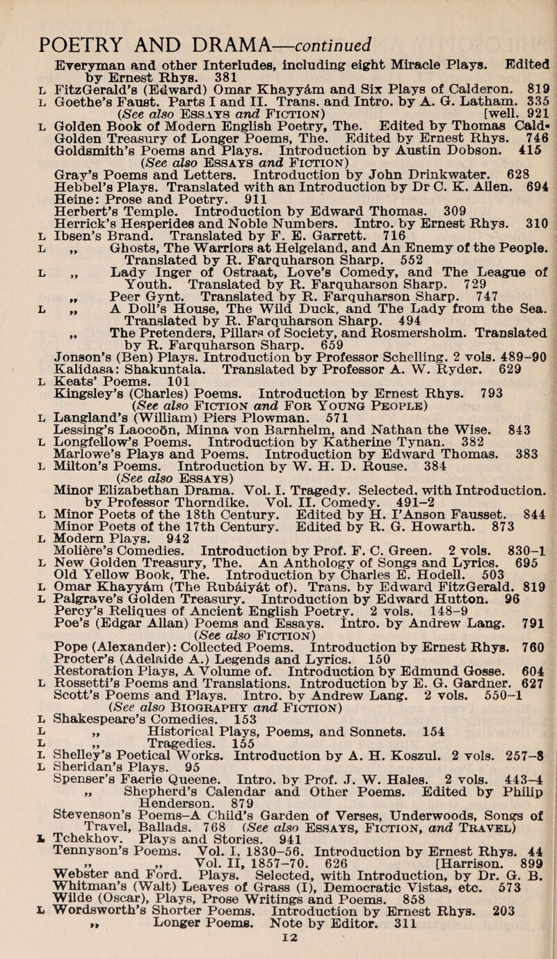 fi r t-iftr' C-i tr'tilr' POETRY AND DRAMA—continuec? Everyman and other Interludes, including eight Miracle Plays. Edited by Ernest Rhys. 381 L FitzGerald’s (Edward) Omar Khayydm and Six Plays of Calderon. 819 L Goethe’s Faust. Parts I and II. Trans, and Intro, by A. G. Latham. 335 {See also Essays and Fiction) [well. 921 L Golden Book of Modem English Poetry, The. Edited by Thomas Cald- Golden Treasury of Longer Poems, The. Edited by Ernest Rhys. 746 Gray’s Poems and Letters. Introduction by John Drinkwater. 628 Hebbel’s Plays. Translated with an Introduction by Dr O. K. Allen. 694 Heine: Prose and Poetry. 911 „ Ghosts, The Warriors at Helgoland, and An Enemy of the People. Translated by R. Farquharson Sharp. 552 „ Lady Inger of Ostraat, Love’s Comedy, and The League of Youth. Translated by R. Farquharson Sharp. 729 „ Peer Gynt. Translated by R. Farquharson Sharp. 747 „ A Doll’s House, The Wild Duck, and The Lady from the Sea. Translated by R. Farquharson Sharp. 494 „ The Pretenders, Pillars of Society, and Rosmersholm. Translated by R. Farquharson Sharp. 659 Jonson’s (Ben) Plays. Introduction by Professor Schelling. 2 vols. 489-90 Kalidasa: Shakuntala. Translated by Professor A. W. Ryder. 629 Keats’ Poems. 101 Langland’s (William) Piers Plowman. 571 Lessing’s Laocobn, Minna von Barnhelm, and Nathan the Wise. 843 Longfellow’s Poems. Introduction by Katherine Tynan. 382 Marlowe’s Plays and Poems. Introduction by Edward Thomas. 383 {See also Essays) Minor Elizabethan Drama. Vol. I. Tragedy. Selected, with Introduction. by Professor Thorndike. Vol. II. Comedy. 491-2 Minor Poets of the 18th Century. Edited by H. I’Anson Fausset. 844 Minor Poets of the 17th Century. Edited by R. G. Howarth. 873 Modern Plays. 942 Moli^re’s Comedies. Introduction by Prof. F. C. Green. 2 vols. 830-1 New Golden Treasury, The. An Anthology of Songs and Lyrics. 695 Old YeUow Book, The. Introduction by Charles E. Hodell. 503 Omar Khayydm (The Rub4iy4t of). Trans, by Edward FitzGerald. 819 Palgrave’s Golden Treasury. Introduction by Edward Hutton. 96 Percy’s Reliques of Ancient English Poetry. 2 vols. 148-9 Poe’s (Edgar Allan) Poems and Essays. Intro, by ikndrew Lang. 791 {See also Fiction) Pope (Alexander): Collected Poems. Introduction by Ernest Rhys. 760 Procter’s (Adelaide A.) Legends and Lyrics. 150 Restoration Plays, A Volume of. Introduction by Edmund Gosse. 604 Rossetti’s Poems and Translations. Introduction by E. G. Gardner. 627 Scott’s Poems and Plays. Intro, by Andrew Lang. 2 vols. 550-1 {See also Biography and Fiction) Shtdtespeare’s Comedies. 153 „ Historical Plays, Poems, and Soimets. 154 >> TrBi^0 d.lc8, 155 Shelley’s Poetical Works. Introduction by A. H. Koszul. 2 vols. 257-8 Sheridan’s Plays. 95 Spenser’s Faerie Queene. Intro, by Prof. .T. W. Hales. 2 vols. 443-4 „ Shepherd’s Calendar and Other Poems. Edited by Philip Henderson. 879 Stevenson’s Poems-A Child’s Garden of Verses, Underwoods, Songs of Travel, BaUads. 768 (See also Essays, Fiction, and Travel) li Tchekhov. Plays and Stories. 941 Tennyson’s Poems. Vol. I, 1830-56. Introduction by Ernest Rhys. 44 .» „ Vol. II, 1857-70. 626 [Harrison. 899 Webster and Ford. Plays. Selected, with Introduction, by Dr. G. B. Whitman’s (Walt) Leaves of Grass (I), Democratic Vistas, etc, 573 Wilde (Oscar), Plays, Prose Writings and Poems. 858 L Wordsworth’s Shorter Poems. Introduction by Ernest Rhys. 203 ,, Longer Poems. Note by Editor. 311