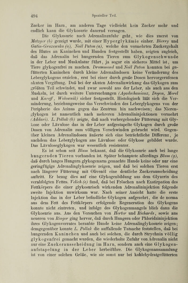 Zucker im Harn, am anderen Tage vielleicht kein Zucker mehr und endlich kann die Glykosurie dauernd versagen. Die Glykosurie nach Adrenalinzufuhr geht, wie dies zuerst von Metzger (b) gezeigt wurde, mit einer Hyperglykämie einher. Bierry und Gatin-Gruzewska (a), Noel Paton (a), welche den vermehrten Zuckergehalt des Blutes an Kaninchen und Hunden festgestellt haben, zeigten zugleich, daß das Adrenalin bei hungernden Tieren zum Glykogenschwunde in der Leber und Muskulatur führt, ja sogar ein sicheres Mittel ist, um Tiere glykogenfrei zu machen. Drummond und Noel Paton konnten bei ge¬ fütterten Kaninchen durch kleine Adrenalindosen keine Veränderung des Leberglykogens erzielen, erst bei einer durch große Dosen hervorgerufenen akuten Vergiftung. Daß bei der akuten Adrenalinwirkung das Glykogen zum größten Teil schwindet, und zwar sowohl aus der Leber, als auch aus den Muskeln, ist durch weitere Untersuchungen (Agadschanianzy Doyon, Morel und Kar eff, Wolownik) sicher festgestellt. Histologisch läßt sich die Ver¬ minderung, beziehungsweise das Verschwinden des Leberglykogens von der Peripherie des Azinus gegen das Zentrum hin nachweisen; das Nieren¬ glykogen ist namentlich nach mehreren Adrenalininjektionen vermehrt (Addari). L. Pollak (b) zeigte, daß nach vorhergehender Fütterung mit Gly- kose oder Lävulose das in der Leber aufgestapelte Glykogen durch große Dosen von Adrenalin zum völligen Verschwinden gebracht wird. Gegen¬ über kleinen Adrenalindosen äußerte sich eine beträchtliche Differenz, je nachdem das Leberglykogen aus Lävulose oder Glykose gebildet wurde. Das Lävuloseglykogen war wesentlich resistenter. Es ist schon seit Blum bekannt, daß die Glykosurie auch bei lange hungernden Tieren vorhanden ist. Später behauptete allerdings Blum (g), daß durch langes Hungern glykogenarm gemachte Hunde keine oder nur eine geringfügige Adrenalinglykosurie zeigen, und daß bei solchen Tieren erst nach längerer Fütterung mit Olivenöl eine deutliche Zuckerausscheidung auftritt. Er bezog dies auf eine Glykogenbildung aus dem Glyzerin des verabfolgten Fettes. Velich(e) fand, daß bei Fröschen nach Exstirpation des Fettkörpers die einer glykosurisch wirkenden Adrenalininjektion folgende zweite Injektion unwirksam war. Nach seiner Ansicht hatte die erste Injektion das in der Leber befindliche Glykogen aufgezehrt, die de norma aus dem Fett des Fettkörpers erfolgende Regeneration des Glykogens konnte nicht eintreten, und infolge des Glykogenmangels blieb dann die Glykosurie aus. Aus den Versuchen von Herter und Richards, sowie aus neueren von Ringer ging hervor, daß durch Hungern oder Phloridzininjektion ihres Glykogenvorrates beraubte Hunde keine Adrenalinglykosurie zeigen; demgegenüber konnte L. Pollak die auffallende Tatsache feststellen, daß bei hungernden Kaninchen und auch bei solchen, die durch Strychnin völlig giyk ogenfrei gemacht wurden, die wiederholte Zufuhr von Adrenalin nicht nur eine Zuckerausscheidung im Harn, sondern auch eine Glykogen¬ aufstapelung in der Leber herbeiführe. Die Glykogenansammlung ist von einer solchen Größe, wie sie sonst nur bei kohlehydratgefütterten