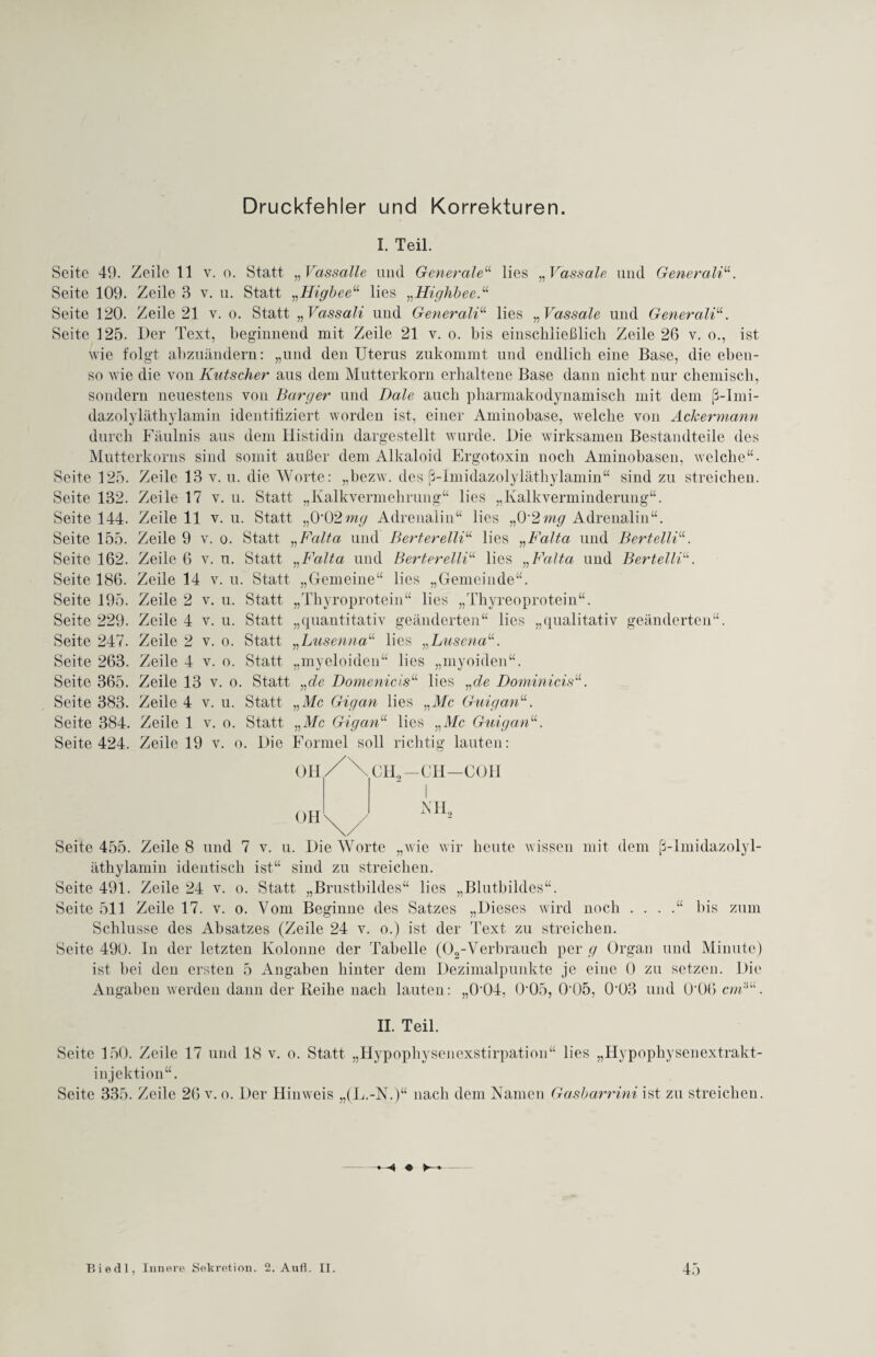 Druckfehler und Korrekturen. I. Teil. Seite 49. Zeile 11 v. o. Statt „Vassalle und Generale“ lies „ Vassale und Generali“. Seite 109. Zeile 3 v. u. Statt „Higbee“ lies „Highbee.“ Seite 120. Zeile 21 v. o. Statt „Vassali und Generali“ lies „ Vassale und Generali“. Seite 125. Der Text, beginnend mit Zeile 21 v. o. bis einschließlich Zeile 26 v. o., ist wie folgt abzuändern: „und den Uterus zukommt und endlich eine Base, die eben¬ so wie die von Kutscher aus dem Mutterkorn erhaltene Base dann nicht nur chemisch, sondern neuestens von Bürger und Dale auch pharmakodynamisch mit dem ß-lmi- dazolyläthylamin identifiziert worden ist, einer Aminobase, welche von Ackermann durch Fäulnis aus dem Histidin dargestellt wurde. Die wirksamen Bestandteile des Mutterkorns sind somit außer dem Alkaloid Ergotoxin noch Aminobasen, welche“. Seite 125. Zeile 13 v. u. die Worte: „bezw. des ß-lmidazolyläthylamin“ sind zu streichen. Seite 132. Zeile 17 v. u. Statt „Kalkvermehrung“ lies „KalkVerminderung“. Seite 144. Zeile 11 v. u. Statt „0'02mg Adrenalin“ lies „0‘2mg Adrenalin“. Seite 155. Zeile 9 v. o. Statt „Falta und Berterelli“ lies „Falta und Bertelli“. Seite 162. Zeile 6 v. u. Statt „Falta und Berterelli“ lies „Falta und Bertelli“. Seite 186. Zeile 14 v. u. Statt „Gemeine“ lies „Gemeinde“. Seite 195. Zeile 2 v. u. Statt „Thyroprotein“ lies „Thyreoprotein“. Seite 229. Zeile 4 v. u. Statt „quantitativ geänderten“ lies „qualitativ geänderten“. Seite 247. Zeile 2 v. o. Statt „Lusenna“ lies „Lusena“. Seite 263. Zeile 4 v. o. Statt „myeloiden“ lies „myoiden“. Seite 365. Zeile 13 v. o. Statt „de Domenicis“ lies „de Dominicisu. Seite 383. Zeile 4 v. u. Statt „Mc Gigan lies „Mc Guigan“. Seite 384. Zeile 1 v. o. Statt. „Mc Gigan“ lies „Mc Guigan“. Seite 424. Zeile 19 v. o. Die Formel soll richtig lauten: OH / \ CH2—CH—COH Seite 455. Zeile 8 und 7 v. u. Die Worte „wie wir heute wissen mit dem ß-lmidazolyl¬ äthylamin identisch ist“ sind zu streichen. Seite 491. Zeile 24 v. o. Statt „Brustbildes“ lies „Blutbildes“. Seite 511 Zeile 17. v. o. Vom Beginne des Satzes „Dieses wird noch . . . .“ bis zum Schlüsse des Absatzes (Zeile 24 v. o.) ist der Text zu streichen. Seite 490. ln der letzten Kolonne der Tabelle (02-Verbrauch per g Organ und Minute) ist bei den ersten 5 Angaben hinter dem Dezimalpunkte je eine 0 zu setzen. Die Angaben werden dann der Heike nach lauten: „0-04, 0 05, 0'05, 0'03 und O'OO cw:i“. II. Teil. Seite 150. Zeile 17 und 18 v. o. Statt „Hypophysenexstirpation“ lies „Hypophysenextrakt¬ injektion“. Seite 335. Zeile 26 v. o. Der Hinweis „(L.-N.)“ nach dem Namen Gasbarrini ist zu streichen.