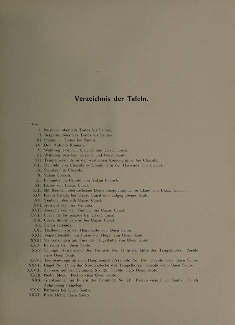 Verzeichnis der Tafeln Tafel I. II. III. IV. V. VI. VII. VIII. IX. X. XI. XII. XIII. XIV. XV. XVI. XVII. XVIII. XIX. XX. XXI. XXII. XXIII. XXIV. XXV. XXVI. XXVII. XXVIII. XXIX. XXX. XXXI. XXXII. Passhöhe oberhalb Todos los Santos. Bergvvald oberhalb Todos los Santos. Strasse in Todos los Santos. Don Antonio Romero. Waldweg zwischen Chacula und Uaxac Canal. Waldweg zwischen Chacula und Qucn Santo. Tempelpyramide in der westlichen Ruinengruppc bei Chacula. Steinbild von Chacula — Steinbild in der Hacienda von Chacula. Steinkopf in Chacula. Yalam bohoch. Pyramide im Urwald von Yalam bohoch. Llano von Uaxac Canal. Mit Bäumen überwachsene kleine Steinpyramide im Llano von Uaxac Canal. Piedra Parada bei Uaxac Canal und aufgegrabenes Grab. Ventana oberhalb Uaxac Canal. Aussicht von der Ventana. Aussicht von der Ventana bei Uaxac Canal. Cueva de los päjaros bei Uaxac Canal. Cueva de los päjaros bei Uaxac Canal. Piedra redonda. Thalboden vor der Hügelkette von Quen Santo. Vegetationsbild am Fusse der Hügel von Quen Santo. Steinsetzun^en am Fuss der Hügelkette von Quen Santo. Barranca bei Quen Santo. Schräge Aussenwand der Terrasse No. 2 1 in der Mitte des Tempelhofes. Pueblo viejo Quen Santo. Treppenwange an dem Haupttempel (Pyramide No. 19). Pueblo viejo Quen Santo. Hügel No. 23 an der Nordwestecke des Tempelhofes. Pueblo viejo Quen Santo. Zypresse auf der Pyramide No. 36. Pueblo viejo Quen Santo. Piedra Mesa. Pueblo viejo Quen Santo. Grabkammer im Innern der Pyramide No. 41. Pueblo viejo Quen Santo. Durch Aufgrabung freigelegt. Barranca bei Quen Santo. Erste Höhle Quen Santo.