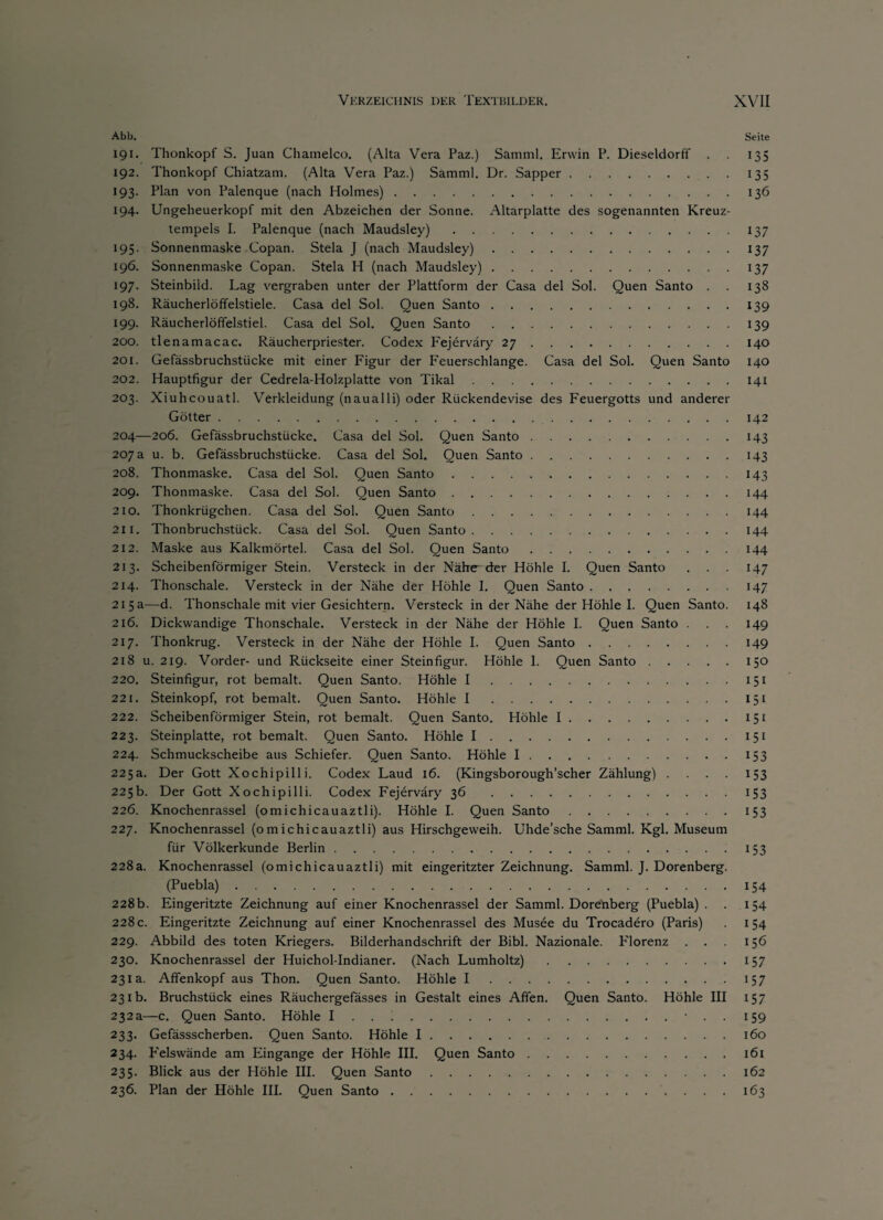 Abb. Seite 191. Thonkopf S. Juan Chamelco. (Alta Vera Paz.) Samml. Erwin P. Dieseldorff . 135 192. Thonkopf Chiatzam. (Alta Vera Paz.) Samml. Dr. Sapper.135 193. Plan von Palenque (nach Holmes).136 194. Ungeheuerkopf mit den Abzeichen der Sonne. Altarplatte des sogenannten Kreuz¬ tempels I. Palenque (nach Maudsley).137 195. Sonnenmaske Copan. Stela J (nach Maudsley).137 196. Sonnenmaske Copan. Stela H (nach Maudsley).137 197. Steinbild. Lag vergraben unter der Plattform der Casa del Sol. Quen Santo . . 138 198. Räucherlöffelstiele. Casa del Sol. Quen Santo.139 199. Räucherlöffelstiel. Casa del Sol. Quen Santo.139 200. tlenamacac. Räucherpriester. Codex Fejerväry 27.140 201. Gefässbruchstücke mit einer Figur der Feuerschlange. Casa del Sol. Quen Santo 140 202. Hauptfigur der Cedrela-Holzplatte von Tikal.141 203. Xiuhcouatl. Verkleidung (naualli) oder Rückendevise des Feuergotts und anderer Götter.142 204—206. Gefässbruchstücke. Casa del Sol. Quen Santo.143 207 a u. b. Gefässbruchstücke. Casa del Sol. Quen Santo.143 208. Thonmaske. Casa del Sol. Quen Santo.143 209. Thonmaske. Casa del Sol. Quen Santo.144 210. Thonkrügchen. Casa del Sol. Quen Santo.144 211. Thonbruchstück. Casa del Sol. Quen Santo.144 212. Maske aus Kalkmörtel. Casa del Sol. Quen Santo.144 213. Scheibenförmiger Stein. Versteck in der Nähe cfer Höhle I. Quen Santo . . . 147 214. Thonschale. Versteck in der Nähe der Höhle I. Quen Santo.147 215 a—d. Thonschale mit vier Gesichtern. Versteck in der Nähe der Höhle I. Quen Santo. 148 216. Dickwandige Thonschale. Versteck in der Nähe der Höhle I. Quen Santo . . . 149 217. Thonkrug. Versteck in der Nähe der Höhle I. Quen Santo.149 218 u. 219. Vorder- und Rückseite einer Steinfigur. Höhle 1. Quen Santo.150 220. Steinfigur, rot bemalt. Quen Santo. Höhle I.151 221. Steinkopf, rot bemalt. Quen Santo. Höhle I.151 222. Scheibenförmiger Stein, rot bemalt. Quen Santo. Höhle I.151 223. Steinplatte, rot bemalt. Quen Santo. Höhle I.151 224. Schmuckscheibe aus Schiefer. Quen Santo. Höhle I.153 225a. Der Gott Xochipilli. Codex Laud 16. (Kingsborough’scher Zählung) .... 153 225b. Der Gott Xochipilli. Codex Fejerväry 36 153 226. Knochenrassel (omichicauaztli). Höhle I. Quen Santo.153 227. Knochenrassel (omichicauaztli) aus Hirschgeweih. Uhde’sche Samml. Kgl. Museum für Völkerkunde Berlin.153 228a. Knochenrassel (omichicauaztli) mit eingeritzter Zeichnung. Samml. J. Dorenberg. (Puebla).154 228b. Eingeritzte Zeichnung auf einer Knochenrassel der Samml. Dorenberg (Puebla) . . 154 228 c. Eingeritzte Zeichnung auf einer Knochenrassel des Musee du Trocadero (Paris) . 154 229. Abbild des toten Kriegers. Bilderhandschrift der Bibi. Nazionale. Florenz . . . 156 230. Knochenrassel der Huichol-Indianer. (Nach Lumholtz).157 231a. Affenkopf aus Thon. Quen Santo. Höhle I.157 231b. Bruchstück eines Räuchergefässes in Gestalt eines Affen. Quen Santo. Höhle III 157 232a—c. Quen Santo. Höhle I . . i. 159 233. Gefässscherben. Quen Santo. Höhle I.160 234. Felswände am Eingänge der Höhle III. Quen Santo.161 235. Blick aus der Höhle III. Quen Santo.162 236. Plan der Höhle III. Quen Santo.163