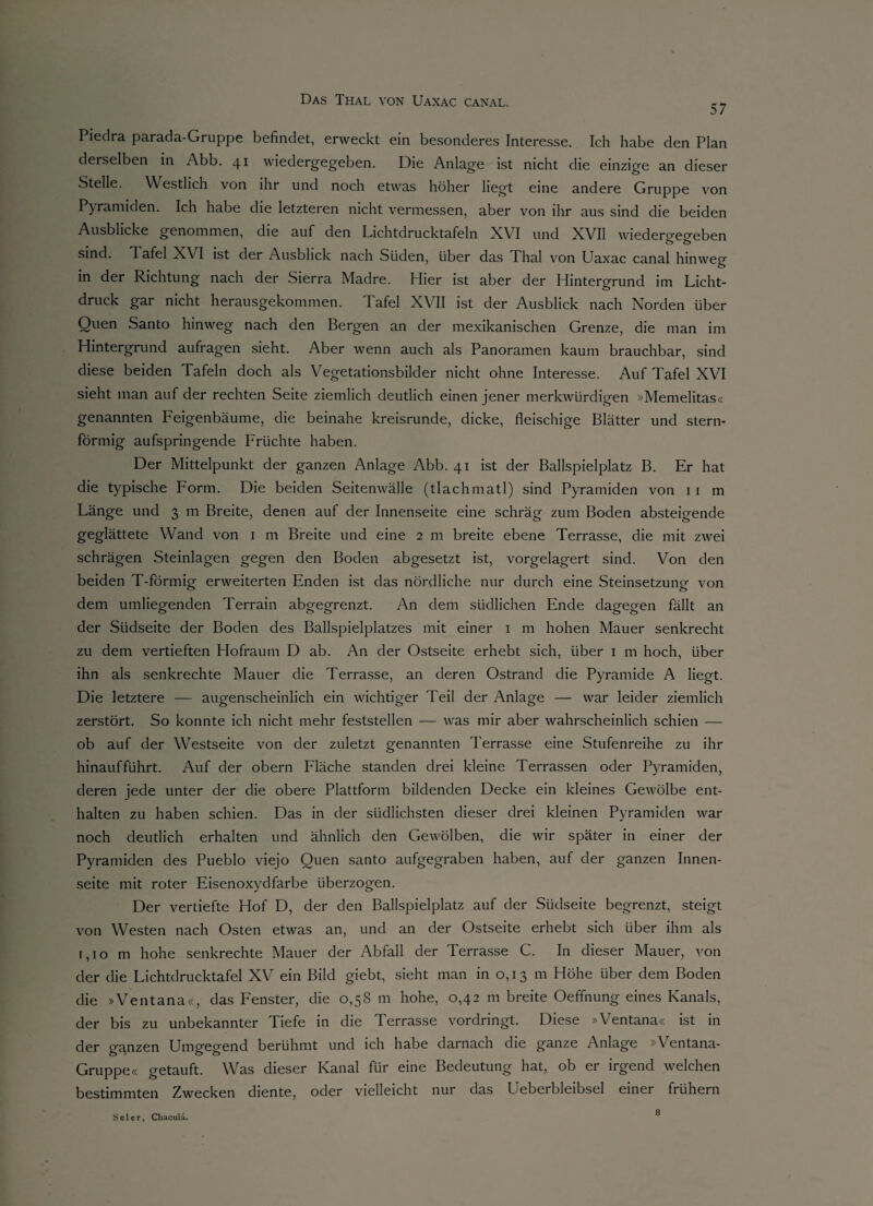 57 Piedra parada-Gruppe befindet, erweckt ein besonderes Interesse. Ich habe den Plan derselben in Abb. 41 wiedergegeben. Die Anlage ist nicht die einzige an dieser Stelle. Westlich von ihr und noch etwas höher liegt eine andere Gruppe von Pyramiden. Ich habe die letzteren nicht vermessen, aber von ihr aus sind die beiden Ausblicke genommen, die auf den Lichtdrucktafeln XVI und XVII wiedergegeben sind. Tafel XVI ist der Ausblick nach Süden, über das Thal von Uaxac canal hinweg in der Richtung nach der Sierra Madre. Hier ist aber der Hintergrund im Licht¬ druck gar nicht herausgekommen. Tafel XVII ist der Ausblick nach Norden über Ouen Santo hinweg nach den Bergen an der mexikanischen Grenze, die man im Hintergrund aufragen sieht. Aber wenn auch als Panoramen kaum brauchbar, sind diese beiden Tafeln doch als Vegetationsbilder nicht ohne Interesse. Auf Tafel XVI sieht man auf der rechten Seite ziemlich deutlich einen jener merkwürdigen »Memelitas« genannten Feigenbäume, die beinahe kreisrunde, dicke, fleischige Blätter und stern¬ förmig aufspringende Früchte haben. Der Mittelpunkt der ganzen Anlage Abb. 41 ist der Ballspielplatz B. Er hat die typische Form. Die beiden Seitenwälle (tlachmatl) sind Pyramiden von 11 m Länge und 3 m Breite, denen auf der Innenseite eine schräg zum Boden absteigende geglättete Wand von 1 m Breite und eine 2 m breite ebene Terrasse, die mit zwei schrägen Steinlagen gegen den Boden abgesetzt ist, vorgelagert sind. Von den beiden T-förmig erweiterten Enden ist das nördliche nur durch eine Steinsetzung von dem umliegenden Terrain abgegrenzt. An dem südlichen Ende dagegen fällt an der Südseite der Boden des Ballspielplatzes mit einer 1 m hohen Mauer senkrecht zu dem vertieften Hofraum D ab. An der Ostseite erhebt sich, über 1 m hoch, über ihn als senkrechte Mauer die Terrasse, an deren Ostrand die Pyramide A liegt. Die letztere — augenscheinlich ein wichtiger Teil der Anlage — war leider ziemlich zerstört. So konnte ich nicht mehr feststellen — was mir aber wahrscheinlich schien — ob auf der Westseite von der zuletzt genannten Terrasse eine Stufenreihe zu ihr hinauf führt. Auf der obern Fläche standen drei kleine Terrassen oder Pyramiden, deren jede unter der die obere Plattform bildenden Decke ein kleines Gewölbe ent¬ halten zu haben schien. Das in der südlichsten dieser drei kleinen Pyramiden war noch deutlich erhalten und ähnlich den Gewölben, die wir später in einer der Pyramiden des Pueblo viejo Quen santo aufgegraben haben, auf der ganzen Innen¬ seite mit roter Eisenoxyd färbe überzogen. Der vertiefte Hof D, der den Ballspielplatz auf der Südseite begrenzt, steigt von Westen nach Osten etwas an, und an der Ostseite erhebt sich über ihm als 1,10 m hohe senkrechte Mauer der Abfall der Terrasse C. In dieser Mauer, von der die Lichtdrucktafel XV ein Bild giebt, sieht man in o, 13 m Höhe über dem Boden die »Ventana«, das Fenster, die 0,58 m hohe, 0,42 m breite Oeffnung eines Kanals, der bis zu unbekannter Tiefe in die Terrasse vordringt. Diese »Ventana« ist in der ganzen Umgegend berühmt und ich habe darnach die ganze Anlage »Ventana- Gruppe« getauft. Was dieser Kanal für eine Bedeutung hat, ob er irgend welchen bestimmten Zwecken diente, oder vielleicht nur das Ueberbleibsel einer frühem Selcr, Chacula. 8