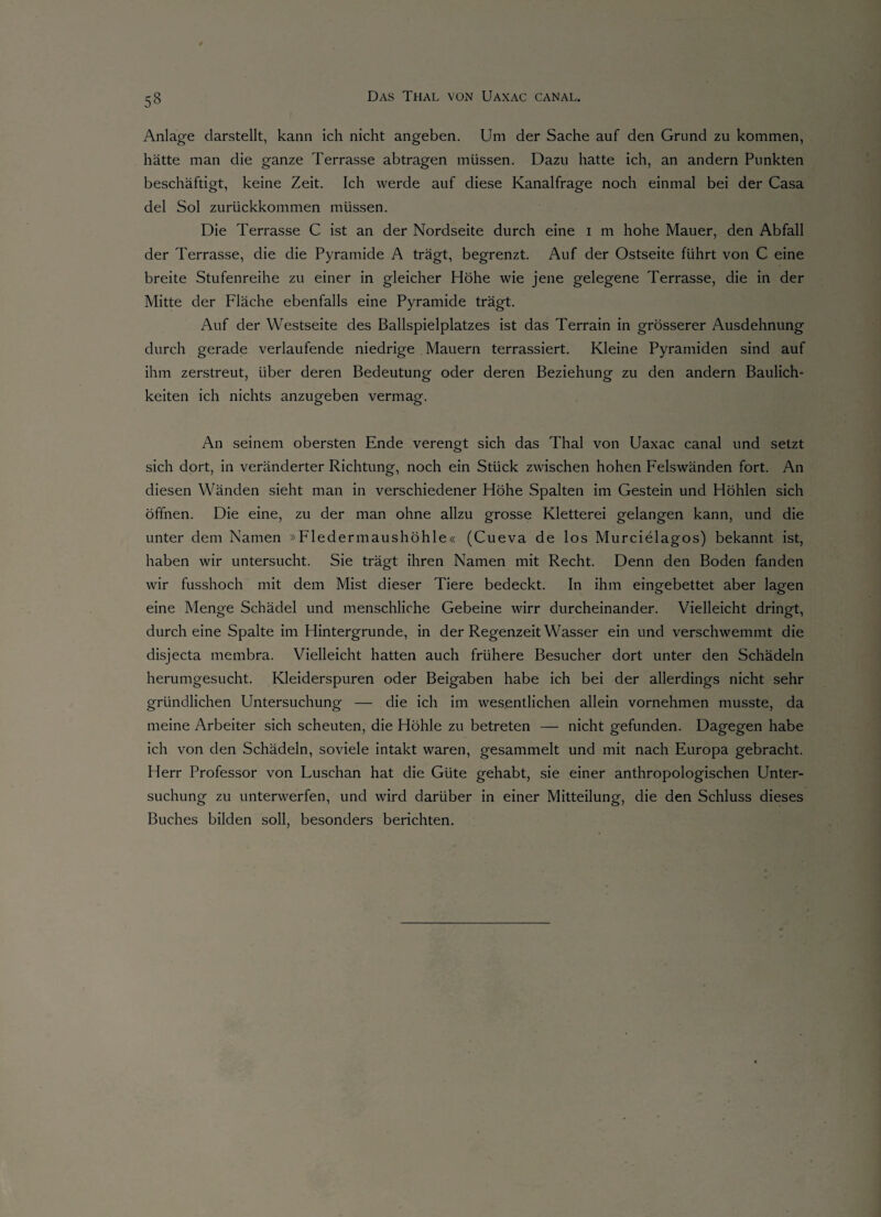 53 Anlage darstellt, kann ich nicht angeben. Um der Sache auf den Grund zu kommen, hätte man die ganze Terrasse abtragen müssen. Dazu hatte ich, an andern Punkten beschäftigt, keine Zeit. Ich werde auf diese Kanalfrage noch einmal bei der Casa del Sol zurückkommen müssen. Die Terrasse C ist an der Nordseite durch eine i m hohe Mauer, den Abfall der Terrasse, die die Pyramide A trägt, begrenzt. Auf der Ostseite führt von C eine breite Stufenreihe zu einer in gleicher Höhe wie jene gelegene Terrasse, die in der Mitte der Fläche ebenfalls eine Pyramide trägt. Auf der Westseite des Ballspielplatzes ist das Terrain in grösserer Ausdehnung durch gerade verlaufende niedrige Mauern terrassiert. Kleine Pyramiden sind auf ihm zerstreut, über deren Bedeutung oder deren Beziehung zu den andern Baulich¬ keiten ich nichts anzugeben vermag. An seinem obersten Ende verengt sich das Thal von Uaxac canal und setzt sich dort, in veränderter Richtung, noch ein Stück zwischen hohen Felswänden fort. An diesen Wänden sieht man in verschiedener Höhe Spalten im Gestein und Höhlen sich öffnen. Die eine, zu der man ohne allzu grosse Kletterei gelangen kann, und die unter dem Namen »Fledermaushöhle« (Cueva de los Murcielagos) bekannt ist, haben wir untersucht. Sie trägt ihren Namen mit Recht. Denn den Boden fanden wir fusshoch mit dem Mist dieser Tiere bedeckt. In ihm eingebettet aber lagen eine Menge Schädel und menschliche Gebeine wirr durcheinander. Vielleicht dringt, durch eine Spalte im Hintergründe, in der Regenzeit Wasser ein und verschwemmt die disjecta membra. Vielleicht hatten auch frühere Besucher dort unter den Schädeln herumgesucht. Kleiderspuren oder Beigaben habe ich bei der allerdings nicht sehr gründlichen Untersuchung — die ich im wesentlichen allein vornehmen musste, da meine Arbeiter sich scheuten, die Höhle zu betreten — nicht gefunden. Dagegen habe ich von den Schädeln, soviele intakt waren, gesammelt und mit nach Europa gebracht. Herr Professor von Lusehan hat die Güte gehabt, sie einer anthropologischen Unter¬ suchung zu unterwerfen, und wird darüber in einer Mitteilung, die den Schluss dieses Buches bilden soll, besonders berichten.
