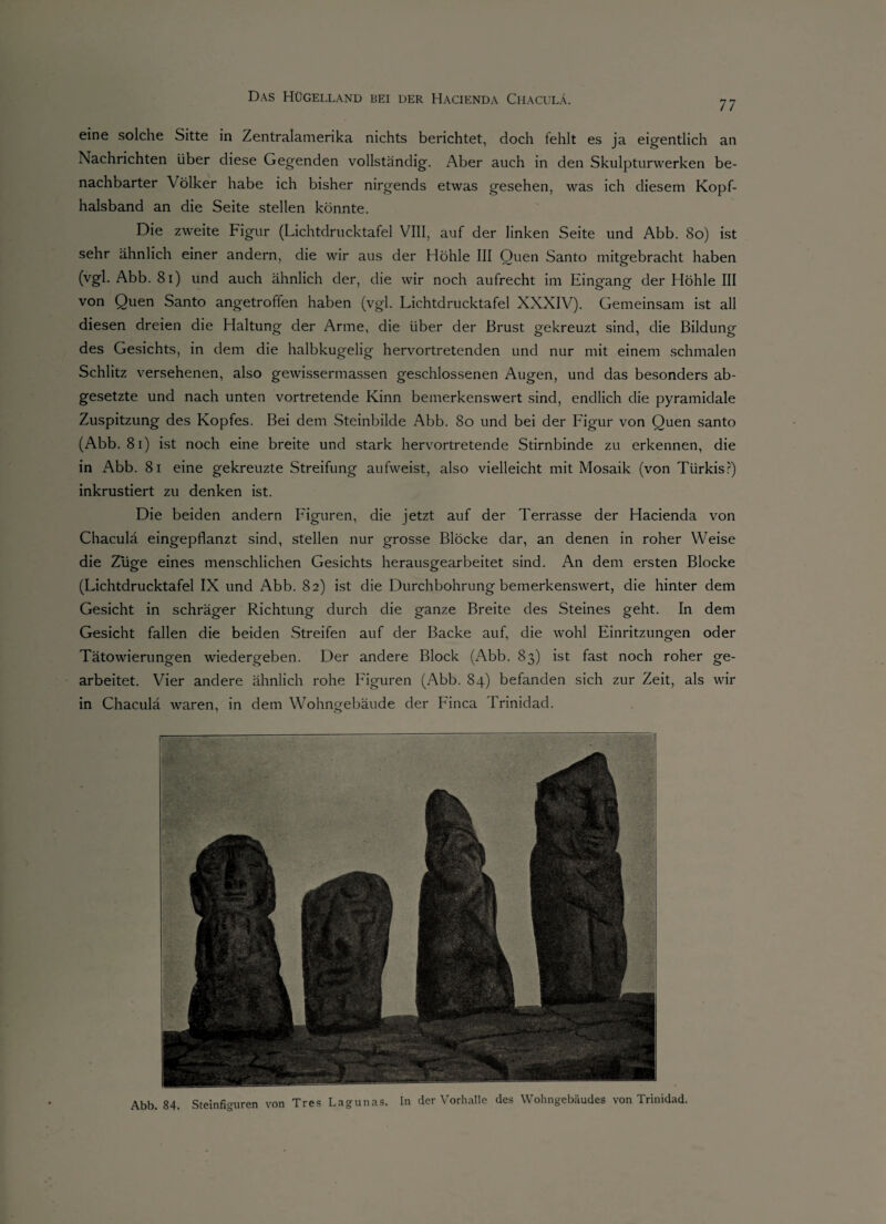 77 eine solche Sitte in Zentralamerika nichts berichtet, doch fehlt es ja eigentlich an Nachrichten über diese Gegenden vollständig. Aber auch in den Skulpturwerken be¬ nachbarter Völker habe ich bisher nirgends etwas gesehen, was ich diesem Kopf¬ halsband an die Seite stellen könnte. Die zweite Figur (Lichtdrucktafel VIII, auf der linken Seite und Abb. 80) ist sehr ähnlich einer andern, die wir aus der Höhle III Ouen Santo mitgebracht haben (vgl. Abb. 81) und auch ähnlich der, die wir noch aufrecht im Eingang der Höhle III von Quen Santo angetroffen haben (vgl. Lichtdrucktafel XXXIV). Gemeinsam ist all diesen dreien die Haltung der Arme, die über der Brust gekreuzt sind, die Bildung des Gesichts, in dem die halbkugelig hervortretenden und nur mit einem schmalen Schlitz versehenen, also gewissermassen geschlossenen Augen, und das besonders ab¬ gesetzte und nach unten vortretende Kinn bemerkenswert sind, endlich die pyramidale Zuspitzung des Kopfes. Bei dem Steinbilde Abb. 80 und bei der Figur von Ouen santo (Abb. 81) ist noch eine breite und stark hervortretende Stirnbinde zu erkennen, die in Abb. 81 eine gekreuzte Streifung aufweist, also vielleicht mit Mosaik (von Türkis?) inkrustiert zu denken ist. Die beiden andern Figuren, die jetzt auf der Terrasse der Hacienda von Chaculä eingepflanzt sind, stellen nur grosse Blöcke dar, an denen in roher Weise die Zuge eines menschlichen Gesichts herausgearbeitet sind. An dem ersten Blocke (Lichtdrucktafel IX und Abb. 82) ist die Durchbohrung bemerkenswert, die hinter dem Gesicht in schräger Richtung durch die ganze Breite des Steines geht. In dem Gesicht fallen die beiden Streifen auf der Backe auf, die wohl Einritzungen oder Tätowierungen wiedergeben. Der andere Block (Abb. 83) ist fast noch roher ge¬ arbeitet. Vier andere ähnlich rohe Figuren (Abb. 84) befanden sich zur Zeit, als wir in Chaculä waren, in dem Wohngebäude der Finca Trinidad. o Abb. 84. Steinfiguren von Tres Lagunas. In der Vorhalle des Wohngebäudes von Trinidad.