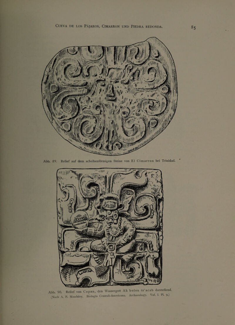 Abb. 89. Relief auf dem scheibenförmigen Steine von El Cimarron bei Trinidad. Abb. 90. Relief von Co pan, den Wassergott Ahbolontz’acab darstellend (Nach A. P. Maudsley. Biologia Centrali-Americana. Archaeology. Vol. I. PI. 9.)