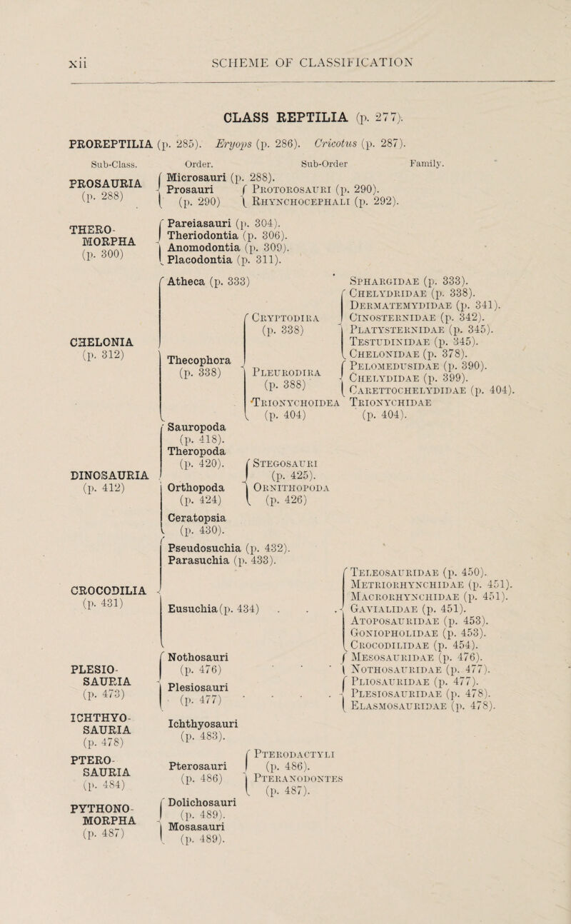 CLASS REPTILIA (p. 277). PROREPTILIA (p. 285). Eryops (p. 286). Cricotus (p. 287). Sub-Class. Order. Sub-Order Family. PROSATTRIA [ Microsauri (P- 288)- ir'KUbAUiuii prosauri f Peotobosauei (p. 290). { (p. 290) \ Rhynchocephali (p. 292). (p. 288) THERO- MORPHA (p. 300) CHELONIA (p. 312) CROCODILIA (p. 431) PLESIO- SAURIA (p. 473) XCHTHYO- SAURIA (p. 478) PTERO SAURIA (p. 484) PYTHONO- MORPHA (p. 487) Pareiasauri (p. 304). Theriodontia (p. 306). Anomodontia (p. 309). Placodontia (p. 311). Atheca (p. 333) Thecophora (p. 338) Ceyptodiea (p. 338) DINOSAURIA (p. 412) ( Stegosauri J (p. 425). | Obnitiiopoda l (p. 426) Sauropoda (p. 418). Theropoda (p. 420). Orthopoda (p. 424) Ceratopsia (p. 430). Pseudosuchia (p. 432). Parasuchia (p. 433). Eusuchia(p. 434) r Nothosauri (p. 476) I Plesiosauri | (P- 477) Ichthyosauri (p. 483). Pterosauri (p. 486) f Dolichosauri J (P- 489). | Mosasauri [ (p. 489). Pleueodiea (p. 388) ■TeIONY'CHOIDEA V (p. 404) Sphaegidae (p. 333). f Chelydeidae (p. 338). Deematemydidae (p. 341). ClNOSTEENIDAE (p. 342). PLATYSTEENII)AE (p. 345). Testudiyidae (p. 345). Chelonidae (p. 378). Pelomedusidae (p. 390). Chelydidae (p. 399). Caeettochely^didae (p. 404). Teionychidae (p. 404). / r Teleosaueidae (p. 450). Meteioehynchidae (p. 451). Maceoehynchidae (p. 451). Gayialidae (p. 451). Atoposaueidae (p. 453). Goniopholidae (p. 453). Ceocodilidae (p. 454). f Mesosaueidae (p. 476). \ Nothosaiteidae (p. 477). f Pliosaueidae (p. 477). - Plesiosaueidae (p. 478). [ Elasmosaueieae (p. 478). T Pteeodactyli J (p. 486). i Pteeanodonte l (p- 487).