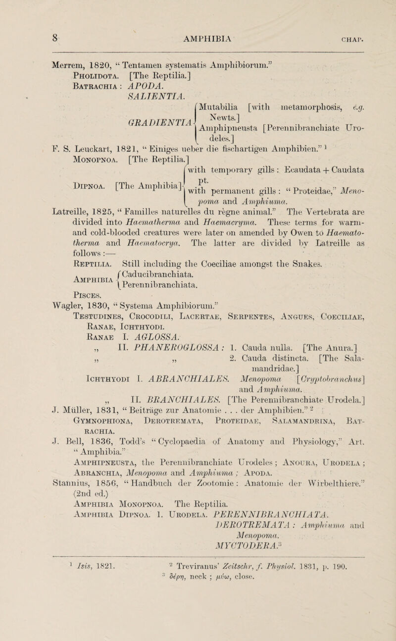 Merrem, 1820, “ Tentamen systematis Amphibiorum.” Pholidota. [The Reptilia.] Batrachia : APODA. SALIENT!A. GRADIENT!A H. IJipnoa. [The Amphibia] [ Mutabilia [with metamorphosis, e.g. Newts.] Amphipneusta [Perennibranchiate Uro- I deles.] F. S. Leuckart, 1821, “ Einiges ueber die fischartigen Amphibien.”1 Monopnoa. [The Reptilia.] with temporary gills : Ecandata + Caudata pt. with permanent gills : “ Proteidae,” Meno¬ poma and Amphiuma. Latreille, 1825, “Families naturelles du regne animal.” The Yertebrata are divided into Haematlierma and Haemacryma. These terms for warm- and cold-blooded creatures were later on amended by Owen to Haemato- therma and Haematocrya. The latter are divided by Latreille as follows :—- Reptilia. Still including the Coeciliae amongst the Snakes. . f Caducibranchiata. Amphibia ' .. , . , [Perennibranchiata. Pisces. Wagler, 1830, “ Systema Amphibiorum.” Testudines, Crocodili, Lacertae, Serpentes, Angues, Coeciliae, Ranae, Ichthyodi. Ranae I. AGLOSSA. „ II. PH A NEE 0 GL OSSA : 1. Cauda nulla. [The Anura.] „ „ 2. Cauda distincta. [The Sala- mandridae.] Ichthyodi I. ABRANCHIALES. Menopoma [Cryptobranchus] and A mphiuma. „ II. BRA N CHI ALES. [The Perennibranchiate Urodela.] J. Muller, 1831, “ Beitrage zur Anatomie . . . der Amphibien.”- Gymnophiona, Derotremata, Proteidae, Salamandrina, Bat¬ rachia. J. Bell, 1836, Todd’s “Cyclopaedia of Anatomy and Physiology,” Art. “ Amphibia.” Amphipneusta, the Perennibranchiate Urodeles ; Anoura, Urodela; Abranchia, Menopoma and Amphiuma; Apoda. Stannius, 1856, “ Handbuch der Zootomie: Anatomie der Wirbelthiere.” (2nd ed.) Amphibia Monopnoa. The Reptilia. Amphibia Dipnoa. 1. Urodela. PERENNLBRANGHIA TA. DEROTREMATA : Amphiuma and M enopoma. MYC TOD ERAS 1 Isis, 1821. “ Treviranus’ Zcitschr, f. Physiol. 1831, p. 190. depy, neck ; yvcj, close.