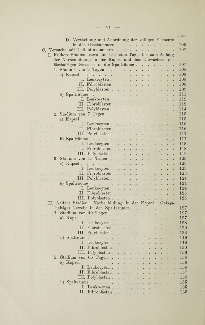 VI Seite D. Vertheilung und Anordnung der zelligen Elemente in den Glaskammern.105 C. Versuche mit Celloidinkammern.107 I. Frühere Stadien, etwa die 1 5 ersten Tage, bis zum Anfang der Narbenbildung in der Kapsel und dem Einwacbsen ge- fässhaltigen Gewebes in die Spalträume.107 1. Stadium von 3 Tagen.108 a) Kapsel ..108 I. Leukocyten.108 II. Fibroblasten.108 III. Polyblasten.109 b) Spalträume.111 I. Leukocyten.112 II. Fibroblasten.112 III. Polyblasten.114 2. Stadium von 7 Tagen.115 a) Kapsel.115 I. Leukocyten. 116 II. Fibroblasten.. . 116 III. Polyblasten.. . 117 b) Spalträume.117 I. Leukocyten.118 II. Fibroblasten.* . . 118 III. Polyblasten.119 3. Stadium von 15 Tagen.123 a) Kapsel.123 I. Leukocyten.123 II. Fibroblasten.123 III. Polyblasten.124 b) Spalträume.124 I. Leukocyten. ... 124 II. Fibroblasten.125 III. Polyblasten.126 II. Aeltere Stadien. Narbenbildung in der Kapsel. Gefäss- haltiges Gewebe in den Spalträumen.127 1. Stadium von 40 Tagen ..127 a) Kapsel.127 I. Leukocyten.128 II. Fibroblasten.129 III. Polyblasten.133 b) Spalträume.149 I. Leukocyten.149 II. Fibroblasten.150 III. Polyblasten ..153 2. Stadium von 65 Tagen.156 a) Kapsel.156 I. Leukocyten.156 II. Fibroblasten.157 III. Polyblasten.158 b) Spalträume. 165 I. Leukocyten.165