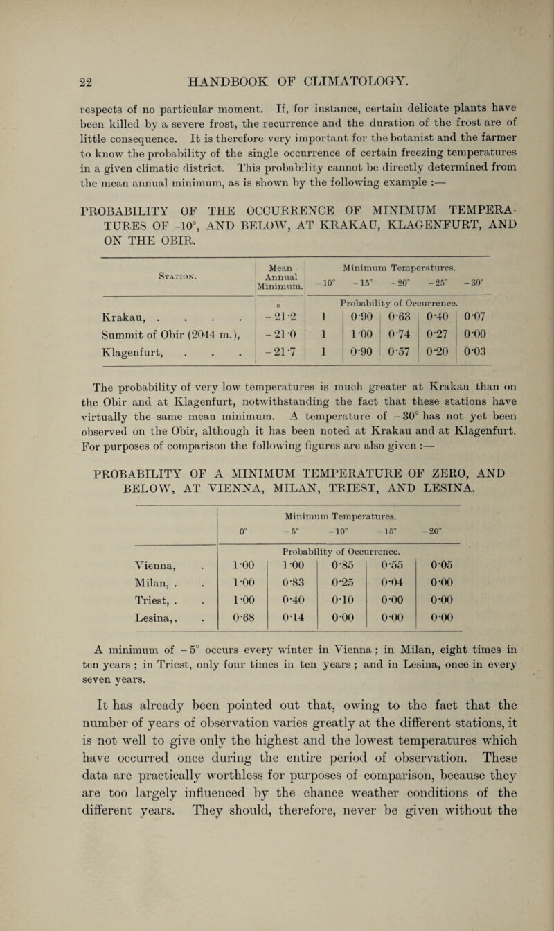 respects of no particular moment. If, for instance, certain delicate plants have been killed by a severe frost, the recurrence and the duration of the frost are of little consequence. It is therefore very important for the botanist and the farmer to know the probability of the single occurrence of certain freezing temperatures in a given climatic district. This probability cannot be directly determined from the mean annual minimum, as is shown by the following example :— PROBABILITY OF THE OCCURRENCE OF MINIMUM TEMPERA¬ TURES OF -10°, AND BELOW, AT KRAKAU, KLAGENFURT, AND ON THE OBIR. Station. Mean Annual Minimum. -10° Minimum Temperatures. -15° -20° -25° -30° O Probability of Occurrence. Krakau, .... -21-2 1 0-90 0-63 0-40 0-07 Summit of Obir (2044 m.), -210 1 1-00 0 74 0 27 o-oo Klagenfurt, -217 1 0-90 0*57 0 20 0 03 The probability of very low temperatures is much greater at Krakau than on the Obir and at Klagenfurt, notwithstanding the fact that these stations have virtually the same mean minimum. A temperature of - 30° has not yet been observed on the Obir, although it has been noted at Krakau and at Klagenfurt. For purposes of comparison the following figures are also given :— PROBABILITY OF A MINIMUM TEMPERATURE OF ZERO, AND BELOW, AT VIENNA, MILAN, TRIEST, AND LESINA. Minimum Temperatures. 0° -5° -10° -15° -20° Probability of Occurrence. Vienna, 1-00 1-00 0-85 0-55 0-05 Milan, . 1-00 0-83 0-25 0*04 o-oo Triest, . 1-00 0-40 070 o-oo o-oo Lesina,. 0-68 074 o-oo o-oo o-oo A minimum of - 5° occurs every winter in Vienna; in Milan, eight times in ten years ; in Triest, only four times in ten years ; and in Lesina, once in every seven years. It has already been pointed out that, owing to the fact that the number of years of observation varies greatly at the different stations, it is not well to give only the highest and the lowest temperatures which have occurred once during the entire period of observation. These data are practically worthless for purposes of comparison, because they are too largely influenced by the chance weather conditions of the different years. They should, therefore, never be given without the