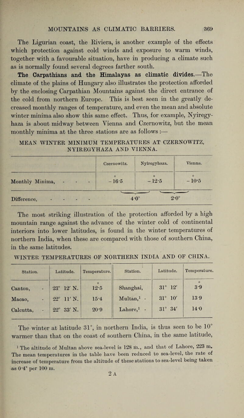 The Ligurian coast, the Riviera, is another example of the effects which protection against cold winds and exposure to warm winds, together with a favourable situation, have in producing a climate such as is normally found several degrees farther south. The Carpathians and the Himalayas as climatic divides.—The climate of the plains of Hungary also illustrates the protection afforded by the enclosing Carpathian Mountains against the direct entrance of the cold from northern Europe. This is best seen in the greatly de¬ creased monthly ranges of temperature, and even the mean and absolute winter minima also show this same effect. Thus, for example, Nyiregy- haza is about midway between Vienna and Czernowitz, but the mean monthly minima at the three stations are as follows :— MEAN WINTER MINIMUM TEMPERATURES AT CZERNOWITZ, NYIREGYHAZA AND VIENNA. Czernowitz. Nyiregyhaza. Vienna. Monthly Minima, - - 0 -16-5 O -12-5 O -10-5 Difference, - - 4-0° 2-0° The most striking illustration of the protection afforded by a high mountain range against the advance of the winter cold of continental interiors into lower latitudes, is found in the winter temperatures of northern India, when these are compared with those of southern China, in the same latitudes. WINTER TEMPERATURES OF NORTHERN INDIA AND OF CBINA. Station. Latitude. Temperature. [ Station. Latitude. Temperature. Canton, 23° 12'N. O 12-5 Shanghai, 31° 12' O 3-9 Macao, 22° 11' N. 15-4 Multan,1 - 31° 10' 13 9 Calcutta, 22° 33' N. 20-9 Lahore,1 - 31° 34' 14-0 The winter at latitude 31°, in northern India, is thus seen to be 10 warmer than that on the coast of southern China, in the same latitude, 1 The altitude of Multan above sea-level is 128 m., and that of Lahore, 223 rn. The mean temperatures in the table have been reduced to sea-level, the rate of increase of temperature from the altitude of these stations to sea-level being taken ns 0'4° per 100 m. 2 A