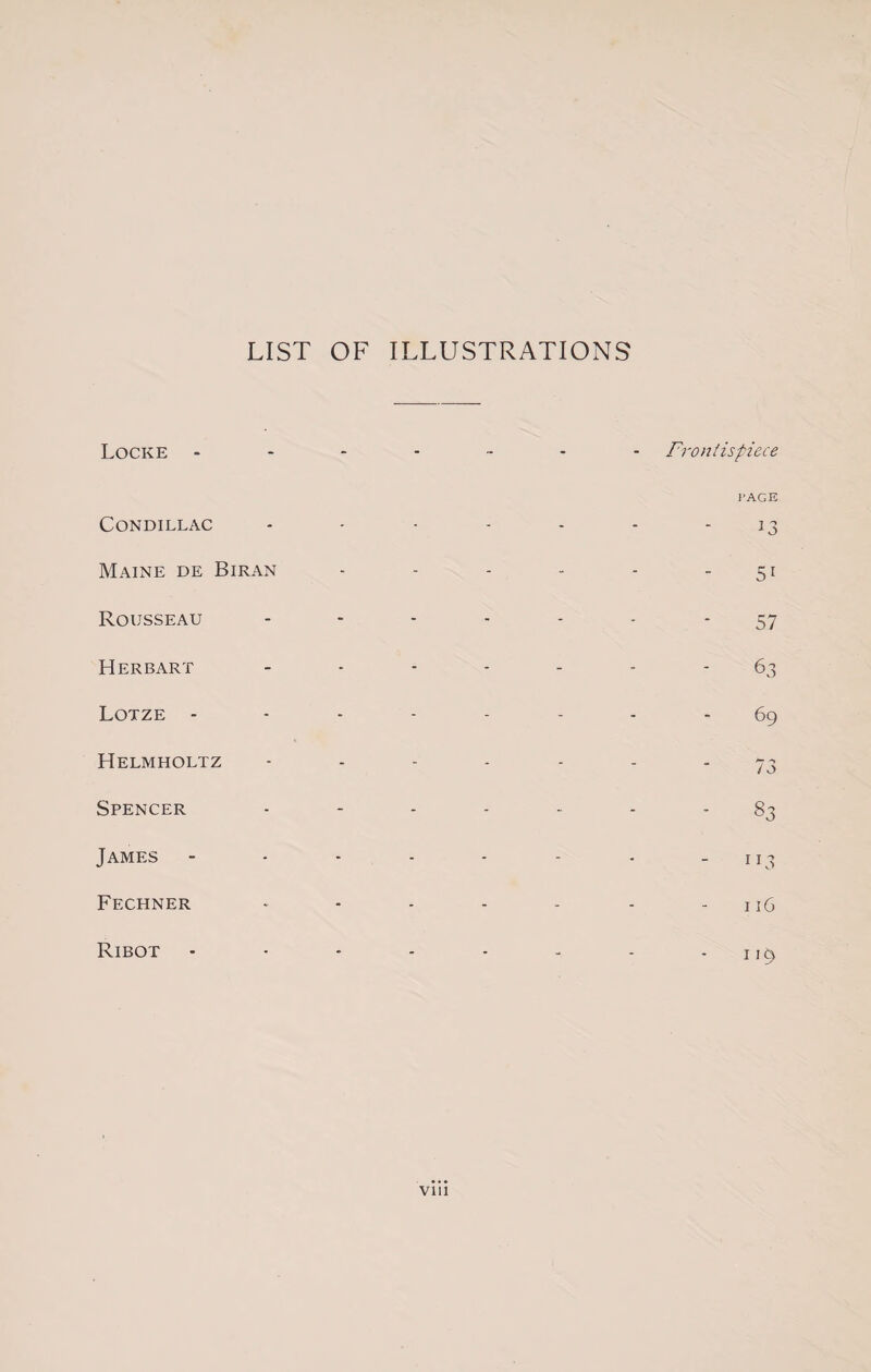 LIST OF ILLUSTRATIONS Locke - - - - ~ - Frontispiece PAGE Condillac - - - - - J3 Maine de Biran - - - - 5i Rousseau - - - - - 57 Her bart * - - - - 63 Lotze - - - - - 69 Helmholtz - - - - - 73 Spencer - - - - - - 83 James * - - - - - r 13 Fechner * - - - - 116 Ribot • - - - - I 19 Jr. Vlll