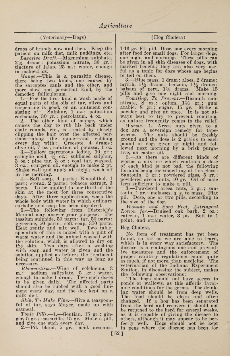 (Y eterinary—Dogs) drops of brandy now and then. Keep the patient on milk diet, milk puddings, etc. Laxative Draft.—Magnesium sulphate, 2y2 drams; potassium nitrate, 30 gr.; tincture of jalap, 25 m.; water, enough to make^ 1 oz. Mange.—This is a parasitic disease, there being two kinds, one caused by the sarcoptes canis and the. other, and more slow and persistent kind, by the demodex folliculorum. 1. —For the first kind a wash made of equal parts of the oils of tar, olives and turpentine is good, or an ointment con¬ sisting of: Sulphur, 1 oz.; potassium carbonate, 30 gr.; petrolatum, 4 oz. 2. —The other kind of mange, which causes the dog to rub his back under chair rounds, etc., is treated by closely clipping the hair over the affected por¬ tions—along the spine—and rubbing every day with: Creosote, 4 drams; olive oil, 7 oz.; solution of potassa, 1 oz. 3. —Yellow mercurous iodide, 10 gr.; salicylic acid, )4 oz.; sublimed sulphur, 3 oz.; pine tar, 3 oz.; coal tar, washed, 3 oz.; sturgeon oil, enough to make 2 pt. Shake well and apply at night; wash off in the morning. 4. —Soft soap, 4 parts; B-naphthol, 1 part; storax, 2 parts; tobacco extract, 3 parts. To be applied to one-third of the skin at the most for three consecutive days. After three applications, wash the whole body with water in which ordinary carbolic acid soap has been dissolved. 5. —The following from Dieterich’s Manual may answer your purpose : Po¬ tassium sulphide, 50 parts; tar, 50 parts; glycerine, 50 parts; soft soap, 350 parts. Heat gently and mix well. Two table¬ spoonfuls of this is mixed with a pint of warm water and the animal washed with the solution, which is allowed to dry on the skin. Two days after a washing with soap and water is given and the solution applied as before; the treatment being continued in this way as long as necessary. Rheumatism.—Wine of colcliicum, 3 m.; sodium salicylate, 5 gr.; water, enough to make 1 dram. Two such doses to be given daily. The affected parts should also be rubbed with a good lini¬ ment every day, and the dog kept on a milk diet. SItin, To Make Fine.—Give a teaspoon¬ ful of tar, says Mayer, made up with oatmeal. Tonic Pills.—1.—Gentian, 15 gr.; gin¬ ger, 5 gr.; cascarilla, 15 gr. Make a pill, and give one such every day. 2.—Pil. blaud, 5 gr.; acid, arsenios. (Hog Cholera) 1-16 gr. Ft. pill. Dose, one every morning after food for small dogs. For larger dogs, one night and morning. These pills can be given in all skin diseases of dogs, with marked benefit; they are also very use¬ ful as a tonic for dogs whose age begins to tell on them. 3.—Blue mass, 1 dram ; aloes, 2 drams ; myrrh, 1% drams; benzoin, 1% drams; balsam of peru, 1)4 drams. Make 15 pills and give one night and morning. Vomiting, To Prevent.—Bismuth sub¬ nitrate, 8 oz.; opium, 1)4 gr.; gum arabic, 8 gr.; sugar, 15 gr. Make a powder and give at once. It-is not al¬ ways best to try to prevent vomiting, as nature frequently comes to the relief. Worms.—1.—Areca nuts given to a dog are a sovereign remedy for tape¬ worms. The nuts should be freshly ground and the dose is 2 grains to each pound of dog, given at night and fol¬ lowed next morning by a brisk purga¬ tive, as castor oil. 2. —As there are different kinds of worms a mixture which contains a dose of each kind is not bad, the following formula being for something of this class : Santonin, 2 gr.; powdered glass, 5 gr.; powdered areca nuts, 10 gr. Oil of male fern sufficient to make a pill. 3. —Powdered areca nuts, 5 gr.; san¬ tonin, 1 gr.; molasses, q. s. to mass. Fiat pil. Dose, one or two pills, according to the size of the dog. Wounds and Sore Feet, Astringent Lotion for.—Bruised oak bark, 2 oz.; catechu, 1 oz.; water, 3 pt. Boil to 1 point, and strain. Hog Cholera. No form of treatment has yet been found, so far as we are able to learn, which is in every way satisfactory. The disease is a contagious one and prevent¬ ive measures and the enforcement of proper sanitary regulations count quite as much, if not more, than medicine. The veterinarian of the Indiana Experiment Station, in discussing the subject, makes the following observations: “The hogs should not have access to ponds or wallows, as this affords favor¬ able conditions for the germs. The drink¬ ing water should be from deep wells. The food should be clean and often changed. If a hog has been separated from the herd and recovers it should not be returned to the herd for several weeks, as it is capable of giving the disease to others, although it may appear to be per¬ fectly well. Hogs should not be kept in pens where the disease has been for [52]