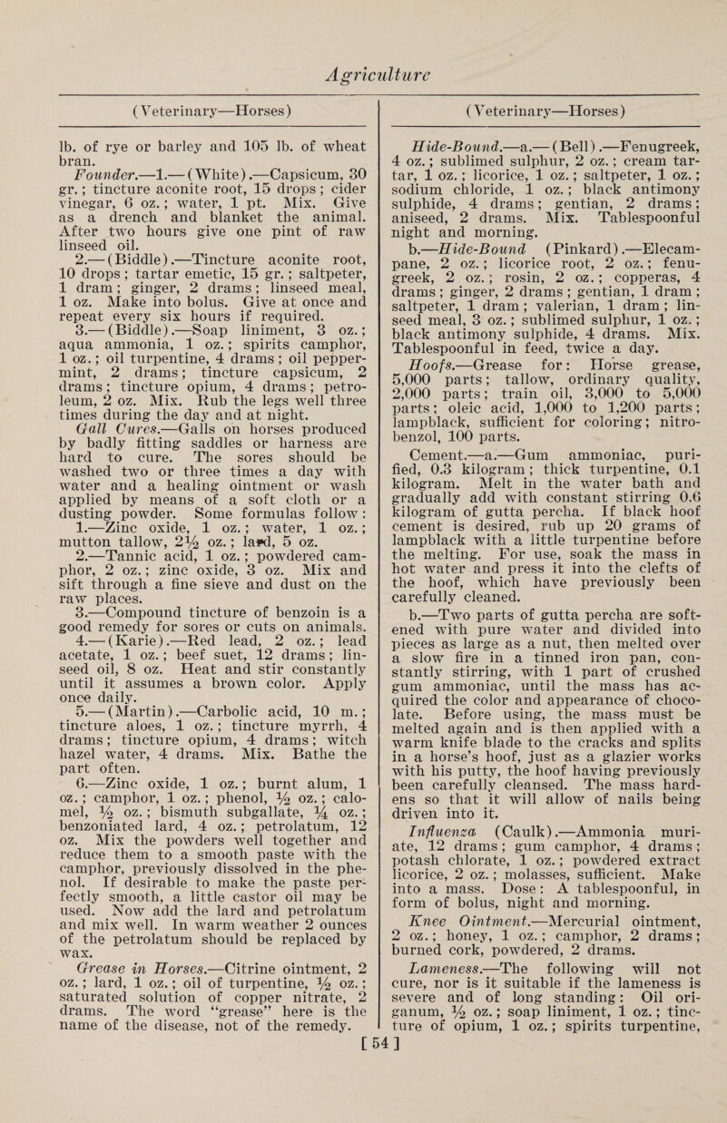 lb. of rye or barley and 105 lb. of wheat bran. Founder.—1.— (White).—Capsicum, 30 gr.; tincture aconite root, 15 drops ; cider vinegar, 6 oz.; water, 1 pt. Mis. Give as a drench and blanket the animal. After two hours give one pint of raw linseed oil. 2. — (Biddle).—Tincture aconite root, 10 drops ; tartar emetic, 15 gr.; saltpeter, 1 dram; ginger, 2 drams; linseed meal, 1 oz. Make into bolus. Give at once and repeat every six hours if required. 3. — (Biddle).—Soap liniment, 3 oz.; aqua ammonia, 1 oz.; spirits camphor, 1 oz.; oil turpentine, 4 drams ; oil pepper¬ mint, 2 drams; tincture capsicum, 2 drams; tincture opium, 4 drams; petro¬ leum, 2 oz. Mix. Rub the legs well three times during the day and at night. Gall Cures.—Galls on horses produced by badly fitting saddles or harness are hard to cure. The sores should be washed two or three times a day with water and a healing ointment or wash applied by means of a soft cloth or a dusting powder. Some formulas follow : 1. —Zinc oxide, 1 oz.; water, 1 oz.; mutton tallow, 2% oz.; la*d, 5 oz. 2. —Tannic acid, 1 oz.; powdered cam¬ phor, 2 oz.; zinc oxide, 3 oz. Mix and sift through a fine sieve and dust on the raw places. 3. —Compound tincture of benzoin is a good remedy for sores or cuts on animals. 4. — (Karie).—Red lead, 2 oz.; lead acetate, 1 oz.; beef suet, 12 drams ; lin¬ seed oil, 8 oz. Heat and stir constantly until it assumes a brown color. Apply once daily. 5. — (Martin).—Carbolic acid, 10 m.; tincture aloes, 1 oz.; tincture myrrh, 4 drams; tincture opium, 4 drams; witch hazel water, 4 drams. Mix. Bathe the part often. G.—Zinc oxide, 1 oz.; burnt alum, 1 oz.; camphor, 1 oz.; phenol, % oz.; calo¬ mel, y2 oz. ; bismuth subgallate, % oz.; benzoniated lard, 4 oz.; petrolatum, 12 oz. Mix the powders well together and reduce them to a smooth paste with the camphor, previously dissolved in the phe¬ nol. If desirable to make the paste per¬ fectly smooth, a little castor oil may be used. Now add the lard and petrolatum and mix well. In warm weather 2 ounces of the petrolatum should be replaced by wax. Grease in Horses.—Citrine ointment, 2 oz.; lard, 1 oz.; oil of turpentine, % oz.; saturated solution of copper nitrate, 2 drams. The word “grease” here is the name of the disease, not of the remedy. Hide-Bound.—a.— (Bell).—Fenugreek, 4 oz.; sublimed sulphur, 2 oz.; cream tar¬ tar, 1 oz.; licorice, 1 oz.; saltpeter, 1 oz.; sodium chloride, 1 oz.; black antimony sulphide, 4 drams; gentian, 2 drams; aniseed, 2 drams. Mix. Tablespoonful night and morning. b.—Hide-Bound (Pinkard).—Elecam¬ pane, 2 oz.; licorice root, 2 oz.; fenu¬ greek, 2 oz.; rosin, 2 oz.; copperas, 4 drams; ginger, 2 drams ; gentian, 1 dram ; saltpeter, 1 dram ; valerian, 1 dram ; lin¬ seed meal, 3 oz.; sublimed sulphur, 1 oz.; black antimony sulphide, 4 drams. Mix. Tablespoonful in feed, twice a day. Hoofs.—Grease for: Horse grease, 5,000 parts; tallow, ordinary quality, 2,000 parts; train oil, 3,000 to 5,000 parts; oleic acid, 1,000 to 1,200 parts; lampblack, sufficient for coloring; nitro- benzol, 100 parts. Cement.—a.—Gum ammoniac, puri¬ fied, 0.3 kilogram ; thick turpentine, 0.1 kilogram. Melt in the water bath and gradually add with constant stirring 0.6 kilogram of gutta percha. If black hoof cement is desired, rub up 20 grams of lampblack with a little turpentine before the melting. For use, soak the mass in hot water and press it into the clefts of the hoof, which have previously been carefully cleaned. b.—Two parts of gutta percha are soft¬ ened with pure water and divided into pieces as large as a nut, then melted over a slow fire in a tinned iron pan, con¬ stantly stirring, with 1 part of crushed gum ammoniac, until the mass has ac¬ quired the color and appearance of choco¬ late. Before using, the mass must be melted again and is then applied with a warm knife blade to the cracks and splits in a horse’s hoof, just as a glazier works with his putty, the hoof having previously been carefully cleansed. The mass hard¬ ens so that it will allow of nails being driven into it. Influenza (Caulk).—Ammonia muri¬ ate, 12 drams ; gum camphor, 4 drams ; potash chlorate, 1 oz.; powdered extract licorice, 2 oz.; molasses, sufficient. Make into a mass. Dose : A tablespoonful, in form of bolus, night and morning. Knee Ointment.—Mercurial ointment, 2 oz.; honey, 1 oz.; camphor, 2 drams; burned cork, powdered, 2 drams. Lameness.—The following will not cure, nor is it suitable if the lameness is severe and of long standing: Oil ori¬ ganum, y2 oz.; soap liniment, 1 oz.; tinc¬ ture of opium, 1 oz.; spirits turpentine, [54]