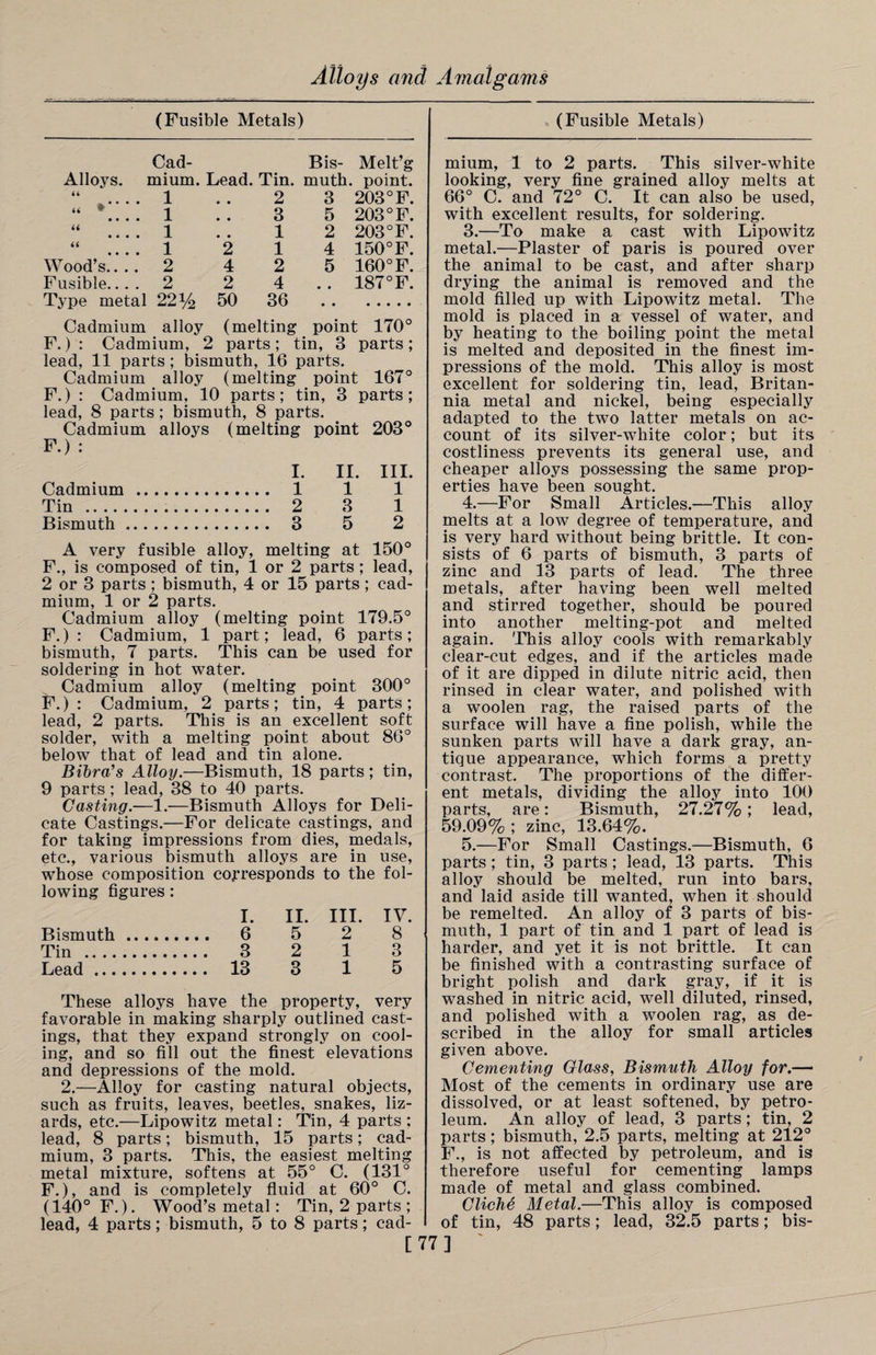 (Fusible Metals) Cad- Bis- Melt’g Alloys, mium. Lead. Tin. muth. point. Wood’s Fusible 1 1 1 1 2 2 2 4 2 Type metal 22% 50 2 3 1 1 2 4 36 3 5 2 4 5 203°F. 203 °F. 203°F. 150°F. 160° F. 187 °F. Cadmium alloy (melting point 170° F.) : Cadmium, 2 parts; tin, 3 parts; lead, 11 parts ; bismuth, 16 parts. Cadmium alloy (melting point 167° F.) : Cadmium, 10 parts; tin, 3 parts; lead, 8 parts ; bismuth, 8 parts. Cadmium alloys (melting point 203° F.) : I. II. III. Cadmium . 1 1 1 Tin . 2 3 1 Bismuth. 3 5 2 A very fusible alloy, melting at 150° F., is composed of tin, 1 or 2 parts; lead, 2 or 3 parts ; bismuth, 4 or 15 parts; cad¬ mium, 1 or 2 parts. Cadmium alloy (melting point 179.5° F.) : Cadmium, 1 part; lead, 6 parts; bismuth, 7 parts. This can be used for soldering in hot water. Cadmium alloy (melting point 300° F.) : Cadmium, 2 parts; tin, 4 parts; lead, 2 parts. This is an excellent soft solder, with a melting point about 86° below that of lead and tin alone. Bibra's Alloy.—Bismuth, 18 parts; tin, 9 parts ; lead, 38 to 40 parts. Casting.—1.—Bismuth Alloys for Deli¬ cate Castings.—For delicate castings, and for taking impressions from dies, medals, etc., various bismuth alloys are in use, whose composition corresponds to the fol¬ lowing figures: Bismuth Tin Lead ... I. 6 3 13 II. 5 2 3 III. 2 1 1 IV. 8 3 5 These alloys have the property, very favorable in making sharply outlined cast¬ ings, that they expand strongly on cool¬ ing, and so fill out the finest elevations and depressions of the mold. 2.—Alloy for casting natural objects, such as fruits, leaves, beetles, snakes, liz¬ ards, etc.—Lipowitz metal: Tin, 4 parts : lead, 8 parts; bismuth, 15 parts; cad¬ mium, 3 parts. This, the easiest melting metal mixture, softens at 55° C. (131° F.), and is completely fluid at 60° C. (140° F.). Wood’s metal: Tin, 2 parts ; lead, 4 parts; bismuth, 5 to 8 parts; cad- c (Fusible Metals) mium, 1 to 2 parts. This silver-white looking, very fine grained alloy melts at 66° C. and 72° C. It can also be used, with excellent results, for soldering. 3. —To make a cast with Lipowitz metal.—Plaster of paris is poured over the animal to be cast, and after sharp drying the animal is removed and the mold filled up with Lipowitz metal. The mold is placed in a vessel of water, and by heating to the boiling point the metal is melted and deposited in the finest im¬ pressions of the mold. This alloy is most excellent for soldering tin, lead, Britan¬ nia metal and nickel, being especially adapted to the two latter metals on ac¬ count of its silver-white color; but its costliness prevents its general use, and cheaper alloys possessing the same prop¬ erties have been sought. 4. —For Small Articles.—This alloy melts at a low degree of temperature, and is very hard without being brittle. It con¬ sists of 6 parts of bismuth, 3 parts of zinc and 13 parts of lead. The three metals, after having been well melted and stirred together, should be poured into another melting-pot and melted again. 'This alloy cools with remarkably clear-cut edges, and if the articles made of it are dipped in dilute nitric acid, then rinsed in clear water, and polished with a woolen rag, the raised parts of the surface will have a fine polish, while the sunken parts will have a dark gray, an¬ tique appearance, which forms a pretty contrast. The proportions of the differ¬ ent metals, dividing the alloy into 100 parts, are: Bismuth, 27.27%; lead, 59.09%; zinc, 13.64%. 5. —For Small Castings.—Bismuth, 6 parts; tin, 3 parts ; lead, 13 parts. This alloy should be melted, run into bars, and laid aside till wanted, when it should be remelted. An alloy of 3 parts of bis¬ muth, 1 part of tin and 1 part of lead is harder, and yet it is not brittle. It can be finished with a contrasting surface of bright polish and dark gray, if it is washed in nitric acid, well diluted, rinsed, and polished with a woolen rag, as de¬ scribed in the alloy for small articles given above. Cementing Class, Bismuth Alloy for.— Most of the cements in ordinary use are dissolved, or at least softened, by petro¬ leum. An alloy of lead, 3 parts; tin, 2 parts; bismuth, 2.5 parts, melting at 212° F., is not affected by petroleum, and is therefore useful for cementing lamps made of metal and glass combined. Cliche Metal.—This alloy is composed of tin, 48 parts; lead, 32.5 parts; bis- 77]