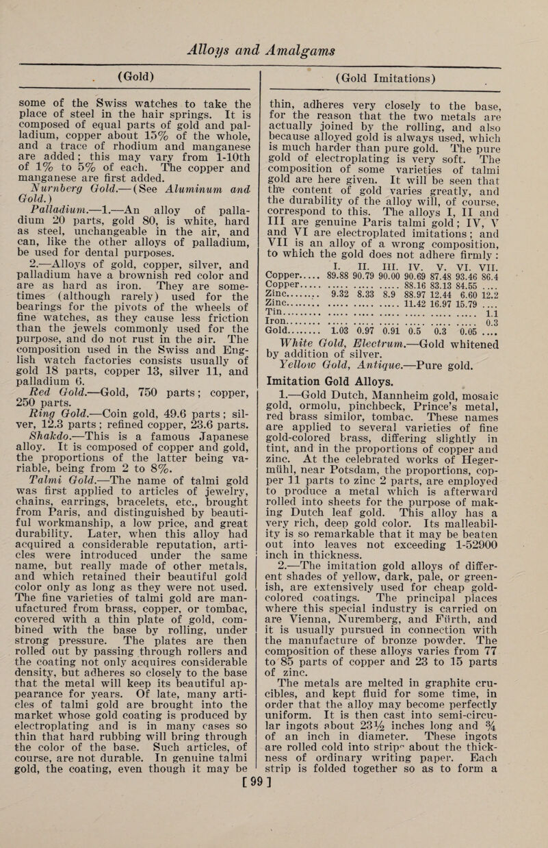 (Gold) some of the Swiss watches to take the place of steel in the hair springs. It is composed of equal parts of gold and pal¬ ladium, copper about 15% of the whole, and a trace of rhodium and manganese are added; this may vary from l-10th of 1% to 5% of each. The copper and manganese are first added. Nurnberg Gold.— (See Aluminum and Gold.) Palladium.—1.—An alloy of palla¬ dium 20 parts, gold 80, is white, hard as steel, unchangeable in the air, and can, like the other alloys of palladium, be used for dental purposes. 2.—Alloys of gold, copper, silver, and palladium have a brownish red color and are as hard as iron. They are some¬ times (although rarely) used for the bearings for the pivots of the wheels of fine watches, as they cause less friction than the jewels commonly used for the purpose, and do not rust in the air. The composition used in the Swiss and Eng¬ lish watch factories consists usually of gold 18 parts, copper 13, silver 11, and palladium 6. Red Gold.—Gold, 750 parts; copper, 250 parts. Ring Gold.—Coin gold, 49.6 parts; sil¬ ver, 12.3 parts ; refined copper, 23.6 parts. Shakdo.—This is a famous Japanese alloy. It is composed of copper and gold, the proportions of the latter being va¬ riable, being from 2 to 8%. Talmi Gold.—The name of talmi gold was first applied to articles of jewelry, chains, earrings, bracelets, etc., brought from Paris, and distinguished by beauti¬ ful workmanship, a low price, and great durability. Later, when this alloy had acquired a considerable reputation, arti¬ cles were introduced under the same name, but really made of other metals, and wThich retained their beautiful gold color only as long as they were not used. The fine varieties of talmi gold are man¬ ufactured from brass, copper, or tombac, covered with a thin plate of gold, com¬ bined with the base by rolling, under strong pressure. The plates are then rolled out by passing through rollers and the coating not only acquires considerable density, but adheres so closely to the base that the metal will keep its beautiful ap¬ pearance for years. Of late, many arti¬ cles of talmi gold are brought into the market whose gold coating is produced by electroplating and is in many cases so thin that hard rubbing will bring through the color of the base. Such articles, of course, are not durable. In genuine talmi gold, the coating, even though it may be (Gold Imitations) thin, adheres very closely to the base, for the reason that the two metals are actually joined by the rolling, and also because alloyed gold is always used, which is much harder than pure gold. The pure gold of electroplating is very soft. The composition of some varieties of talmi gold are here given. It will be seen that the content of gold varies greatly, and the durability of the alloy will, of course, correspond to this. The alloys I, II and III are genuine Paris talmi gold; IV, V and VI are electroplated imitations; and VII is an alloy of a wrong composition, to which the gold does not adhere firmly : I. II. III. IV. v. vi. VII. Copper. 89.88 90.79 90.00 90.69 87.48 93.46 86.4 Copper. 88.16 83.13 84.55 .... Zinc. 9.32 8.33 8.9 88.97 12.44 6.60 12.2 Zinc.H.42 16.97 15.79 Tin. ii Iron.” 0^3 Gold. 1.03 0.97 0.91 0.5 0.3 0.05 .... White Gold, Electrum.—Gold whitened by addition of silver. Yellow Gold, Antique.—Pure gold. Imitation Gold Alloys. 1-—Gold Dutch, Mannheim gold, mosaic gold, ormolu, pinchbeck, Prince’s metal, red brass similor, tombac. These names are applied to several varieties of fine gold-colored brass, differing slightly in tint, and in the proportions of copper and zinc. At the celebrated works of Heger- miihl, near Potsdam, the proportions, cop¬ per 11 parts to zinc 2 parts, are employed to produce a metal which is afterward rolled into sheets for the purpose of mak¬ ing Dutch leaf gold. This alloy has a very rich, deep gold color. Its malleabil¬ ity is so remarkable that it may be beaten out into leaves not exceeding 1-52900 inch in thickness. 2.—The imitation gold alloys of differ¬ ent shades of yellow, dark, pale, or green¬ ish, are extensively used for cheap gold- colored coatings. The principal places where this special industry is carried on are Vienna, Nuremberg, and Furth, and it is usually pursued in connection with the manufacture of bronze powder. The composition of these alloys varies from 77 to 85 parts of copper and 23 to 15 parts of zinc. The metals are melted in graphite cru¬ cibles, and kept fluid for some time, in order that the alloy may become perfectly uniform. It is then cast into semi-circu¬ lar ingots about 23% inches long and % of an inch in diameter. These ingots are rolled cold into strips about the thick¬ ness of ordinary writing paper. Each strip is folded together so as to form a [99]