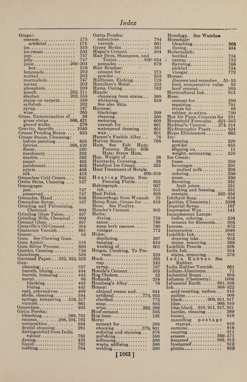 Grape:*- essence.;... 175 artificial. 174 ice. 555 ice cream. 553 jam. 747 jelly. 747 juice.200-203 hot. 216 lemonade. 202 malted. 202 marmalade. 747 nectar. 202 phosphate. 209 punch.202, 211 sherbet.202, 555 stains on carpets. 349 syllabub. 202 syrup. 187 wine. 265 Grass, Extermination of. . 59 grass stains.366, 421 gravel walks. 279 Gravity, Specific. 1040 Grease Proofing Boxes... . 955 Grease Stains, Cleansing: before painting. 638 fabrics.366, 420 floors. 360 machinery. 392 marble. 393 paper. 403 parchment. 405 prints. 406 silk. 415 Greaseless Cold Cream... . 843 Grebe Skins, Cleaning. ... 357 Greengages: jam. 747 preserved. 747 Grenades, Hand. 896 Grenadine Syrup. 187 Grinding and Pulverizing, Chemical. 999 Grinding Glass Tubes. 497 Grinding Mills, Chemical.. 999 Ground Glass. 497 Grouville’s Oil Cement... . 304 Guaiacum Varnish. 661 Guano. 35 Gum. See Chewing Gum. Gum Arabic. 318 Gum Silver Process. 689 Gumbo, Canning. 759 Gumdrops. 549 Gummed Paper... .322, 922, 925 Gun: cleaning. 357 barrels, bluing. 444 barrels, bronzing. 445 metal... 86 blacking. 443 bluing. 443 rust, preventives. 408 shells, cleaning. 344 springs, tempering. . .516, 517 varnish. 661 Guncotton. 955 Gutta Percha: bleaching.368, 783 cement. .#.298, 304, 783 composition. 944 dental stopping. 281 distinguished from India rubber. 783 dyeing. 453 liquid. 783 melting. 784 Gutta Percha: substitute... 784 varnish. 661 Gypsy Moths.. . . 561 Hagar’s Cement. 304 Hair Dyes, Shampoos, and Tonics.850-854 pomades. 879 Hair Brushes: cement for. 273 powder. 855 Halftones, Etching. 728 Hamilton’s Metal. 102 Hams, Curing. 762 Hands: cleansing from stains.... 368 whitening. 839 See also Skin. Harness: blackings. 599 cleaning. 368 restoring. 600 varnish for. 661 waterproof dressing. .. . 601 wax. 601 Harper’s Fusible Alloy.... 76 Harvey Sauce. 768 Hats. See Felt Hats; Panama Hats; Silk Hats; Straw Hats. Hay, Weight of. 26 Haystacks, Covering. 26 Hazelnut Ice Cream. 553 Heat Treatment of Metals, 509-519 H eating Plants, Non- Freezing Fluids. 953 Hektograph. 907 ink. 913 Heel Polish. 606 Hemorrhage from Wounds 23 Hemp Rope, Grease for. . . 619 Hens. See Poultry. Hensler’s Cement. 305 Herbs: drying. 759 sauce. 768 soup herb essence. 760 vinegar. 772 Hides: depilating. 597 tanning. 610 working of. 601 Hinges, Creaking, To Pre¬ vent. 529 Hock. 265 cup. 240 syrup. 187 Hoenle’s Cement. 305 Hog Cholera. 52 Hollands. 234 Homberg’s Alloy. 78 Honey: almond cream and. 844 artificial.774, 955 clarified. 775 soap. 805 wine.265, 266 Hoof cement. 305 Hop beer. 193 Horn: cement for. 288 cleaning.379, 801 coloring and staining . . 578 poh'shing. 580 softening. 580 waste, utilizing. 580 welding .. 580 [ 1063 ] Horology. See Watches- Horsehair: bleaching. 368 dyeing. 454 Horseradish: bottled. 754 » catsup. 752 flavoring. 766 pickled. 754 vinegar. 773 Horses: diseases'and remedies.. .53-55 feed, comparative value 53 hoof cement. 305 Horticultural Ink. 913 Hose: cement for. 299 repairing. 791 rivets for. 88 rubber, to soften. 790 Hot Air Pipes, Cements for 291 Household Formulas. . .521-545 Hydrau’ic Cement.274. 314 Hydrographic Paper. 924 Hypo Eliminators. 682 Ice: keeping. 529 powder. 955 slipping on. 12 weight, estimating. 529 Ice Cream: bases. 550 beverages. 203 malted milk. 208 coloring. 550 cones. 550 flavoring. 551 fruit juices.. 551 making and freezing.... 551 receipts.552-554 Ichthyol Soap. 810 Ignition (Chemistry). 1036 Imperial Syrup. 187 Impression Wax. 141 Incandescent Lamps: bulbs, coloring. 526 cement for filaments.... 305 Incense. 872 Incineration. 1040 Indelible Ink. 913 drawing inks. 912 stains, removing.;.. 369 Indelible Pencils. 926 India Ink. 914 stains, removing. 370, India Rubber. See Rubber. India Rubber Varnish. .. . 661 Indium-Aluminum. 71 Industrial Soaps. 805 Infusion (Chemistry). 1006 Infusorial Earth.881,956 Ink.908-922 acid-resisting, carbon.. . 910 aniline. 909 black.909,911,917 blue.909,910 blue-black.. .910, 911, 917, 921 bottles, cleaning. 369 brown. 910 cancelling postage stamps. 910 carmine. 916 copying..... 911 erasers.369-371 fireproof.893, 912 frostproof. 912 gluten. 912