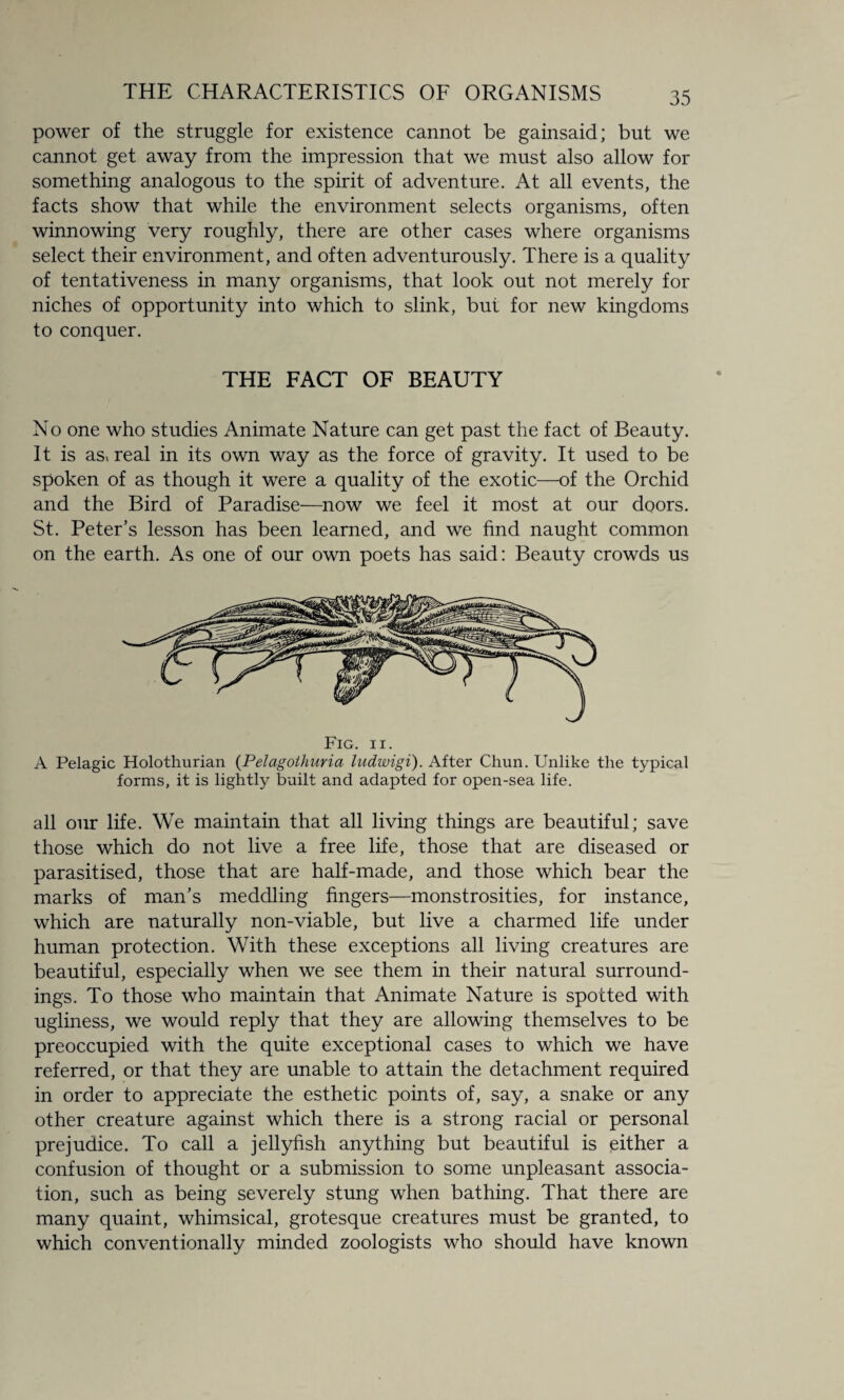 power of the struggle for existence cannot be gainsaid; but we cannot get away from the impression that we must also allow for something analogous to the spirit of adventure. At all events, the facts show that while the environment selects organisms, often winnowing very roughly, there are other cases where organisms select their environment, and often adventurously. There is a quality of tentativeness in many organisms, that look out not merely for niches of opportunity into which to slink, but for new kingdoms to conquer. THE FACT OF BEAUTY No one who studies Animate Nature can get past the fact of Beauty. It is as* real in its own way as the force of gravity. It used to be spoken of as though it were a quality of the exotic—of the Orchid and the Bird of Paradise—now we feel it most at our doors. St. Peter’s lesson has been learned, and we find naught common on the earth. As one of our own poets has said: Beauty crowds us Fig. ii. A Pelagic Holothurian (Pelagothuria ludwigi). After Chun. Unlike the typical forms, it is lightly built and adapted for open-sea life. all our life. We maintain that all living things are beautiful; save those which do not live a free life, those that are diseased or parasitised, those that are half-made, and those which bear the marks of man’s meddling fingers—monstrosities, for instance, which are naturally non-viable, but live a charmed life under human protection. With these exceptions all living creatures are beautiful, especially when we see them in their natural surround¬ ings. To those who maintain that Animate Nature is spotted with ugliness, we would reply that they are allowing themselves to be preoccupied with the quite exceptional cases to which we have referred, or that they are unable to attain the detachment required in order to appreciate the esthetic points of, say, a snake or any other creature against which there is a strong racial or personal prejudice. To call a jellyfish anything but beautiful is either a confusion of thought or a submission to some unpleasant associa¬ tion, such as being severely stung when bathing. That there are many quaint, whimsical, grotesque creatures must be granted, to which conventionally minded zoologists who should have known