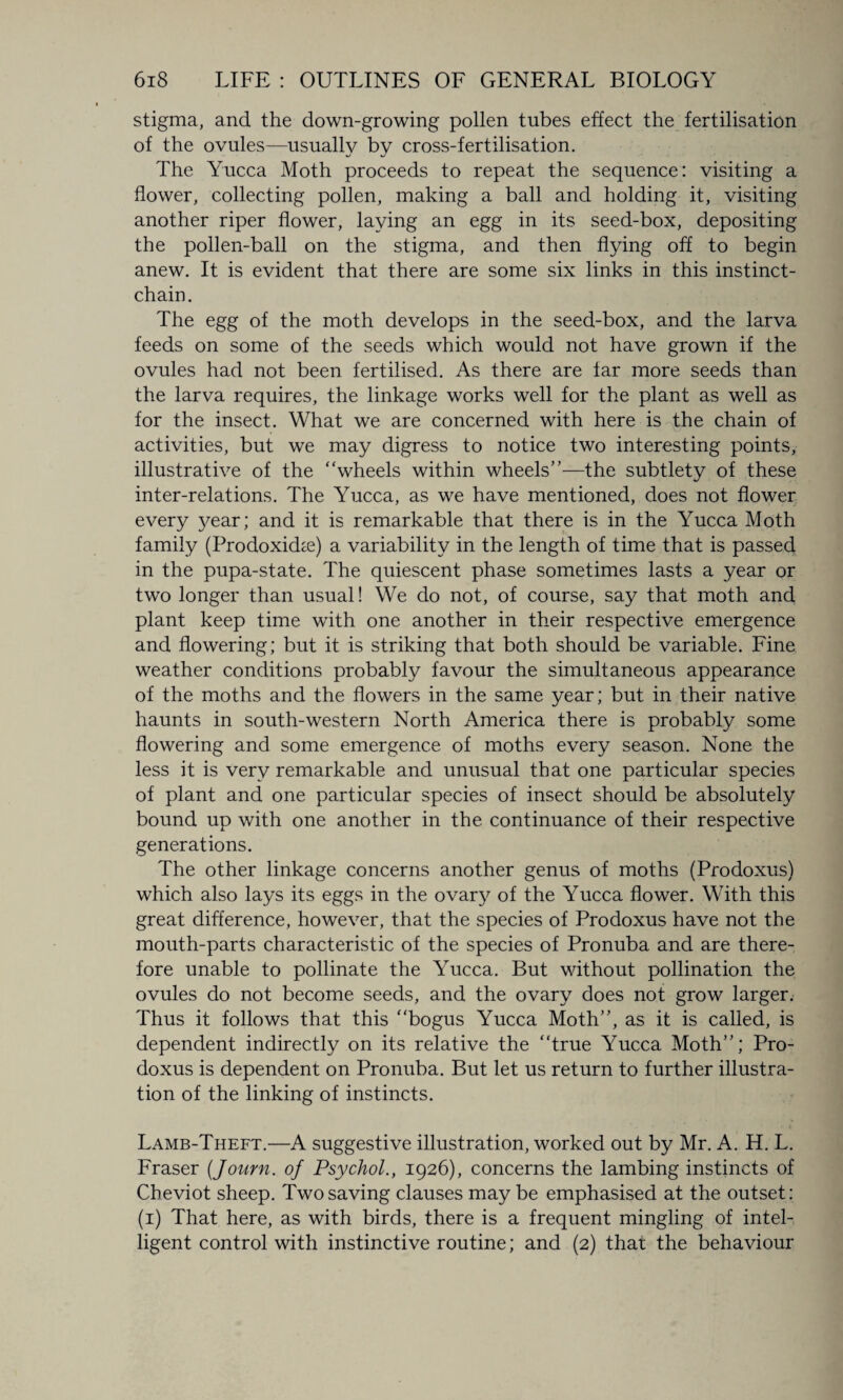stigma, and the down-growing pollen tubes effect the fertilisation of the ovules—usually by cross-fertilisation. The Yucca Moth proceeds to repeat the sequence: visiting a flower, collecting pollen, making a ball and holding it, visiting another riper flower, laving an egg in its seed-box, depositing the pollen-ball on the stigma, and then flying off to begin anew. It is evident that there are some six links in this instinct- chain. The egg of the moth develops in the seed-box, and the larva feeds on some of the seeds which would not have grown if the ovules had not been fertilised. As there are far more seeds than the larva requires, the linkage works well for the plant as well as for the insect. What we are concerned with here is the chain of activities, but we may digress to notice two interesting points, illustrative of the “wheels within wheels”—the subtlety of these inter-relations. The Yucca, as we have mentioned, does not flower every year; and it is remarkable that there is in the Yucca Moth family (Prodoxidce) a variability in the length of time that is passed in the pupa-state. The quiescent phase sometimes lasts a year or two longer than usual! We do not, of course, say that moth and plant keep time with one another in their respective emergence and flowering; but it is striking that both should be variable. Fine weather conditions probably favour the simultaneous appearance of the moths and the flowers in the same year; but in their native haunts in south-western North America there is probably some flowering and some emergence of moths every season. None the less it is very remarkable and unusual that one particular species of plant and one particular species of insect should be absolutely bound up with one another in the continuance of their respective generations. The other linkage concerns another genus of moths (Prodoxus) which also lays its eggs in the ovary of the Yucca flower. With this great difference, however, that the species of Prodoxus have not the mouth-parts characteristic of the species of Pronuba and are there¬ fore unable to pollinate the Yucca. But without pollination the ovules do not become seeds, and the ovary does not grow larger. Thus it follows that this “bogus Yucca Moth”, as it is called, is dependent indirectly on its relative the “true Yucca Moth”; Pro¬ doxus is dependent on Pronuba. But let us return to further illustra¬ tion of the linking of instincts. Lamb-Theft.—A suggestive illustration, worked out by Mr. A. H. L. Fraser (Journ. of Psychol., 1926), concerns the lambing instincts of Cheviot sheep. Two saving clauses may be emphasised at the outset: (1) That here, as with birds, there is a frequent mingling of intel¬ ligent control with instinctive routine; and (2) that the behaviour