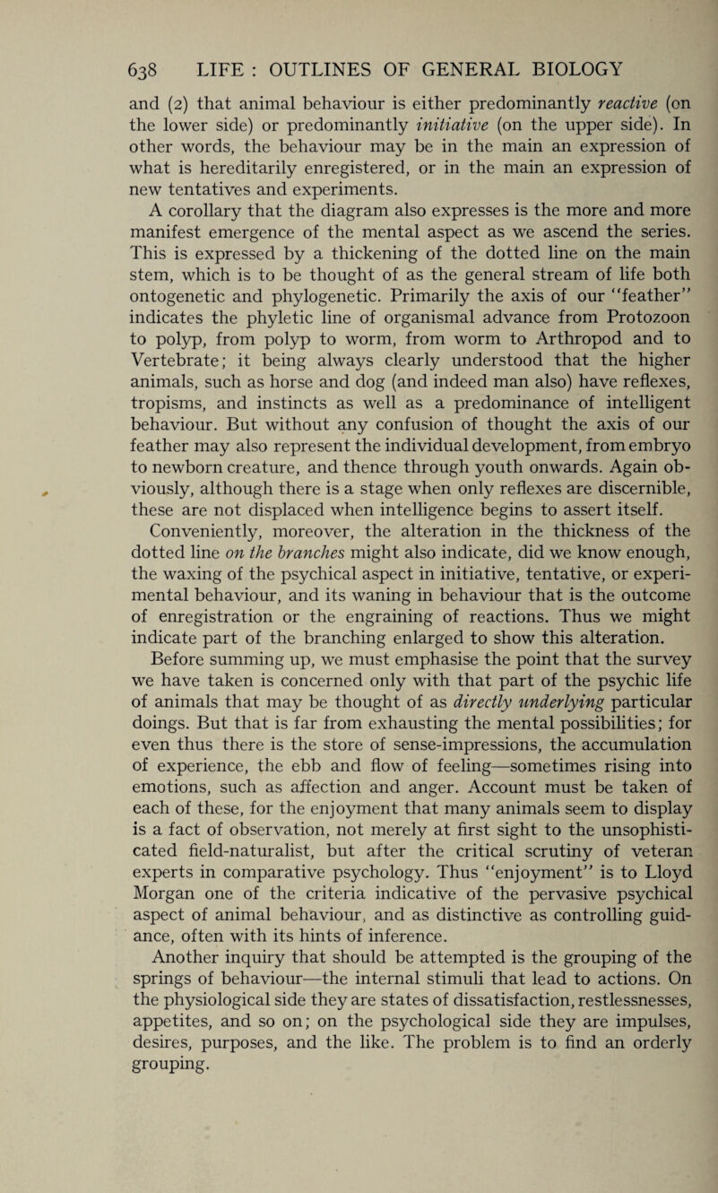 and (2) that animal behaviour is either predominantly reactive (on the lower side) or predominantly initiative (on the upper side). In other words, the behaviour may be in the main an expression of what is hereditarily enregistered, or in the main an expression of new tentatives and experiments. A corollary that the diagram also expresses is the more and more manifest emergence of the mental aspect as we ascend the series. This is expressed by a thickening of the dotted line on the main stem, which is to be thought of as the general stream of life both ontogenetic and phylogenetic. Primarily the axis of our “feather” indicates the phyletic line of organismal advance from Protozoon to polyp, from polyp to worm, from worm to Arthropod and to Vertebrate; it being always clearly understood that the higher animals, such as horse and dog (and indeed man also) have reflexes, tropisms, and instincts as well as a predominance of intelligent behaviour. But without any confusion of thought the axis of our feather may also represent the individual development, from embryo to newborn creature, and thence through youth onwards. Again ob¬ viously, although there is a stage when only reflexes are discernible, these are not displaced when intelligence begins to assert itself. Conveniently, moreover, the alteration in the thickness of the dotted line on the branches might also indicate, did we know enough, the waxing of the psychical aspect in initiative, tentative, or experi¬ mental behaviour, and its waning in behaviour that is the outcome of enregistration or the engraining of reactions. Thus we might indicate part of the branching enlarged to show this alteration. Before summing up, we must emphasise the point that the survey we have taken is concerned only with that part of the psychic life of animals that may be thought of as directly underlying particular doings. But that is far from exhausting the mental possibilities; for even thus there is the store of sense-impressions, the accumulation of experience, the ebb and flow of feeling—sometimes rising into emotions, such as affection and anger. Account must be taken of each of these, for the enjoyment that many animals seem to display is a fact of observation, not merely at first sight to the unsophisti¬ cated field-naturalist, but after the critical scrutiny of veteran experts in comparative psychology. Thus “enjoyment” is to Lloyd Morgan one of the criteria indicative of the pervasive psychical aspect of animal behaviour, and as distinctive as controlling guid¬ ance, often with its hints of inference. Another inquiry that should be attempted is the grouping of the springs of behaviour—the internal stimuli that lead to actions. On the physiological side they are states of dissatisfaction, restlessnesses, appetites, and so on; on the psychological side they are impulses, desires, purposes, and the like. The problem is to find an orderly grouping.