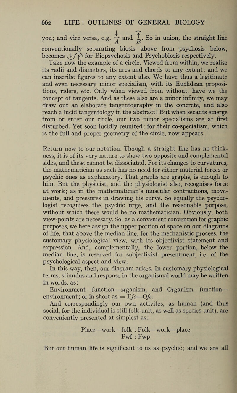 T ^ • • you; and vice versa, e.g. ^ and • . So in union, the straight line conventionally separating biosis above from psychosis below, becomes for Biopsychosis and Psychobiosis respectively. Take now the example of a circle. Viewed from within, we realise its radii and diameters, its arcs and chords to any extent; and we can inscribe figures to any extent also. We have thus a legitimate and even necessary minor specialism, with its Euclidean proposi¬ tions, riders, etc. Only when viewed from without, have we the concept of tangents. And as these also are a minor infinity, we may draw out an elaborate tangentography in the concrete, and also reach a lucid tangentology in the abstract! But when secants emerge from or enter our circle, our two minor specialisms are at first disturbed. Yet soon lucidly reunited; for their co-specialism, which is the full and proper geometry of the circle, now appears. Return now to our notation. Though a straight line has no thick¬ ness, it is of its very nature to show two opposite and complemental sides, and these cannot be dissociated. For its changes to curvatures, the mathematician as such has no need for either material forces or psychic ones as explanatory. That graphs are graphs, is enough to him. But the physicist, and the physiologist also, recognises force at work; as in the mathematician’s muscular contractions, move¬ ments, and pressures in drawing his curve. So equally the psycho¬ logist recognises the psychic urge, and the reasonable purpose, without which there would be no mathematician. Obviously, both view-points are necessary. So, as a convenient convention for graphic purposes, we here assign the upper portion of space on our diagrams of life, that above the median line, for the mechanistic process, the customary physiological view, with its objectivist statement and expression. And, complementally, the lower portion, below the median line, is reserved for subjectivist presentment, i.e. of the psychological aspect and view. In this way, then, our diagram arises. In customary physiological terms, stimulus and response in the organismal world may be written in words, as: Environment—function—organism, and Organism—function— environment; or in short as = EJo—0fe. And correspondingly our own activites, as human (and thus social, for the individual is still folk-unit, as well as species-unit), are conveniently presented at simplest as: Place—work—folk : Folk—work—place Pwf : Fwp But our human life is significant to us as psychic; and we are all