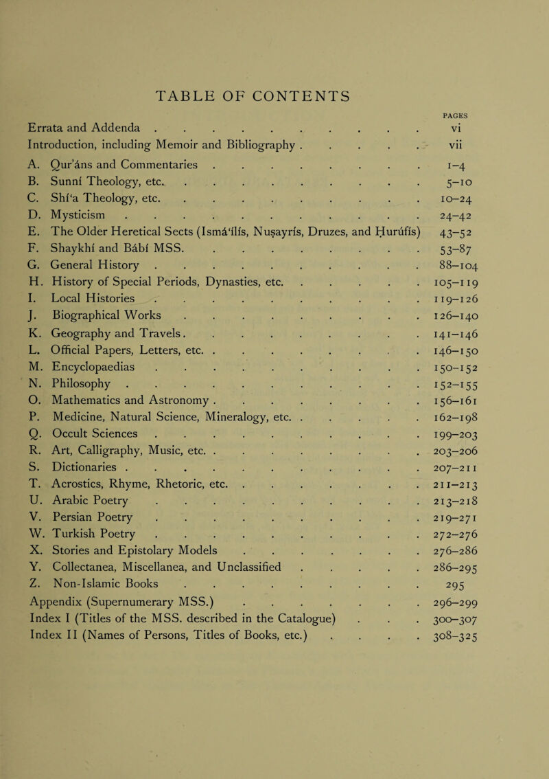 TABLE OF CONTENTS Errata and Addenda . . Introduction, including Memoir and Bibliography A. Qur’dns and Commentaries B. Sunni Theology, etc. .... C. Shi‘a Theology, etc. .... D. Mysticism ...... E. The Older Heretical Sects (Ismd'ilis, Nusayris, Druzes, a F. Shaykhi and Bdbi MSS. G. General History ..... H. History of Special Periods, Dynasties, etc. I. Local Histories ..... J. Biographical Works .... K. Geography and Travels. L. Official Papers, Letters, etc. . M. Encyclopaedias ..... N. Philosophy ...... O. Mathematics and Astronomy , P. Medicine, Natural Science, Mineralogy, etc. Q. Occult Sciences ..... R. Art, Calligraphy, Music, etc. . S. Dictionaries ...... T. Acrostics, Rhyme, Rhetoric, etc. U. Arabic Poetry ..... V. Persian Poetry ..... W. Turkish Poetry ..... X. Stories and Epistolary Models Y. Collectanea, Miscellanea, and Unclassified Z. Non-Islamic Books .... Appendix (Supernumerary MSS.) Index I (Titles of the MSS. described in the Catalogue Index 11 (Names of Persons, Titles of Books, etc.) nd Hurufis) PAGES vi vii 1-4 5-10 10-24 24-42 43-52 53-87 88-104 105-119 I19-126 126—140 141-146 146-150 150-152 ^52-155 156-161 162—198 199-203 203-206 207-211 211-213 213-218 219—271 272-276 276—286 286-295 295 296-299 300-307 308-325