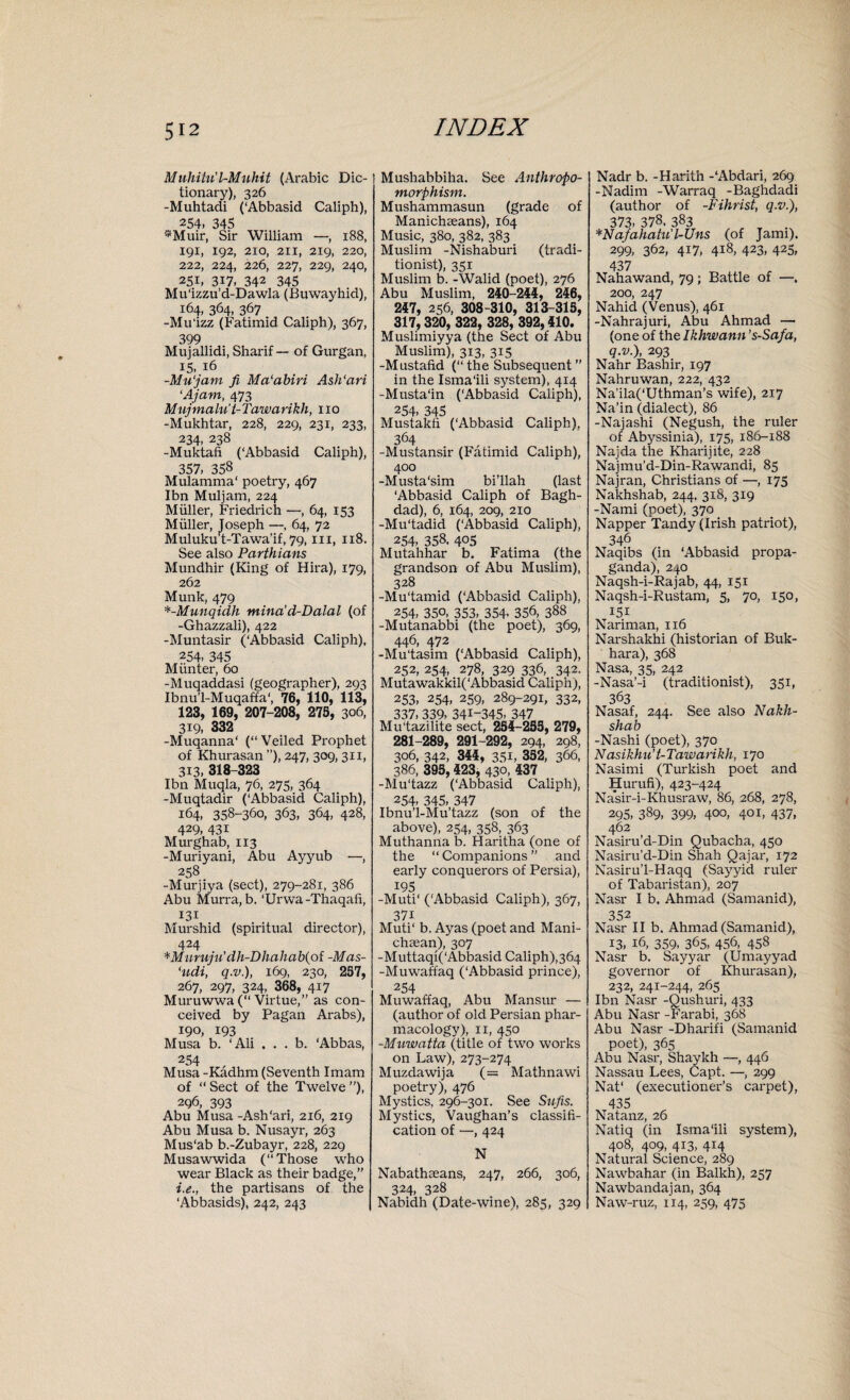 Muhitu'l-Muhit (Arabic Dic¬ tionary), 326 -Muhtadi (‘Abbasid Caliph), 254. 345 *Muir, Sir William —, 188, 191, 192, 210, 211, 219, 220, 222, 224, 226, 227, 229, 240, 251, 317, 342 345 Mu'izzu’d-Dawla (Buwayhid), 164, 364, 367 -Mu'izz (Fatimid Caliph), 367, 399 Mujallidi, Sharif — of Gurgan, 15. 16 -Mujam fi Ma'abiri Ash'ari ‘Ajam, 473 Mujmalu’t-Tawarikh, no -Mukhtar, 228, 229, 231, 233, 234, 238 -Muktafi (‘Abbasid Caliph), 357, 358 Mulamma' poetry, 467 Ibn Muljam, 224 Muller, Friedrich —, 64, 153 Muller, Joseph —, 64, 72 Muluku’t-Tawa’if, 79, in, 118. See also Parthians Mundhir (King of Hira), 179, 262 Munk, 479 *-Munqiclh mina'd-Dalal (of -Ghazzali), 422 -Muntasir (‘Abbasid Caliph), 254, 345 Miinter, 60 -Muqaddasi (geographer), 293 Ibnu’l-Muqaffa', 76, 110, 113, 123, 169, 207-208, 27S, 306, 3i9, 332 -Muqanna' (“Veiled Prophet of Khurasan ”), 247, 309,311, 313, 318-323 Ibn Muqla, 76, 275, 364 -Muqtadir (‘Abbasid Caliph), 164, 358-360, 363, 364, 428, 429, 43i Murghab, 113 -Muriyani, Abu Ayyub •—, 258 -Murjiya (sect), 279-281, 386 Abu Murra, b. ‘Urwa-Thaqafi, 131 Murshid (spiritual director), 424 *Muruju'dh-Dhahab(ot -Mas- ‘udi, q.v.), 169, 230, 257, 267, 297, 324, 368, 417 Muruwwa (“ Virtue,” as con¬ ceived by Pagan Arabs), 190, 193 Musa b. ‘ Ali . . . b. ‘Abbas, 254 Musa -Kadhm (Seventh Imam of “ Sect of the Twelve ”), 296, 393 Abu Musa -Ash'ari, 216, 219 Abu Musa b. Nusayr, 263 Mus'ab b.-Zubayr, 228, 229 Musawwida (“Those who wear Black as their badge,” i.e., the partisans of the ‘Abbasids), 242, 243 I Mushabbiha. See Anthropo¬ morphism. Mushammasun (grade of Manicheeans), 164 Music, 380, 382, 383 Muslim -Nishaburi (tradi- tionist), 351 Muslim b. -Walid (poet), 276 Abu Muslim, 240-244, 246, 247, 256, 308-310, 313-315, 317,320, 322, 328, 392,410. Muslimiyya (the Sect of Abu Muslim), 3x3, 315 -Mustafid (“ the Subsequent ” in the Isma'ili system), 414 -Musta'in (‘Abbasid Caliph), 254, 345 Mustakfi (‘Abbasid Caliph), 364 -Mustansir (Fatimid Caliph), 400 -Musta'sim bi’llah (last ‘Abbasid Caliph of Bagh¬ dad), 6, 164, 209, 210 -Mu'tadid (‘Abbasid Caliph), 254, 358. 405 Mutahhar b. Fatima (the grandson of Abu Muslim), 328 -Mu'tamid (‘Abbasid Caliph), 254, 350, 353, 354- 356, 388 -Mutanabbi (the poet), 369, 446, 472 -Mu'tasim (‘Abbasid Caliph), 232, 254, 278, 329 336, 342. Mutawakkil(‘Abbasid Caliph), 253, 254, 259, 289-291, 332, 337, 339, 341-345, 347 Mu'tazilite sect, 254-255, 279, 281-289, 291-292, 294, 298, 306, 342, 344, 351, 352, 366, 386, 395,423, 430, 437 -Mu'tazz (‘Abbasid Caliph), 254, 345, 347 Ibnu’l-Mu’tazz (son of the above), 254, 358, 363 Muthanna b. Haritha (one of the “ Companions ” and early conquerors of Persia), 195 -Muti‘ (‘Abbasid Caliph), 367, 37i Muti‘ b. Ayas (poet and Mani- chsean), 307 -Muttaqi(‘Abbasid Caliph),364 -Muwaffaq (‘Abbasid prince), 254 Muwaffaq, Abu Mansur — (author of old Persian phar¬ macology), 11, 450 -Muwatta (title of two works on Law), 273-274 Muzdawija (= Mathnawi poetry), 476 Mystics, 296-301. See Sufis. Mystics, Vaughan’s classifi¬ cation of —, 424 N Nabathseans, 247, 266, 306, 324, 328 Nabidh (Date-wine), 285, 329 Nadr b. -Harith -‘Abdari, 269 -Nadim -Warraq -Baghdadi (author of -Vihrist, q.v.), 373, 378. 383 *Nafahatu' l-Uns (of Jami). 299, 362, 417, 418, 423, 425, Nahawand, 79 ; Battle of —. 200, 247 Nahid (Venus), 461 -Nahrajuri, Abu Ahmad — (one of the Ikhwann ’s-Safa, q.v.), 293 Nahr Bashir, 197 Nahruwan, 222, 432 Na’ila(‘Uthman’s wife), 217 Na’in (dialect), 86 -Najashi (Negush, the ruler of Abyssinia), 175, 186-188 Najda the Kharijite, 228 Najmu’d-Din-Rawandi, 85 Najran, Christians of —, 175 Nakhshab, 244, 318, 319 -Nami (poet), 370 Napper Tandy (Irish patriot), 346 Naqibs (in ‘Abbasid propa¬ ganda), 240 Naqsh-i-Rajab, 44, 151 Naqsh-i-Rustam, 5, 70, 150, 151 Nariman, 116 Narshakhi (historian of Buk¬ hara), 368 Nasa, 35, 242 -Nasa’-i (traditionist), 351, 363 Nasaf, 244. See also Nakh¬ shab -Nashi (poet), 370 Nasikhu’t-Tawarikh, 170 Nasimi (Turkish poet and Hurufi), 423-424 Nasir-i-Khusraw, 86, 268, 278, 295, 389, 399, 400, 401, 437, 462 Nasiru’d-Din Qubacha, 450 Nasiru’d-Din Shah Qajar, 172 Nasiru’l-Haqq (Sayyid ruler of Tabaristan), 207 Nasr I b. Ahmad (Samanid), Nasr II b. Ahmad (Samanid), 13, 16, 359, 365, 456, 458 Nasr b. Sayyar (Umayyad governor of Khurasan), 232, 241-244, 265 Ibn Nasr -Qushuri, 433 Abu Nasr -Farabi, 368 Abu Nasr -Dharifi (Samanid poet), 365 Abu Nasr, Shaykh —, 446 Nassau Lees, Capt. —, 299 Nat' (executioner’s carpet), 435 Natanz, 26 Natiq (in Isma'ili system), 408, 409, 413, 414 Natural Science, 289 Nawbahar (in Balkh), 257 Nawbandajan, 364 Naw-ruz, 114, 259, 475