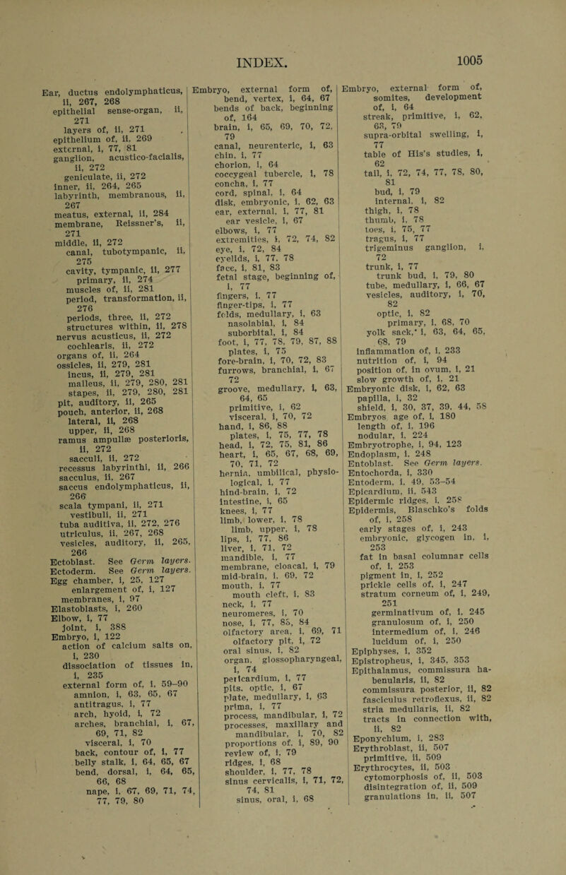Ear, ductus endolymphaticus, ii, 267, 268 epithelial sense-organ, ii, 271 layers of, ii, 271 epithelium of, ii. 269 external, i, 77, 81 ganglion, acustico-facialis, ii, 272 geniculate, ii, 272 inner, ii, 264, 265 labyrinth, membranous, ii, 267 meatus, external, ii, 284 membrane, Reissner’s, ii, 271 middle, ii, 272 canal, tubotympanic, ii, 275 cavity, tympanic, ii, 277 primary, ii, 274 muscles of, ii, 281 period, transformation, ii, 276 periods, three, ii, 272 structures within, ii, 278 nervus acusticus, ii, 272 cochlearis, ii, 272 organs of, ii, 264 ossicles, ii, 279, 281 incus, ii, 279, 281 malleus, ii, 279, 280, 281 stapes, ii, 279, 280, 281 pit, auditory, ii, 265 pouch, anterior, ii, 268 lateral, ii, 26'8 upper, ii, 268 ramus ampullae posterioris, ii, 272 saeculi, ii, 272 recessus labyrinthi, ii, 266 sacculus, ii, 267 saccus endolymphaticus, ii, 266' scala tympani, ii, 271 vestibuli, ii, 271 tuba auditiva, ii, 272, 276 utriculus, ii, 267, 268 vesicles, auditory, ii, 265, 266 Ectoblast. See Germ layers- Ectoderm. See Germ layers. Egg chamber, i, 25, 127 enlargement of, i, 127 membranes, i, 97 Elastoblasts, i, 260 Elbow, i, 77 joint, i, 388 Embryo, i, 122 action of calcium salts on, i, 230 dissociation of tissues in, i, 235 external form of, i, 59—90 amnion, i, 63, 65, 67 antitragus, i, 77 arch, hyoid, i, 72 arches, branchial, i, 67, 69, 71, 82 visceral, i, 70 back, contour of, i, 77 belly stalk, i, 64, 65, 67 bend, dorsal, i, 64, 65, 66, 68 nape, i, 6'7. 69, 71, 74, 77, 79, 80 Embryo, external form of, bend, vertex, i, 64, 67 bends of back, beginning of, 164 brain, i, 65, 69, 70, 72, 79 canal, neurenteric, i, 63 chin, i, 77 chorion, i, 64 coccygeal tubercle, i, 78 concha, i, 77 cord, spinal, i, 64 disk, embryonic, i, 62, 63 ear, external, i, 77, 81 ear vesicle, i, 67 elbows, i, 77 extremities, i, 72, 74, 82 eye, i, 72, 84 eyelids, i, 77, 78 face, i, 81, 83 fetal stage, beginning of, i, 77 fingers, i. 77 finger-tips, i, 77 folds, medullary, i, 63 nasolabial, i, 84 suborbital, i, 84 foot, i, 77, 78. 79, 87, 88 plates, i, 75 fore-brain, i, 70, 72, 83 furrows, branchial, i, 67 72 groove, medullary, i, 63, 64, 65 primitive, i, 62 visceral, i, 70, 72 hand, i, 86, 88 plates, i, 75, 77, 78 head, i, 72, 75, 81, 86 heart, i, 65, 67, 6'8, 69, 70, 71, 72 hernia, umbilical, physio¬ logical, i, 77 hind-brain, i, 72 intestine, i, 65 knees, i, 77 limb, lower, i, 78 limb, upper, i, 78 lips, i, 77, 86 liver, i, 71, 72 mandible, i, 77 membrane, cloacal, i, 79 mid-brain, i. 69, 72 mouth, i, 77 mouth cleft, i, 83 neck, i, 77 neuromeres, i, 70 nose, i, 77, 83, 84 olfactory area, i, 69, 71 olfactory pit, i, 72 oral sinus, i, 82 organ, glossopharyngeal, i, 74 petlcardium, i, 77 pits, optic, i, 67 plate, medullary, i, 63 prlma, i, 77 process, mandibular, i, 72 processes, maxillary and mandibular, i, 70, 82 proportions of, i, 89, 90 review of, i, 79 ridges, i, 68 shoulder, i, 77, 78 sinus cervicalis, i, 71, 72, 74, 81 sinus, oral, i, 68 Embryo, external form of, somites, development of, i, 64 streak, primitive, i, 62, 63, 79 supra-orbital swelling, i, 77 table of His’s studies, i, 62 tail, i, 72, 74, 77, 78, 80, 81 bud, i, 79 internal, i, 82 thigh, i, 78 thumb, i, 78 toes, i, 75, 77 tragus, i, 77 trigeminus ganglion, i, 72 trunk, i, 77 trunk bud, i, 79, 80 tube, medullary, i, 66, 67 vesicles, auditory, i, 70, 82 optic, i, 82 primary, i, 68, 70 yolk sack,* i, 63, 64, 65, 6'8, 79 inflammation of, i, 233 nutrition of, i, 94 position of, in ovum, i, 21 slow growth of, i, 21 Embryonic disk, i, 62, 63 papilla, i, 32 shield, i, 30, 37, 39. 44, 5S Embryos age of, i, 180 length of, i, 196 nodular, i, 224 Embryotrophe, i, 94, 123 Endoplasm, i, 248 Entoblast. See Germ layers. Entochorda, i, 330 Entoderm, i, 49, 53—54 Epicardium, ii, 543 Epidermic ridges, i, 258 Epidermis, Blaschko’s folds of, i, 258 early stages of, i, 243 embryonic, glycogen in, i, 253 fat in basal columnar cells of, i, 253 pigment in, i, 252 prickle cells of, i, 247 stratum corneum of, i, 249, 251 germinativum of, i, 245 granulosum of, i, 250 intermedium of, i, 246 lucidum of, i, 250 Epiphyses, i, 352 Epistropheus, i, 345, 353 Epithalamus, commissura ha- benularis, ii, 82 commissura posterior, ii, 82 fasciculus retroflexus, ii, 82 stria medullaris, ii, 82 tracts in connection with, ii, 82 Eponychium, i, 283 Erythroblast, ii, 507 primitive, ii, 509 Erythrocytes, ii, 503 cytomorphosis of, ii, 503 disintegration of, ii, 509 granulations in, ii, 507