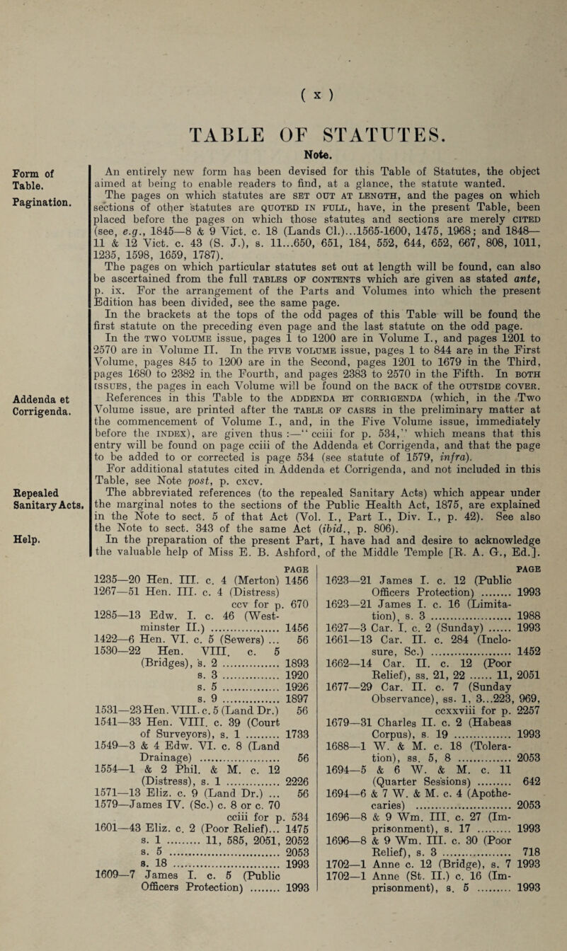 Form of Table. Pagination. Addenda et Corrigenda. Repealed Sanitary Acts. Help. TABLE OF STATUTES. Note. An entirely new form has been devised for this Table of Statutes, the object aimed at being to enable readers to find, at a glance, the statute wanted. The pages on which statutes are set out at length, and the pages on which sections of other statutes are quoted in full, have, in the present Table, been placed before the pages on which those statutes and sections are merely cited (see, e.g., 1845—8 & 9 Viet. c. 18 (Lands Cl.)...1565-1600, 1475, 1968; and 1848— 11 & 12 Viet. c. 43 (S. J.), s. 11...650, 651, 184, 552, 644, 652, 667, 808, 1011, 1235, 1598, 1659, 1787). The pages on which particular statutes set out at length will be found, can also be ascertained from the full tables of contents which are given as stated ante, p. ix. For the arrangement of the Parts and Volumes into which the present Edition has been divided, see the same page. In the brackets at the tops of the odd pages of this Table will be found the first statute on the preceding even page and the last statute on the odd page. In the two volume issue, pages 1 to 1200 are in Volume I., and pages 1201 to 2570 are in Volume II. In the five volume issue, pages 1 to 844 are in the First Volume, pages 845 to 1200 are in the Second, pages 1201 to 1679 in the Third, pages 1680 to 2382 in, the Fourth, and pages 2383 to 2570 in the Fifth. In both issues, the pages in each Volume will be found on the back of the outside cover. References in this Table to the addenda et corrigenda (which, in the Two Volume issue, are printed after the table of cases in the preliminary matter at the commencement of Volume I., and, in the Five Volume issue, immediately before the index), are given thus:—“ cciii for p. 534,” which means that this entry will be found on page cciii of the Addenda et Corrigenda, and that the page to be added to or corrected is page 534 (see statute of 1579, infra). For additional statutes cited in Addenda et Corrigenda, and not included in this Table, see Note post, p. cxcv. The abbreviated references (to the repealed Sanitary Acts) which appear under the marginal notes to the sections of the Public Health Act, 1875, are explained in the Note to sect. 5 of that Act (Vol. I., Part I., Div. I., p. 42). See also the Note to sect. 343 of the same Act (ibid., p. 806). In the preparation of the present Part, I have had and desire to acknowledge the valuable help of Miss E. B. Ashford, of the Middle Temple [R. A. G., Ed.]. PAGE 1235—20 Hen. III. c. 4 (Merton) 1456 1267—51 Hen. III. c. 4 (Distress) ccv for p. 670 1285—13 Edw. I. c. 46 (West¬ minster II.) . 1456 1422—6 Hen. VI. c. 5 (Sewers) ... 56 1530— 22 Hen. VIII. c. 5 (Bridges), s. 2 . 1893 s. 3 . 1920 s. 5 . 1926 s 9 . 1897 1531— 23Hen. VIII. c. 5 (Land Dr.) 56 1541—33 Hen. VIII. c. 39 (Court of Surveyors), s. 1 . 1733 1549—3 & 4 Edw. VI. c. 8 (Land Drainage) . 56 1554—1 & 2 Phil. & M. c. 12 (Distress), s. 1 . 2226 1571—13 Eliz. c. 9 (Land Dr.) ... 56 1579—James IV. (Sc.) c. 8 or c. 70 cciii for p. 534 1601—43 Eliz. c. 2 (Poor Relief)... 1475 s. 1 . 11, 585, 2051, 2052 s. 5 . 2053 8. 18 . 1993 1609—7 James I. c. 5 (Public PAGE 1623—21 James I. c. 12 (Public Officers Protection) . 1993 1623—21 James I. c. 16 (Limita¬ tion), s. 3 . 1988 1627—3 Car. I. c. 2 (Sunday) . 1993 1661— 13 Car. II. c. 284 (Inclo¬ sure, Sc.) . 1452 1662— 14 Car. II. c. 12 (Poor Relief), ss. 21, 22 . 11, 2051 1677—29 Car. II. c. 7 (Sunday Observance), ss. 1, 3...223, 969, ccxxviii for p. 2257 1679—31 Charles II. c. 2 (Habeas Corpus), s. 19 . 1993 1688—1 W. & M. c. 18 (Tolera¬ tion), ss. 5, 8 . 2053 1694—5 & 6 W. & M. c. 11 (Quarter Sessions) . 642 1694—6 & 7 W. & M. c. 4 (Apothe¬ caries) . 2053 1696—8 & 9 Wm. III. c. 27 (Im¬ prisonment), s. 17 . 1993 1696—8 & 9 Wm. III. c. 30 (Poor Relief), s. 3 . 718 1702—1 Anne c. 12 (Bridge), s. 7 1993 1702—1 Anne (St. II.) c. 16 (Im¬