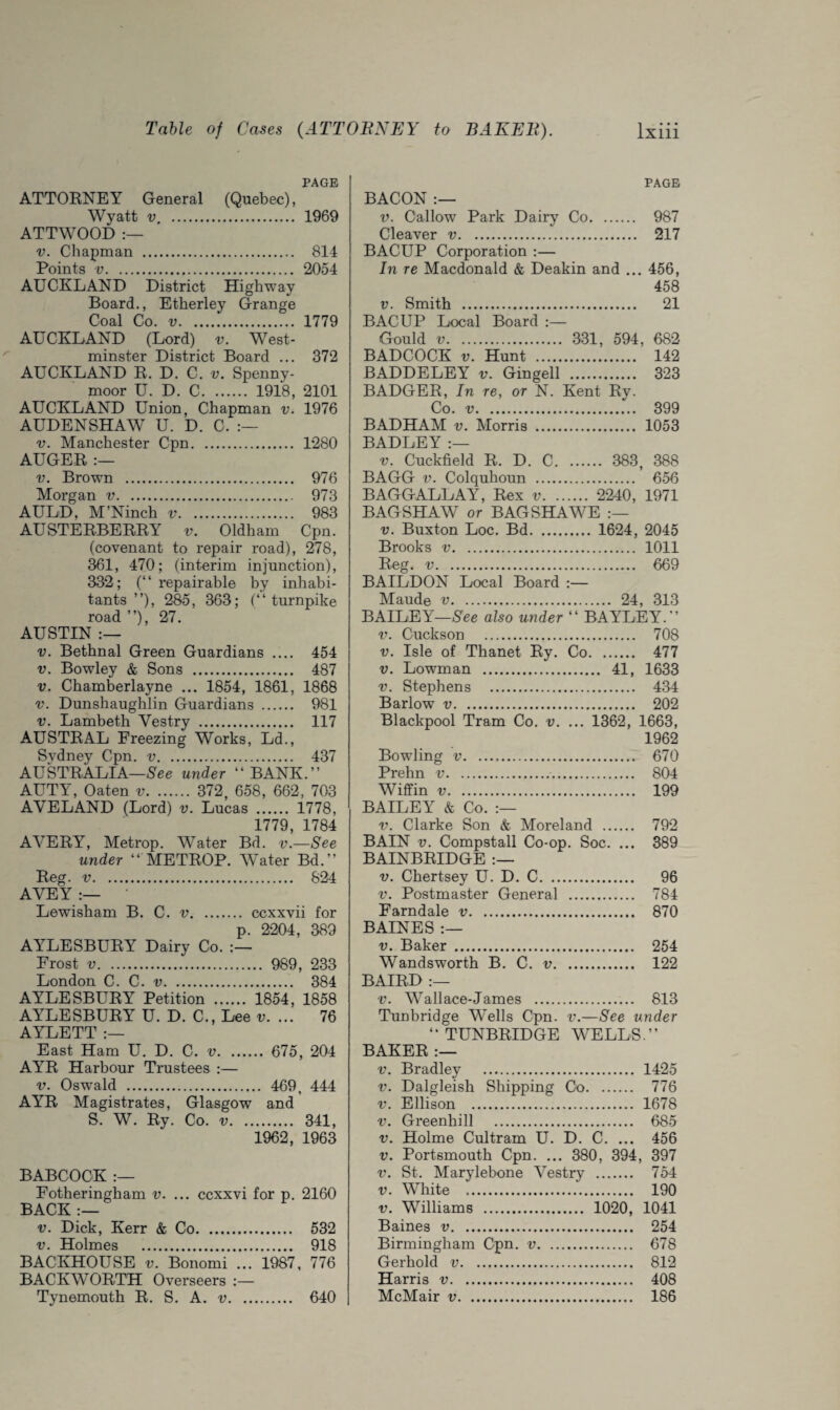 PAGE ATTORNEY General (Quebec), Wyatt v. . 1969 ATTWOOD :— v. Chapman . 814 Points v. 2054 AUCKLAND District Highway Board., Etherley Grange Coal Co. v.‘. 1779 AUCKLAND (Lord) v. West¬ minster District Board ... 372 AUCKLAND R. D. C. v. Spenny- moor U. D. C. 1918, 2101 AUCKLAND Union, Chapman v. 1976 AUDENSHAW U. D. C. v. Manchester Cpn. 1280 AUGER :— v. Brown . 976 Morgan v. 973 AULD, M’Ninch v. 983 AUSTERBERRY v. Oldham Cpn. (covenant to repair road), 278, 361, 470; (interim injunction), 332; (“repairable by inhabi¬ tants ”), 285 , 363; (“turnpike road ”), 27. AUSTIN :— v. Bethnal Green Guardians _ 454 v. Bowley & Sons . 487 v. Chamberlayne ... 1854, 1861, 1868 v. Dunshaughlin Guardians . 981 v. Lambeth Vestry . 117 AUSTRAL Freezing Works, Ld., Sydney Cpn. v. 437 AUSTRALIA—See under “BANK.” AUTY, Oaten v. 372, 658, 662, 703 AVELAND (Lord) v. Lucas . 1778, 1779, 1784 AVERY, Metrop. Water Bd. v.—See under “ METROP. Water Bd.” Reg. v. 824 AVEY :— Lewisham B. C. v. ccxxvii for p. 2204, 389 AYLESBURY Dairy Co. Frost v. 989, 233 London C. C. v. 384 AYLESBURY Petition . 1854, 1858 AYLESBURY U. D. C., Lee v. ... 76 AYLETT :— East Ham U. D. C. v. 675, 204 AYR Harbour Trustees :— v. Oswald . 469 , 444 AYR Magistrates, Glasgow and S. W. Ry. Co. v. 341, 1962, 1963 BABCOCK :— Fotheringham v. ... ccxxvi for p. 2160 BACK:— v. Dick, Kerr & Co. 532 v. Holmes . 918 BACKHOUSE v. Bonomi ... 1987, 776 BACKWORTH Overseers Tynemouth R. S. A. v. 640 PAGE BACON :— v. Callow Park Dairy Co. 987 Cleaver v. 217 BACUP Corporation :— In re Macdonald & Deakin and ... 456, 458 v. Smith . 21 BACUP Local Board :— Gould v. 331, 594 , 682 BADCOCK v. Hunt . 142 BADDELEY v. Gingell . 323 BADGER, In re, or N. Kent Ry. Co. v. 399 BADHAM v. Morris . 1053 BADLEY :— v. Cuckfield R. D. C. 383 , 388 BAGG v. Colquhoun . 656 BAGGALLAY, Rex v. 2240, 1971 BAGSHAW or BAGSHAWE v. Buxton Loc. Bd. 1624, 2045 Brooks v. 1011 Reg. v. 669 BAILDON Local Board :— Maude v. 24, 313 BAILEY—See also under “ BAYLEY.” v. Cuckson . 708 v. Isle of Thanet Ry. Co. 477 v. Lowman . 41, 1633 v. Stephens . 434 Barlow v. 202 Blackpool Tram Co. v. ... 1362, 1663, 1962 Bowling v. 670 Prehn v. 804 Wiffin v. 199 BAILEY & Co. :— BAIN v. Compstall Co-op. Soc. ... 389 BAINBRIDGE v. Chertsey U. D. C. 96 v. Postmaster General . 784 Farndale v. 870 BAINES :— v. Baker . 254 Wandsworth B. C. v. 122 BAIRD :— v. Wallace-James . 813 Tunbridge Wells Cpn. v.—See under ‘‘ TUNBRIDGE WELLS. ’ ’ BAKER :— v. Bradley . 1425 v. Dalgleish Shipping Co. 776 v. Ellison . 1678 v. Greenhill . 685 v. Holme Cultram U. D. C. ... 456 v. Portsmouth Cpn. ... 380, 394, 397 v. St. Marylebone Vestry . 754 v. White . 190 v. Williams . 1020, 1041 Baines v. 254 Birmingham Cpn. v. 678 Gerhold v. 812 Harris v. 408 McMair v. 186