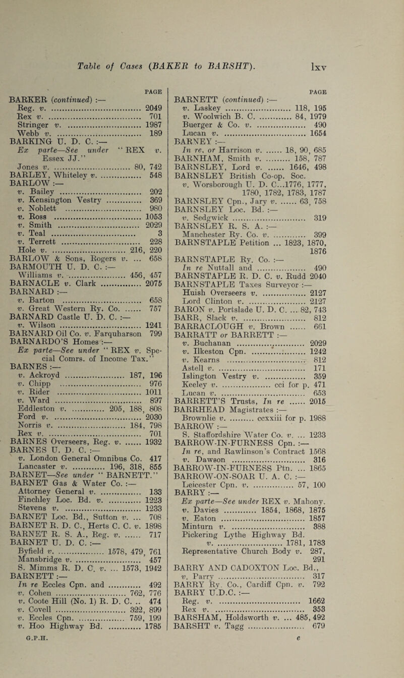 PAGE BARKER (continued) :— Reg. v. 2049 Rex v. 701 Stringer v. 1987 Webb v. 189 BARKING- U. D. C. Ex parte—See under “ REX v. Essex JJ.” Jones v. 80, 742 BARLEY, Wliiteley v. 548 BARLOW :— v. Bailey . 202 v. Kensington Vestry . 369 v. Noblett . 980 v.. Ross . 1053 v. Smith . 2029 v. Teal . 3 v. Terrett . 228 Hole v. 216, 220 BARLOW & Sons, Rogers v. ... 658 BARMOUTH U. D. C. Williams v. . 456, 457 BARNACLE v. Clark . 2075 BARNARD v. Barton . 658 v. Great Western Ry. Co. 757 BARNARD Castle U. D. C. v. Wilson . 1241 BARNARD Oil Co. v. Farquharson 799 BARNARDO’S Homes Ex parte—See under “ REX v. Spe¬ cial Comrs. of Income Tax.” BARNES :— v. Ackroyd . 187, 196 v. Chipp . 976 v. Rider . 1011 v. Ward . 897 Eddleston v. 205, 188, 808 Ford v. 2030 Norris v. 184, 798 Rex v. 701 BARNES Overseers, Reg. v. 1932 BARNES U. D. C. v. London General Omnibus Co. 417 Lancaster v. 196, 318, 855 BARNET—See under “BARNETT.” BARNET Has & Water Co. :— Attorney General v. 133 Finchley Loc. Bd. v. 1223 Stevens v. 1233 BARNET Loc. Bd., Sutton v. ... 708 BARNET R. D. C., Herts C. C. v. 1898 BARNET R. S, A., Reg. v. 717 BARNET U. D. C. Byfield v. 1578, 479, 761 Mansbridge v.’ 457 S. Mimms R. D. C. v. ... 1573, 1942 BARNETT In re Eccles Cpn. and . 492 v. Cohen . 762, 776 v. Coote Hill (No. 1) R. D. C. .. 474 v. Co veil . 322, 899 v. Eccles Cpn. 759, 199 v. Hoo Highway Bd. 1785 PAGE BARNETT (continued) :— v. Laskey . 118, 195 v. Woolwich B. C. 84, 1979 Buerger & Co. v. 490 Lucan v. 1654 BARNEY :— In re. or Harrison v. 18, 90 685 BARNHAM, Smith v. 158, 787 BARNSLEY, Lord v. 1646, 498 BARNSLEY British Co-op. Soc. v. Worsborough U. D. C...1776, 1777, 1780, 1782, 1783, 1787 BARNSLEY Cpn., Jary v. 63 758 BARNSLEY Loc. Bd. v. Sedgwick . 319 BARNSLEY R. S, A. Manchester Ry. Co. v. 399 BARNSTAPLE Petition ... 1823, 1870, 1876 BARNSTAPLE Ry. Co. In re Nuttall and . 490 BARNSTAPLE R. D. C. v. Rudd 2040 BARNSTAPLE Taxes Surveyor :— Huish Overseers v. 2127 Lord Clinton v. 2127 BARON v. Portslade U. D. C. ... 82, 743 BARR, Slack v. 812 BARRACLOUGH v. Brown . 661 BARRATT or BARRETT v. Buchanan . 2029 v. Ilkeston Cpn..*. 1242 v. Kearns . 812 Astell v. 171 Islington Vestry v. 359 Keeley v. cci for p. 471 Lucan v. 653 BARRETT’S Trusts, In re . 2016 BARRHEAD Magistrates :— BARROW :— S. Staffordshire Water Co. v. ... 1233 BARROW-IN-FURNESS Cpn. In re, and Rawlinson’s Contract 1568 v. Dawson ... 316 BARROW-IN-FURNESS Ptn. ... 1865 BARROW-ON-SOAR U. A. C. Leicester Cpn. v. 57, 100 BARRY :— Ex parte—See under REX v. Mahony. v. Davies . 1854, 1868, 1875 v. Eaton . 1857 Minturn v. 388 Pickering Lythe Highway Bd. v.. 1781, 1783 Representative Church Body v. 287, 291 BARRY AND OADOXTON Loc. Bd., v. Parry . 317 BARRY Ry. Co., Cardiff Cpn. v. 792 BARRY U.D.C. Reg. v. 1662 Rex v. 353 BARSHAM, Holdsworth v. ... 485, 492 BARSHT v. Tagg . 679 G.P.H. e