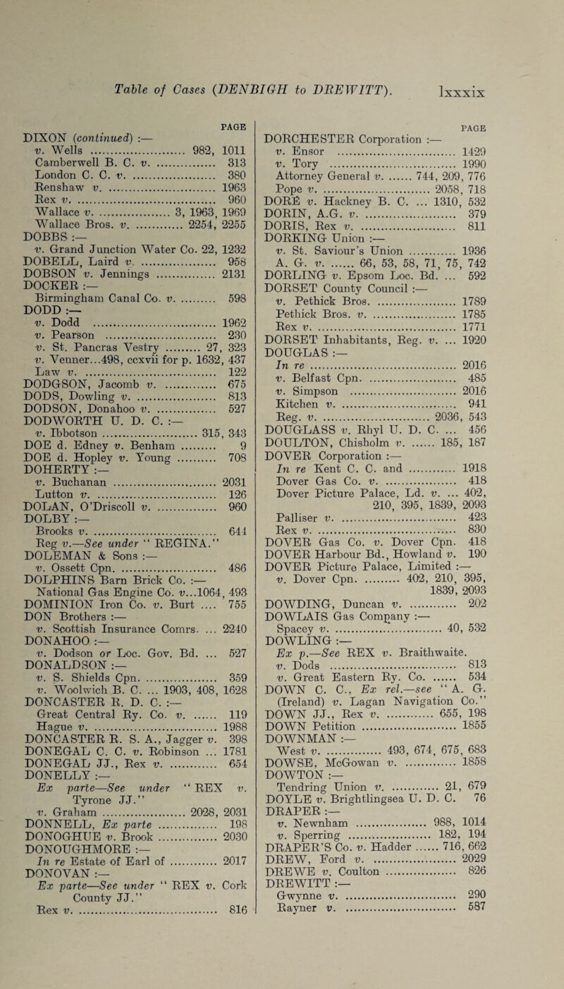 PAGE DIXON (continued) :— v. Wells . 982, 1011 Camberwell B. C. v. 313 London C. C. v. 380 Benshaw v. 1963 Bex v. 960 Wallace v. 3, 1963, 1969 Wallace Bros, v. 2254, 2255 DOBBS :— v. Grand Junction Water Co. 22, 1232 DOBELL, Laird v. 958 DOBSON v. Jennings . 2131 DOCKEB :— Birmingham Canal Co. v. 598 DODD :— v. Dodd . 1962 v. Pearson . 230 v. St. Pancras Vestry . 27, 323 v. Venner...498, ccxvii for p. 1632, 437 Law v. 122 DODGSON, Jacomb v. 675 DODS, Dowling v. 813 DODSON, Donahoo v. 527 DODWOBTH U. D. C. v. Ibbotson. 315, 343 DOE d. Edney v. Benham . 9 DOE d. Hopley v. Young . 70S DOHEBTY :— v. Buchanan . 2031 Lutton v. 126 DOLAN, O’Driscoll v. 960 DOLBY :— Brooks v. 641 Beg v.—See under “ BEGINA.” DOLEMAN & Sons :— v. Ossett Cpn. 486 DOLPHINS Barn Brick Co. National Gas Engine Co. V...1064, 493 DOMINION Iron Co. v. Burt .... 755 DON Brothers :— v. Scottish Insurance Comrs. ... 2240 DONAHOO:— v. Dodson or Loc. Gov. Bd. ... 527 DONALDSON v. S. Shields Cpn. 359 v. Woolwich B. C. ... 1903, 408, 1628 DONCASTEB B. D. C. Great Central By. Co. v. 119 Hague v. 1988 DONCASTEB B. S, A., Jagger v. 398 DONEGAL C. C. v. Bobinson ... 1781 DONEGAL JJ., Bex v. 654 DONELLY :— Ex parte—See under “ BEX v. Tyrone JJ.” v. Graham . 2028, 2031 DONNELL, Ex parte . 198 DONOGHUE v. Brook . 2030 DONOUGHMOBE In re Estate of Earl of . 2017 DONOVAN :— Ex parte—See under “ BEX v. Cork County JJ.” Bex v. 816 TAGE DOBCHESTEB Corporation :— v. Ensor . 1429 v. Tory . 1990 Attorney General v. 744, 209, 776 Pope v. 2058, 718 DOBE v. Hackney B. C. ... 1310, 532 DOBIN, A.G. v. 379 DOBIS, Bex v. 811 DOBKING Union v. St. Saviour’s Union . 1936 A. G. v. 66, 53, 58, 71, 75, 742 DOBLING v. Epsom Loc. Bd. ... 592 DOBSET County Council :— v. Pethick Bros. 1789 Pethick Bros, v. 1785 Bex v. 1771 DOBSET Inhabitants, Beg. v. ... 1920 DOUGLAS :— In re . 2016 v. Belfast Cpn. 485 v. Simpson . 2016 Kitchen v. 941 Beg. v. 2036 , 543 DOUGLASS v. Bhyl U. D. C. ... 456 DOULTON, Chisholm v. 185, 187 DOVEB Corporation :— In re Kent C. C. and . 1918 Dover Gas Co. v. 418 Dover Picture Palace, Ld. v. ... 402, 210, 395, 1839, 2093 Palliser v. 423 Bex v. 830 DOVEB Gas Co. v. Dover Cpn. 418 DOVEB Harbour Bd., Howland v. 190 DOVEB Picture Palace, Limited :— v. Dover Cpn. 402, 210, 395, 1839, 2093 DOWDING, Duncan v. 202 DOWLAIS Gas Company :— Spacey v. 40, 532 DOWLING :— Ex p.—See BEX v. Braitliwaite. v. Dods . 813 v. Great Eastern By. Co. 534 DOWN C. C., Ex rel.—see “ A. G. (Ireland) v. Lagan Navigation Co.” DOWN JJ., Bex v. 655, 198 DOWN Petition . 1855 DOWNMAN :— West v. 493, 674, 675, 683 DOWSE, McGowan v. 1858 DOWTON :— Tendring Union v. 21, 679 DOYLE v. Brightlingsea U. D. C. 76 DBAPEB :— v. Newnham . 988, 1014 v. Sperring . 182, 194 DBAPEB’S Co. v. Hadder.716, 662 DBEW, Ford v. 2029 DBEWE v. Coulton . 826 DBEWITT :— Gwynne v. 290 Bayner .. 587