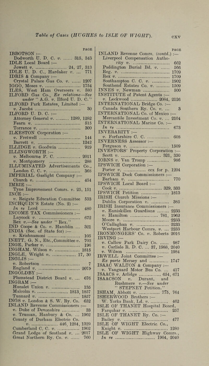 Table of Cases (HUGHES to ISLE OF WIGHT). cxv PAGE IBBOTSON Dod worth U. D. C. v. 315, 343 IDLE Local Board :— Jowett v. 24, 27, 313 IDLE U. D. C., Hardaker v. ... 771 IDRIS & Company :— Crystal Palace Gas Co. v. 1207 IGGO, Moses v. 1754 ILES, West Ham Overseers v. 580 ILFORD Gas Co., Ex relatione—See under “ A.G. v. Ilford U. D. C.” ILFORD Park Estates, Limited :— v. Jacobs . 30 ILFORD U. D. 0. Attorney General v. 1289, 1282 Fearn v. 515 Torrance v. 300 ILKESTON Corporation :— v. Fretwell . 144 Barrett v. 1242 ILLIDGE v. Goodwin . 919 ILLINGWORTH v. Melbourne P. C. 2011 v. Montgomery . 288 ILLUMINATED Advertisements Co., London C. C. v. 368 IMPERIAL Gaslight Company :— Church v. 454 IMRIE :— Tyne Improvement Comrs. v. 25, 151 INCE :— v. Reigate Education Committee 533 INCHQUIN’S Estate (No, 2) In re Lord . 480 INCOME TAX Commissioners :— Laycock v. 672 Rex v.—See under “Rex.” IND Coope & Co. v. Hamblin ... 321 INDIA (Sec. of State for) :— v. Krishnamoni . 105 INETT, G. N., Etc., Committee v. 703 INGE, Parker v. 196 INGHAM, Wilson v. 1815 INGLE, Wright v. 17, 30 INGLIS :— v. Robertson . 7 England v. 2075 INGOLDBY :— Plumstead District Board v. ... 676 INGRAM :— Hunslet Union v. 135 Malcolm v. 1813, 1857 Tunnard v. 1857 INGS v. London & S. W. Ry. Co. 652 INLAND Revenue Commissioners :— v. Duke of Devonshire . 33 v. Truman, Hanbury & Co. ... 1962 County of Durham Electric Co. v. 446, 1284, 1329 Cumberland C. C. v. 1962 Grand Lodge of Scotland v. ... 2017 Great Northern Ry. Co. v. 760 PAGE INLAND Revenue Comrs. (contd.) :— Liverpool Compensation Autho¬ rity v. 662 Paddington Burial Bd. v. 566 Reg. v. 1709 Rex v. 1709 Southampton C. O. v. 1902 Southend Estates Co. v. 1509 INNES v. Newman . 500 INSTITUTE of Patent Agents :— v. Lockwood . 2084, 2126 INTERNATIONAL Bridge Co. Canada Southern Ry. Co. v. ... 3 INTERNATIONAL Co. of Mexico :— Mercantile Investment Co. v. ... 2104 INTERNATIONAL Marine Co. :— In re . 673 INVE RARITY v. Forfarshire C. C. 608 INVERNESS Assessor Ferguson v. 1509 INVESTORS’ Property Corporation :— Scott v. 321, 330 IORNS v. Van Tromp . 986 IPSWICH Corporation :— Porter v. ccx for p. 1204 IPSWICH Dock Commissioners :— Barham v. 770 IPSWICH Local Board Cook v. 329, 333 IPSWICH Petition . 1813 IRISH Church Missions :— Dublin Corporation v. 385 IRISH Insurance Commissioners :— v. Enniskillen Guardians . 2233 v. Hamilton . 781, 1962 Moore v. 2233 O’Callaghan v. 2233 Westport Harbour Comrs. v. ... 2233 IRONMONGERS’ Co. v. Roberts 2016 IRVING :— v. Callow Park Dairy Co. 987 v. Carlisle R, D. C. ... 37, 1988, 2040 v. Wilson . 1984 IRWELL Joint Committee :— Ex parte Mersey and . 1747 ISAAC WALTON & Company v. Vanguard Motor Bus Co. ... 417 ISAACS v. Arlidge . 654, 671 ISAACSON v. Durant, and Rushmere v.—See under “ STEPNEY Petition.” ISHAM, Abbott v. 775 , 764 ISHERWOOD Brothers W. Yorks Bank, Ld. v. 462 ISLE OF THANET Hospital Board, Farquhar v. 257 ISLE OF THANET Ry. Co. Bailey v. 477 ISLE OF WIGHT Electric Co., Knight v. 1280 ISLE OF WIGHT Highway Comrs., In re . 1904, 2040