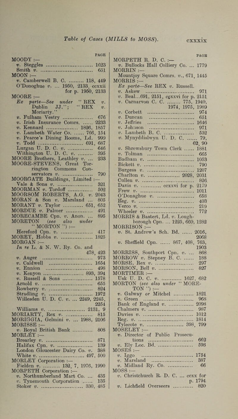 PAGE MOODY :— v. Steggles . 1623 Smith v. 651 MOON :— v. Camberwell B. 0. 118, 449 O’Donoghue v, ... 1950, 2133, ccxxii for p. 1950, 2133 MOORE :— Ex parte—See under “ REX v. Dublin JJ.”; “REX v. Moriarty. ” v. Fulham Vestry . 676 v. Irish Insurance Comrs. 2233 v. Kennard . 1826, 1857 v. Lambeth Water Co. 766, 154 v. Pearce’s Dining Rooms, Ld. 999 v. Todd . 691, 687 Lurgan U. D. C. v. 646 Withington U. D. C. v. 395 MOORE Brothers, Leathley v. ... 233 MOORE-STEVENS, Great Tor- rington Commons Con¬ servators v. 790 MOORGATE Buildings, Limited Vale & Sons v. 321 MOORMAN v. Tordoff . 502 MOORSOM ROBERTS, A.G. v. 2043 MORAN & Son v. Marsland ... 805 MORANT v. Taylor . 651, 652 MORDUE v. Palmer . 491 MORECAMBE Cpn. v. Anon. ... 895 MORE TON (see also under “ MORTON ’’) Hereford Cpn. v. 417 MOREY, Hobbs v. 1825 MORGAN In re L. & N. W. Ry. Co. and 478, 423 v. Auger . 973 v. Caldwell . 1654 v. Ennion . 498 v. Kenyon . 893, 394 v. Russell & Sons . 1578 Arnold v. 655 Rowberry v. 824 Stradling v. 1972 Willesden U. D. C. v. ... 2249, 2245, 2254 Williams v. 2131, 9 MORIARTY, Rex v. 815 MORIGGIA, Gelmini v. ... 1988 , 2106 MORISSE :— v. Royal British Bank . 808 MORLEY :— Brearley v. 871 Halifax Cpn. v. 139 London Gloucester Dairy Co. v. 388 White v. 497, 500 MORLEY Corporation :— Fielden v. 132, 7, 1976, 1990 MORPETH Corporation :— v. Northumberland Mart Co. ... 435 v. Tynemouth Corporation . 135 Stoker v. 330, 485 PAGE MORPETH R. D. C. v. Bullocks Hall Colliery Co. ... 1779 MORRIN :— Mountjoy Square Comrs. v., 671 1445 MORRIS :— Ex parte—See REX v. Russell. v. Askew . 971 v. Beal...691, 2151, cgxxvi for p. 2151 v. Carnarvon C. C. 775, 1940, 1974, 1975, 1989 v. Corbett . 974 v. Duncan . 651 v. Jeffries . 1646 v. Johnson . 971 v. Lambeth B. C. 532 V'-. Mynyddislwyn U. D. C. 79, 62, 90 v. Shrewsbury Town Clerk . 1881 v. Tolman . 665 Badham v. 1053 Bickett v. 790 Burgess v. 1207 Charlton v. 2028, 2031 Cullen v. 826 Davis v. ccxxvi for p. 2179 Frew v. 1011 O’Donaghue v. 658 Keg. v. 403 Verco v. 219 Wheeler v. 772 MORRIS & Bastert, Ld. v. Lough¬ borough Cpn. ... 1225, 660, 1282 MORRISON :— v. St. Andrew’s Sch. Bd. 2016, 2068 v. Sheffield Cpn. 867, 408, 763, 1903 MORRISS, Southport Cpn. v. ... 868 MORROW v. Stepney B. C. 188 MORSE, Rex v. 297 MORSON, Bell v. 827 MORTIMER :— Usk U. D. C. v. 1627, 682 MORTON (see also under “ MORE- TON ”) :— v. Galway or Mitchel . 1821 v. Green . 968 Bank of England v. 2098 Chalmers v. 987 Davies v. . 1012 Reg. v. 1814 Tylecote v. 398 799 MOSELEY :— v. Director of Public Prosecu¬ tions . 662 v. Ely Loc. Bd. 598 MOSES :— v. Iggo . 1754 v. Marsland . 387 v. Midland Ry. Co. 66 MOSS :— v. Christchurch R. D. C. ... ccxx for p. 1794 v. Lichfield Overseers . 820