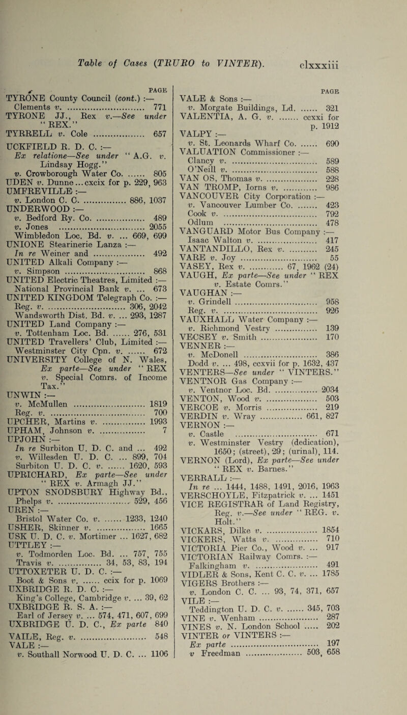 , PAGE TYRONE County Council (cont.) :— Clements v. 771 TYRONE JJ., Rex v.—See under “ REX.” TYRRELL v. Cole . 657 UCKFIELD R. D. C. Ex relatione—See under “ A.G-. v. Lindsay Hogg.” v. Crowborough Water Co. 805 UDEN v. Dunne ...cxcix for p. 229, 963 UMFREVILLE v. London C. C. 886, 1037 UNDERWOOD v. Bedford Ry. Co. 489 v. Jones . 2055 Wimbledon Loo. Bd. v. ... 669, 699 UNIONE Stearinerie Lanza :— In re Weiner and . 492 UNITED Alkali Company :— v. Simpson . 868 UNITED Electric Theatres, Limited :— National Provincial Bank v. ... 673 UNITED KINGDOM Telegraph Co. Reg. v. 306 , 2042 Wandsworth Dist. Bd. v. ... 293, 1287 UNITED Land Company :— v. Tottenham Loc. Bd. 276, 531 UNITED Travellers’ Club, Limited :— Westminster City Cpn. v. 672 UNIVERSITY College of N. Wales, Ex parte—See under “ REX v. Special Comrs. of Income Tax.” UNWIN :— v. McMullen . 1819 Reg. v. 700 UPCHER, Martins v. 1993 UPHAM, Johnson v. 7 UPJOHN :— In re Surbiton U. D. C. and ... 492 v. Willesden U. D. C. ... 899, 704 Surbiton U. D. C. v. 1620, 593 UPRICHARD, Ex parte—See under “ REX v. Armagh JJ.” UPTON SNODSBURY Highway Bd., Phelps v.- 529, 456 UREN :— Bristol Water Co. v. 1233, 1240 USHER, Skinner v. 1665 USK U. D. C. v. Mortimer ... 1627, 682 UTTLEY :— v. Todmorden Loc. Bd. ... 757, 755 Travis v. 34, 53, 83, 194 UT'TOXETER U. D. C. Boot & Sons v. ccix for p. 1069 UXBRIDGE R. D. C. King’s College, Cambridge v. ... 39, 62 UXBRIDGE R. S. A. Earl of Jersey v. ... 574, 471, 607, 699 UXBRIDGE U. D. C., Ex parte 840 VAILE, Reg. v. 548 VALE :— v. Southall Norwood U. D. C. ... 1106 PAGE VALE & Sons :— v. Morgate Buildings, Ld. 321 VALENTIA, A. G. v. ccxxi for p. 1912 VALPY :— v. St. Leonards Wharf Co. 690 VALUATION Commissioner :— Clancy v. 589 O’Neill v. 588 VAN OS, Thomas v. 228 VAN TROMP, Iorns v. 986 VANCOUVER City Corporation :— v. Vancouver Lumber Co. 423 Cook v. 792 Odium . 478 VANGUARD Motor Bus Company :— Isaac Walton v. 417 VANTANDILLO, Rex v. 245 VARE v. Joy . 55 VASEY, Rex v. 67, 1962 (24) VAUGH, Ex parte—See under “ REX v. Estate Comrs.” VAUGHAN :— v. Grindell . 958 Reg. v. 926 VAUXHALL Water Company :— v. Richmond Vestry . 139 VECSEY v. Smith . 170 VENNER :— v. McDonell . 386 Dodd v. ... 498, ccxvii for p. 1632, 437 VENTERS—See under “ VINTERS.” VENTNOR Gas Company :— v. Ventnor Loc. Bd. 2034 VENTON, Wood v. 503 VERCOE v. Morris. 219 VERDIN v. Wray . 661, 827 VERNON :— v. Castle . 671 v. Westminster Vestry (dedication), 1650; (street), 29; (urinal), 114. VERNON (Lord), Ex parte—See under “ REX v. Barnes.” VERRALL :— In re ... 1444, 1488, 1491, 2016, 1963 VERSCHOYLE, Fitzpatrick v. ... 1451 VICE REGISTRAR of Land Registry, Reg. v.—See under ” REG. v. Holt.” VICKARS, Dilke v. 1854 VICKERS, Watts v. 710 VICTORIA Pier Co., Wood v. ... 917 VICTORIAN Railway Comrs. :— Falkingham v. 491 VIDLER & Sons, Kent C. C. v. ... 1785 VIGERS Brothers :— v. London C. C. ... 93, 74, 371, 657 VILE :— Teddington U. D. C. v. 345, 703 VINE v. Wenham . 287 VINES v. N. London School . 202 VINTER or VINTERS Ex parte . 197 v Freedman . 503, 658