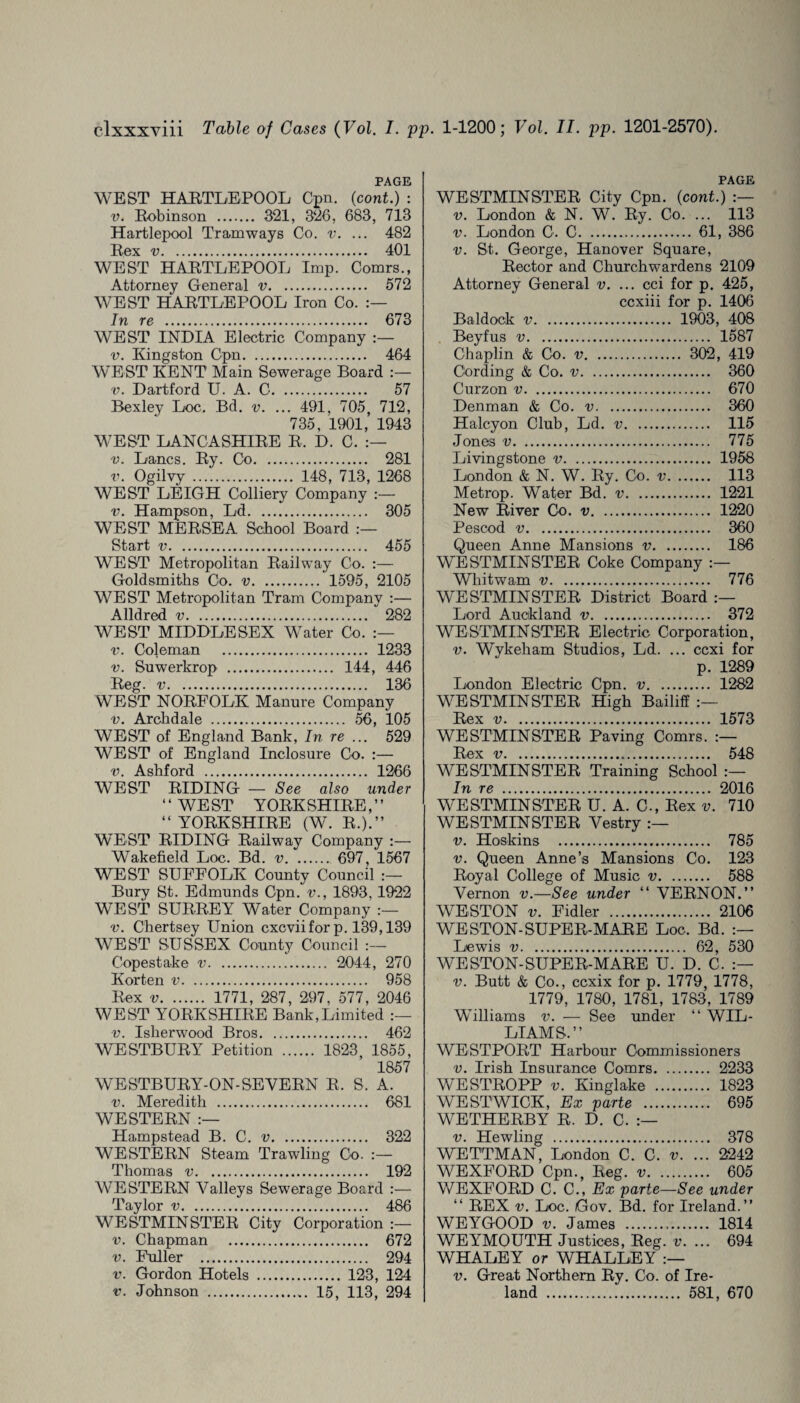 PAGE WEST HARTLEPOOL Cpn. (cont.) : v. Robinson . 321, 326 , 683, 713 Hartlepool Tramways Co. v. ... 482 Eex v. 401 WEST HARTLEPOOL Imp. Comrs., Attorney General v. 572 WEST HARTLEPOOL Iron Co. In re . 673 WEST INDIA Electric Company :— v. Kingston Cpn. 464 WEST KENT Main Sewerage Board :— v. Dartford U. A. C. 57 Bexley Loc. Bd. v. ... 491, 705, 712, 735, 1901, 1943 WEST LANCASHIRE R, D. C. v. Lancs. Ry. Co. 281 v. Ogilvy . 148, 713, 1268 WEST LEIGH Colliery Company v. Hampson, Ld. 305 WEST MERSEA School Board Start v. 455 WEST Metropolitan Railway Co. :— Goldsmiths Co. v. 1595, 2105 WEST Metropolitan Tram Company :— Alldred v. 282 WEST MIDDLESEX Water Co. v. Coleman . 1233 v. Suwerkrop . 144, 446 Reg. v. 136 WEST NORFOLK Manure Company v. Archdale . 56, 105 WEST of England Bank, In re ... 529 WEST of England Inclosure Co. :— v. Ashford . 1266 WEST RIDING — See also under “ WE ST YORKSHIRE, ’ ’ “ YORKSHIRE (W. R.).” WEST RIDING Railway Company :— Wakefield Loc. Bd. v. 697, 1567 WEST SUFFOLK County Council Bury St. Edmunds Cpn. v., 1893,1922 WEST SURREY Water Company v. Chertsey Union cxcviiforp. 139,139 WEST SUSSEX County Council Copestake v. 2044, 270 Korten v. 958 Rex v. 1771, 287, 297, 577, 2046 WEST YORKSHIRE Bank,Limited v. Isherwood Bros. 462 WESTBURY Petition . 1823 1855, 1857 WESTBURY-ON-SEVERN R. S, A. v. Meredith . 681 WESTERN :— Hampstead B. C. v. 322 WESTERN Steam Trawling Co- :— Thomas v. 192 WESTERN Valleys Sewerage Board :— Taylor v. 486 WESTMINSTER City Corporation v. Chapman . 672 v. Fuller . 294 v. Gordon Hotels . 123, 124 v. Johnson ... 15, 113, 294 PAGE WESTMINSTER City Cpn. (cont.) v. London & N. W. Ry. Co. ... 113 v. London G. C. 61, 386 v. St. George, Hanover Square, Rector and Churchwardens 2109 Attorney General v. ... cci for p. 425, ccxiii for p. 1406 Baldock v. 1903, 408 Beyfus v. 1587 Chaplin & Co. v. 302 , 419 Cording & Co. v. 360 Curzon v. 670 Denman & Co. v. 360 Halcyon Club, Ld. v... 115 Jones v. 775 Livingstone v. 1958 London & N. W. Ry. Co. v. 113 Metrop. Water Bd. v. 1221 New River Co. v. 1220 Pescod v. 360 Queen Anne Mansions v. 186 WESTMINSTER Coke Company Whit warn v. 776 WESTMINSTER District Board Lord Auckland v. 372 WESTMINSTER Electric Corporation, v. Wykeham Studios, Ld. ... ccxi for p. 1289 London Electric Cpn. v. 1282 WESTMINSTER High Bailiff JRj!0x i) 1573 WESTMINSTER Paving* Comrs.’ Rex v. 548 WESTMINSTER Training School In re . 2016 WESTMINSTER U. A. C., Rex v. 710 WESTMINSTER Vestry v. Hoskins . 785 v. Queen Anne’s Mansions Co. 123 Royal College of Music v. 588 Vernon v.—See under “ VERNON.” WESTON v. Fidler . 2106 WESTON-SUPER-MARE Loc. Bd. Lewis v. 62, 530 WESTON-SUPER-MARE U. D. C. v. Butt & Co., ccxix for p. 1779, 1778, 1779, 1780, 1781, 1783, 1789 Williams v. — See under ‘‘ WIL¬ LIAMS.” WESTPORT Harbour Commissioners v. Irish Insurance Comrs. 2233 WESTROPP v. Kinglake . 1823 WESTWICK, Ex parte . 695 WETHERBY R. D. C. v. Hewling . 378 WETTMAN, London C. C. v. ... 2242 WEXFORD Cpn., Reg. v. 605 WEXFORD C. C., Ex parte—See under “ REX v. Loc. iGov. Bd. for Ireland.” WEYGOOD v. James . 1814 WEYMOUTH Justices, Reg. v. ... 694 WHALEY or WHALLEY v. Great Northern Ry. Co. of Ire¬ land . 581, 670