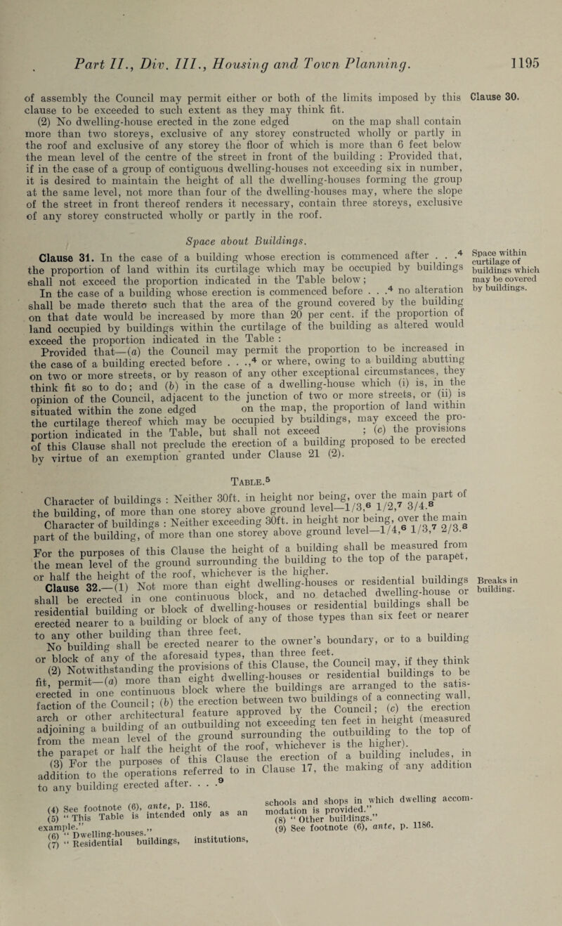 of assembly the Council may permit either or both of the limits imposed by this Clause 30. clause to be exceeded to such extent as they may think fit. (2) No dwelling-house erected in the zone edged on the map shall contain more than two storeys, exclusive of any storey constructed wholly or partly in the roof and exclusive of any storey the floor of which is more than 6 feet below the mean level of the centre of the street in front of the building : Provided that, if in the case of a group of contiguous dwelling-houses not exceeding six in number, it is desired to maintain the height of all the dwelling-houses forming the group at the same level, not more than four of the dwelling-houses may, where the slope of the street in front thereof renders it necessary, contain three storeys, exclusive of any storey constructed wholly or partly in the roof. Space about Buildings. Clause 31. In the case of a building whose erection is commenced after . . .4 gJ^Lgeof*1 the proportion of land within its curtilage which may be occupied by buildings buildings which shall not exceed the proportion indicated in the Table below; may be covered In the case of a building whose erection is commenced before . . .4 no alteration by buildings, shall be made thereto such that the area of the ground covered by the building on that date would be increased by more than 20 per cent, if the propoition of land occupied by buildings within the curtilage of the building as altered would exceed the proportion indicated in the Table : . Provided that—(a) the Council may permit the proportion to be increased in the case of a building erected before . . .,4 or where, owing to a building abutting on two or more streets, or by reason of any other exceptional circumstances, tliej think fit so to do; and (b) ‘in the case of a dwelling-house which (i) is, m the opinion of the Council, adjacent to the junction of two or more streets, or (n) is situated within the zone edged on the map, the proportion of land within the curtilage thereof which may be occupied by buildings, may exceed the pro¬ portion indicated in the Table, but shall not exceed ; (c) the provisions of this Clause shall not preclude the erection of a building proposed to be erected by virtue of an exemption granted under Clause 21 (2). Table.5 Character of buildings : Neither 30ft. in height nor being, OYer the main part of the building, of more than one storey above ground level—1/3,6 1/2, 3/4 Character of buildings : Neither exceeding 30ft, in height nor being over the main part of the building, of more than one storey above ground level—1/4, 1/3, 2/3. For the purposes of this Clause the height of a building shall be measured from the mean level of the ground surrounding the building to the top of the parapet, °rciauseh32hel?l)t Not'’ more* than'°eight dwelling-houses or residential buildings Breaks in shah be e^ed^n one c^tinuousgblock, and®no detached dwelling-house or bu„d,„s. build in or block of dwelling-houses or residential buildings shall be e“ctd leaier tolf b^iWmg or block of ?ny of those types than six feet or nearer or a buiItog OT(^iSa^th^» thifTclause, /he Council may if.they think r bflh wtrfThfSings 1// elected in one con uni erection between two buildings of a connecting wall, arch°or°^other^architectural^ feature approved by the ^louiicil ; £7hl rnean^level°o^th/^groun^surroundlng fhe outbuilding !o the top of , Uoif tup hcicht of the roof, whichever is the higher). th%f For*'th7 purposes of'this Clause the erection of a building includes, in addhion to desperations referred to in Clause 17, the making of any addition to any building erected after. . . 9 see footnote (6), ante, p. 1186. (5) “ This Table is intended only as an example.” ,, on “ Dwelling-houses. ... ,. (7) “ Residential buildings, institutions, schools and shops in which dwelling accom¬ modation is provided.” (8) “ Other buildings. (9) See footnote (6), ante, p. 1186.