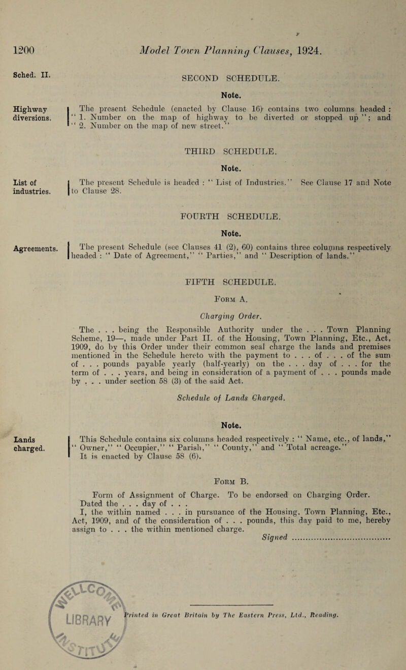Sched. II. SECOND SCHEDULE. Note. Highway I The present Schedule (enacted by Clause 16) contains two columns headed : diversions. r ‘ 1. Number on the map of highway to be diverted or stopped up and *“ 2. Number on the map of new street.” THIRD SCHEDULE. Note. list of [ The present Schedule is headed : “ List of Industries.” See Clause 17 and Note industries. I to Clause 28. FOURTH SCHEDULE. Note. Agreements. I The present Schedule (see Clauses 41 (2), GO) contains three columns respectively I headed : “ Date of Agreement,” “ Parties,” and “ Description of lands.” FIFTH SCHEDULE. Form A. Charging Order. The . . . being the Responsible Authority under the . . . Town Planning Scheme, 19—, made under Part II. of the Housing, Town Planning, Etc., Act, 1909, do by this Order under their common seal charge the lands and premises mentioned in the Schedule hereto with the payment to ... of ... of the sum of . . . pounds payable yearly (half-yearly) on the . . . day of . . . for the term of . . . years, and being in consideration of a payment of . . . pounds made by . . . under section 58 (3) of the said Act. Schedule of Lands Charged. Lands charged. Note. This Schedule contains six columns headed respectively : “ Name, etc., of lands,” “ Owner,” “ Occupier,” “ Parish,” “ County,” and “ Total acreage.” It is enacted by Clause 58 (6). Form B. Form of Assignment of Charge. To be endorsed on Charging Order. Dated the . . . day of . . . I, the within named ... in pursuance of the Housing. Town Planning, Etc., Act, 1909, and of the consideration of . . . pounds, this day paid to me, hereby assign to . . . the within mentioned charge. Signed . Printed in Great Britain by The Eastern Press, Ltd., Reading.