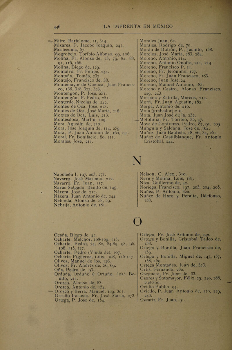 Mitre, Bartolomé, ti, 314. Mixares, P. Jacobo Joaquín, 241. Moctezuma, 57. Mogrobejo, Toribio Alfonso, 99, 106. Molina, Fr. Alonso de, 73, 79, 82, 88, 91, 116, 166. Molina, Diego de, 129. Montalvo, Fr. Felipe, 244. Montaña, Tomás, 232. Montejo, Francisco de, 38. Montemayor de Cuenca, Juan Francis¬ co, 136, 3i8, 322, 323. Montengón, P. José, 251. Montengón, P. Pedro, 25r. Monterde, Nicolás de, 242. Montes de Oca, José, 2:3. Montes de Oca, José María, 216. Montes de Oca, Luis, 213. Montesdoca, Martín, 109. Mora, Agustín de, 210. Mora. José Joaquín de, 114, 259. Mora, P. Juan Antonio de, 160, 241. Moral, Fr. Bonifacio, 80, 111. Morales, José, 211. Morales Juan, 62. Morales, Rodrigo de, 70. Morán de Butrón, P., Jacinto, i58. Morelos, José María, 283, 284. Moreno, Antonio, 214. Moreno, Antonio Onofre, 211, 214. Moreno, Francisco P. 11. Moreno, Fr. Jerónimo, 127. Moreno, Fr. Juan Francisco, 183. Moreno, Juan José, 24. Moreno, Manuel Antonio, i85. Moreno y Castro, Alonso Francisco, 229, 243. Moriana y Zafrilla, Marcos, 214. Morfi, Fr. Juan Agustín, 182. Morga, Antonio de, 210. Mota (grabador) 210. Mota, Juan José de la, 232. Motolinia, Fr. Toribio, 35, 47. Moya de Contreras. Pedro, 87, 91. 209. Munguía y Saldaña, José de,,164. Muñoz, Juan Bautista, 18, 26, 34, 251. Muñoz de Castilblanque, Fr. Antonio Cristóbal, 244. Napoleón I, 197, 2o3, 271. Navarro, José Mariano, 212. Navarro, Fr. Juan, 117. Navas Salgado, Benito de, 149. Náxera, José de, 212. Náxera, Juan Antonio de, 244. Nebreda, Alonso de, 58, 59. Nebrija, Antonio de, 181. Nelson, C. Alex., 3io. Neve y Molina, Luis, 181. Niza, Guillermo de, 42. Noriega, Francisco, 197, 203, 204, 205. Núñez, P. Antonio, 322. Núñez de Haro y Peralta, Ildefonso, -58. O Ocaña, Diego de, 42. Ocharte, Melchor, 108-109, 'tr¬ ocharte, Pedro, 74, 82, 84-89, 93, 96, 108, 115, 127. Ocharte, Pedro (Viuda de), 107. Ocharte Figueroa, Luis, 108, 115-117. Olivos, Manuel de los, 126. Olivos, Fr. Andrés de, 56, 69, Oña, Pedro de, 93. Orduña, Orduño ú Ortuño, Jos2 Be¬ nito, 211. Orozco, Alonso de, 83. Orozco, Antonio de, 154. Orozco y Berra, Manuel. 189. 3oi. Orruño Irasusta. Fr. José María, 273. Ortega, P. José de, 154. Ortega, Fr. José Antonio de, 242. Ortega y Bonilla, Cristóbal Tadeo de, 158. Ortega y Bonilla, Juan Francisco de, 159. Ortega y Bonilla, Miguel de, 147, 157, 158, 159. Ortega Montañés, luán de, 3e3. Ortiz, Fernando, 232. Oseguera, Fr. Juan de, 33. Osores y Sotomayor, Félix, 29, 240, 288, 298-3 00. Ovidio Publio. 94. Oviedo, P. Juan Antonio de, 170, 229, 243. Ozcariz, Fr. Juan, 91.