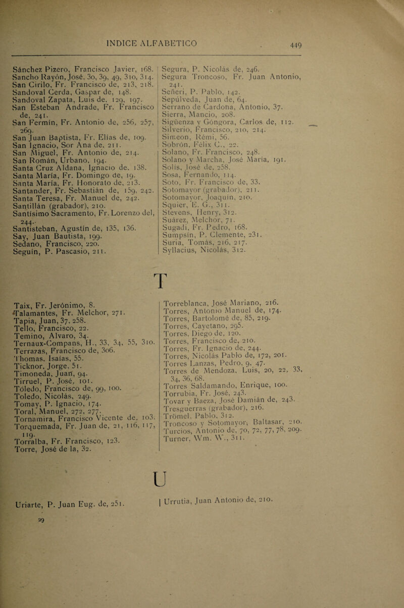 Sánchez Pizero, Francisco Javier, 168. Sancho Rayón, José. 3o, 39, 49, 310, 314. San Cirilo,* Fr. Francisco de, 213, 218. Sandoval Cerda, Gaspar de, 148. Sandoval Zapata, Luis de. 129, 197. San Esteban Andrade, Fr. Francisco de, 241. San Fermín, Fr. Antonio de, 256, 257, 269. San Juan Baptista, Fr. Elias de, 109. San Ignacio, Sor Ana de, 211. San Miguel, Fr. Antonio de, 214. San Román, Urbano, 194. Santa Cruz Aldana, Ignacio de. 138. Santa María, Fr. Domingo cíe, 19. Santa María, Fr. Honorato de, 213. Santander, Fr. Sebastián de, 09, 242. Santa Teresa, Fr. Manuel de, 242. Santillán (grabador), 210. Santísimo Sacramento, Fr. Lorenzo del, 244.- Santisteban, Agustín de, 135, 136. Say, Juan Bautista, 199. Sedaño, Francisco, 220. Seguín, P. Pascasio, 211. Taix, Fr. Jerónimo, 8. ¿Talamantes, Fr. Melchor, 271. Tapia, Juan, 37, 258. Tello, Francisco, 22. Temino, Alvaro, 34. Ternaux-Compans, H., 33, 34, 55, 310. Terrazas, Francisco de, 3o6. Thomas, Isaías, 55. Ticknor, Jorge, 5i. Timoneda, Juan, 94. Tirrueí, P. José, 101. Toledo, Francisco de, 99, 100. Toledo, Nicolás, 249. Tomay, P. Ignacio, 174. Toral, Manuel, 272, 277. Tornamira, Francisco Vicente de. io3. Torquemada, Fr. Juan de, 21, 116, 117, 119. Torralba, Fr. Francisco, 123. Torre, José de la, 32. Segura, P. Nicolás de, 246. Segura Troncoso, Fr. Juan Antonio, „ 241.. Señeri, P. Pablo, 142. Sepúlveda, Juan de, 64. Serrano de Cardona, Antonio, 37. Sierra, Mando, 208. Sigüenza y Góngora, Carlos de, 112. Silverio, Francisco, 210, 214. Simeón, Rérni, 56. Sobrón, Félix C., 22. Solano, Fr. Francisco, 248. Solano y Marcha, José María, 191. Solís, José de, 258. Sosa, Fernando, 114. Soto, Fr. Francisco de, 33. S o to m a yo r (g ra bad or), 211. Sotomayor, Joaquín, 210. Squier, E. G., 311 . Steve-ns, Henry, 312. Suárez, Melchor, 71. Sugadi, Fr. Pedro, 168. Sumpsín, P. Clemente, a3i. Suria, Tomás, 216, 217. Syllacius, Nicolás, 312. Torreblanca, José Mariano, 216. Torres, Antonio Manuel de, 174. Torres, Bartolomé de, 85, 219. Torres, Cayetano, 295. Torres, Diego de, 120. Torres, Francisco de, 210. Torres. Fr. Ignacio de, 244. Torres, Nicolás Pablo de, 172, 201. Torres Lanzas, Pedro, 9, 47. Torres de Mendoza, Luis, 20, 22, 33, 34, 36, 68. Torres Saldamando, Enrique, 100. Torrubia, Fr. José, 24.3. Tovar y Baeza, José Damián de, 243. Tresguerras (grabador), 216. Trómel, Pablo, 312. Troncoso y Sotomayor-, Baltasar, 210. Turcios, Antonio de, 70, 72, 77, 78, -°9- Turner, Wm. W., 311. Uriarte, P. Juan Eug. de, 251. 29 u I Urrutia, Juan Antonio de, 210.