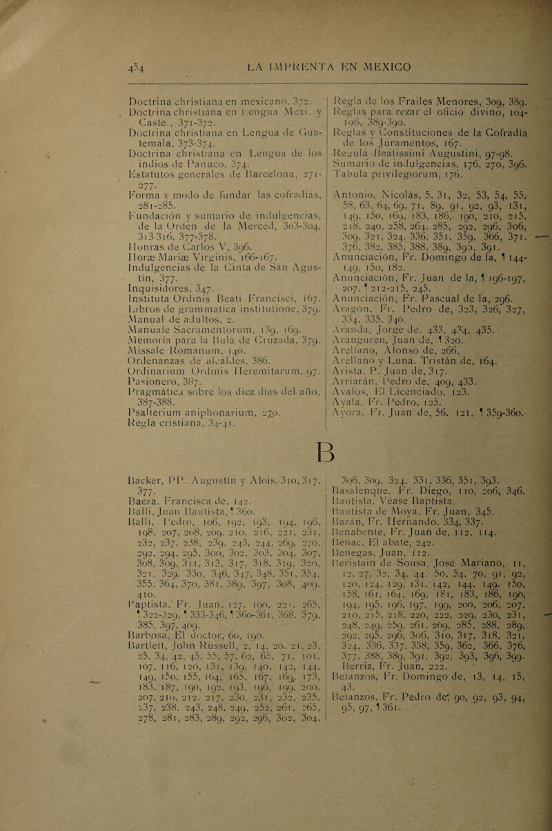 Doctrina christiana en mexicano. 3/2. Doctrina christiana en Lengua Mexi. y Gaste., 371 -3/2. Doctrina christiana en Lengua de Gua¬ temala, 373*374. Doctrina christiana en Lengua de los indios de Panuco, 374. Estatutos generales de Barcelona, 271- 277. Forma y modo de fundar las cofradías, 281-285. Fundación y sumario de indulgencias, de la Orden de la Merced, 3o3-3o4, 313-316, 377-378. Honras de Carlos V, 3g6. I loroe Marios Yirginis, 166-167. Indulgencias de la Cinta de San Agus¬ tín/ 377. Inquisidores, 347. Instituía Ordinis Beati Francisci, 167. Libros de grammatica i n s t i t u t i o n e,' 3 79. Manual de adultos, 2. Manuaie Sacramehtorum, 139, 169. Memoria para la Bula de Cruzada, 379. Missale Románum, 140. Ordenanzas de alcaldes, 386. Ordinarium Ordinis Ileremitarum, 97. Pasionero, 387. Pragmática sobre los diez días del año, 387-388. Psalterium aniphonarium, 27.0. Regla cristiana, 34-41. Regla ile los Frailes Menores, 309, 38g. Reglas para rezar el oficio divino, 104- 106, 389*390. Reglas y Constituciones de la Cofradía de los Juramentos, 167. Regula Beaíissimi Augustini, 97-98. Sumario de indulgencias, 176, 270, 396. Tabula privilegiorum, 176. Antonio, Nicolás, 5, 31, 3a, 53, 5q, 55, 58, 63, 64, 69, 71, 89, 91, 92, 93, 131, 149, 15o, 169, 183, 186,• 190, 210, 215, 218, 240, e58, 264, 285, 292, 296, 3o6, 3og, 32 1, 324, 336, 351, 359. 366, 371. 376, 38a, 385, 388, 389, 390, 3gi. Anunciación, Fr. Domingo de la, 1 144- 149, 15o, 182. Anunciación, Fr. Juan de la, T 196-197, 207. “ 212-215, 245. Anunciación, Fr. Pascual de la, 296. Aragón. Fr. Pedro de, 3a3, 326, 327, 3.84. 335, 34o. A randa, Jorge de. g.33, 484, 435. Aranguren, Juan de, 1 320. A rellano, Alonso de, 266, A rellano y Luna. Tristán de, 164. Arista. P. Juan de, 317. Arriarán, Pedro de, 409, 433. Avalos, El Licenciado, 123. Avala. Fr. Pedro, 125. Ayora. Fr. Juan de, 56, 121, 1 35g-36o. Backer, PP. Augustín v Alois, 310, 317, 1 377. Bae/a. brancisca de, 142. Balli, Juan Bautista, 1 36o. Balli, Pedro, 106, 192, 193, 194. 196, iq8, 207, 208, 209. 210, 216, 221, 231, 232, 2.87. 238, 289. 243, 244, 269, 270. 292, 294, 295, 3oo, 3o2, 3o3, 004, 807, 3o8, 309, 311, 313, 817, 318, .819, 820, 32 1. .829, 33o, 346,347,348,351,3.84, 355. 864, 370, 381, 889, 897, 3o8, 409. 410. l’aptisla. Fr. Juan, 127, 190, 221, 26.8, ' 822-829, 1 333-346,' 36o-36i, 368, 379, 385, 897, 409. Barbosa, El doctor, 60, 190. Jartletl, John 1 \ussell, 2, * '4’ 20. 2 1 [,2.3, 25, 84, 42 , 55, 57, 62 :, 65, 7 L 101, 107. , 1 16, 1 20, 131, 189, 140, 142, 144. 149 , 15o, 155, 164, 165, 167, 16q, 173, 183. . 187, 190, 092, 193, 196, '99. 200. 207, , 210. 212. 217, 23o, 231, 282, 28.8, -37, , 238. 243, 248, 249’ 2.82, 26-1, c65, 278 '>81 , -w 1 , 283, 289, 292, 296, 302, 804, 3o6, 3o9, 324, 331, 336, 351, 3g3. Basalenque, Fr. Diego, 1 10, 206, 846. Bautista. Véase Baptista. Bautista de Moya, Fr. Juan, 345. Ba/.án, Fr. Hernando. 334, 837. Benabente, Fr. Juan de, 112, 114. Bénac, El abate, 242. Benegas, Juan, 112. Beristain de Sousa. José Mariano, 11, 12. 27, 82, 3q, 44. 5o, 54, 70, 91, 92, 120, 124, 129, 131, 142, 144, 149. i5o, 1 58, 161, 164, 169, 181, 183, 186, 190, 194, 195. 196, 197, 199, 200, 206, 207, 210, 21.8, 218, 220, 222, 22Q. 23o, 231, 248, 249, 259, 261. 269, 285, 288, 289, 292, 295, 296, 3o6, 310. 817, 318, 32!, 824, 336, 887, 338, 359, 362, 366, 376, 877, 388, 389, 891, 392, 3g3, 396, 399. Berriz, Fr. Juan, 222. Betanzos, Fr. Domingo de, 13, 14, i5. 48. Betanzos, Fr. Pedro de*. 90, 92, g3, 94, 95,97,1.861.