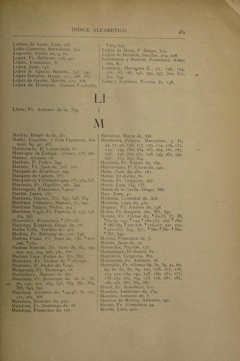 4^9 Lobera de Ayila, Luis, 135. Lobo Guerrero, Bartolomé, .820. Logroño, Pedro de, 4, 82. López, Fr. Baltasar, 128, 421. López, Francisco, 8. López, Juan, 148. López de Agüi to. Sancho, 148, 190. López Lávalos, Diego, 221, 338, 383. López de (Launa, Martín, 282, 368. López de 11 inojoso, Alonso, 1 228-230, 1 304-307. López de Mesa, P. Diego, 3o2. López de Recalde, Sancho, 204, 208. Lorenzana y Butrón. FVancisco Anto¬ nio, 80. Ludewig, Hern\ann E., 71, 120, 124, i3i, 183, 186, 195, 292, 297. 3io, 311, 32 1. .899. Luna y Árellano, Tristán de, 14S. Llave, Fr. Antonio de la, 359. | M Madriz, Diego de la, 281. Maffei, Eugenio, y Púa Figueroa, Ra¬ món, 89, 90. 283. Maldonado, El Licenciado, 81. Manrique de Zúñiga. Alvaro, 278, 281. Manso, Alonso, 18. Marbán, P. Pedro, 899. Marieta, Fr. Juan de, coa, 210. Marqués de Alcañices. 299. Marqués de Cañete, 353. Marqués de Villa man rique, 257,279,30.3. Marracio, Fr. Hipólito, 261, 899. Marroquín, Francisco, 1 90-97. Martín. Juana, 1.57. Martínez, Enrico, 331, 347, .848, 354. Martínez Añíbarro, Manuel, 71, 249. Martínez Nájera, Pedro, 204. Martínez Vigil, Fr. Ramón, 6. 147, 148, 164, 165. Maurolico, Francisco,  233-235. Mayorga Ximénez, Diego de, 181. Media Villa, Toribio de. 482. Medina, Fr. Baltasar de, 210, 846. Medina Plaza, Fr. Juan de, i3o, 1 202- 206, 1 23o. Medina Rincón, Fr. Juan de, 62, 199, 200, 202, 204, 2o5, 23o, 358. Medina Vaca, Pedro de. 351, 352. Medrano, Fr. Alonso de, 1287-240. Medrano, P. Pedro de, 1 240. Melgarejo, Fr. Domingo, 18. Mendiburú, Manuel de, 161. Mendieta, l*’r. Jerónimo de, 16, 31, 56, 76, 147, 202, 269, 845, 359, 382, 884, 385, 890, 392. Mendoza, Antonio de, 1 44-45, 56, 127, 251, 262, 368. Mendoza, Dionisio de, 420. Mendoza, Fr. Domingo de, 16. Mendoza, Francisco de, 127. Mendoza, María de, 368. Menéndez- Pelayo, Marcelino, 1, 31, 44, 71. 91, 116,' 117, 120, 124, 126, 131, >44» [49i i5o, 164, 165, 169, 181, 187, 198, 196, 207, e3i, 248, 249, 261, 292, 297, 310, 32 1, 324. Mercado, Fr. Tomás de, i3o. Mercuriano, P. Everardo, 240. Mesa, Juan de, 180, 182. Mexía, El doctor. 81. Mexía, Fr. Gregorio, 267. Mexía, Luis, 134, 135. Mexía deja Cerda, Diego, 386. Mevgjuan, 41. Miranda, Cristóbal de, 3o3. Miranda, Lope de, 43o. Moguer. Fr. Andrés de, 148. Moles, Fr. Joaquín, 262, 385, 392. Molina, Fr. Alonso de, 1 3o-33, 37, 3S, 1 69-79, 144, T 149-I 15o-15s, 167,' 182- 1 186-189, í 207-208, T 216-217, 221, 222, 1 231-232, 809, 871, T38o-* 381 - T 38a- 1 383, 399. Molina, Francisca de, 7. Molina, Juan de, 20. Monardes, Nicolás, 177. Montalegre, El doctor, 81. Montalvo, Gregorio, 36c. Montesino, Fr. Antonio, 16. Montúfar, Fr. Alonso de, 32, 3g, 41, 60, 69, 80, 81, 82, 89, ior, 116, 117, 118, 119, 122, 13g, 144. 148, i5o, 151, 157, 158-i 5a, 162, 169, 173, 176, 181, 182, 186, 233, 383, 884, 387. Moral, Fr. Bonifacio, 211. Morales, Ambrosio de, 134. Morales, Antonio de, 7. Morales de Molina, Antonio, 192. Morán, Fr. Francisco, 94. Morén, Luis, 410.