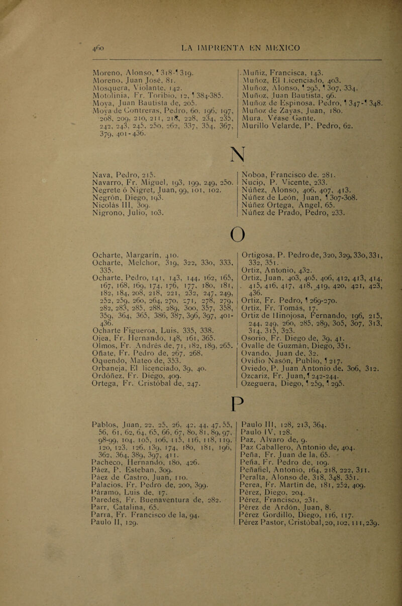 Moreno, Alonso, * 318-T 3ig. Moreno, Juan José, 8i. Mosquera, Violante, 142. Motolinia, Fr. Toribio, 12, * 384-385. Moya, Juan Bautista de, 205. Moya de Contreras, Pedro, 60, 196, 197, 208, 209, 210, 211, 218, 228, 284, 235, 242, 243, 245, 25o, 262, 33y, 354, 367, 379, 401-436. Nava, Pedro, 215. Navarro, Fr. Miguel, 193, 199, 249, 25o. Negrete ó Nigret, Juan, 99, i ó 1, 102. Negrón, Diego, iq3. Nicolás III, 809. Nigrono, Julio, io3. . Muñiz, Francisca, 148. Muñoz, F1 Licenciado, 408. Muñoz, Alonso, ' 295, 1 3o7, 334. Muñoz, Juan Bautista, 96. Muñoz de Espinosa, Pedro, 1 347-! 348. Muñoz de Zayas, Juan, 180. Mura. Véase Gante. Murillo Velarde, P. Pedro, 62. 1 Noboa, Francisco de. 281. Nució, P. Vicente, 2.83. Núñez, Alonso, 406, 407, 413. Núñez de León, Juan, 1 3o7-3o8. Núñez Ortega, Angel, 65. Núñez de Prado, Pedro, 233. O Ocharte, Margarín, 410. Ocharte, Melchor, 319, 322, 33o, 333, 335. Ocharte, Pedro, 141, 143, 144, 162, 165, 167, 168, 169, 174, 176, 177, 180, 181, 182, 184, 208, 218, 221, 232, 247, 249, 252, 259, 260, 264, 270, 271, 278, 279, 282, 288, 285, 288, 289, 3oo, 357, 358, 359, 364, 365. 386, 387, 396, 397, 401- 436. Ocharte Figueroa, Luis, 335, 338. Ojea, Fr. Hernando, 148, 161, 365. Olmos, Fr. Andrés de, 71, 182, 189, 265. Oñate, Fr. Pedro de, 267, 268. Oquendo, Mateo de, 353. Orbaneja, El licenciado, 39, 40. Ordóñez, Fr. Diego., 409. Ortega, Fr. Cristóbal de, 247. Ortigosa. P. Pedro de, 3 20, 329, 33o, 331, 33i>, 351. Ortiz, Antonio, 482. Ortiz, Juan, 403, 405, 406, 412, 4í3, 414, . 415,416,417, 418, 419, 420, 421, 423, 436. Ortiz, Fr. Pedro, T 269-270. Ortiz, Fr. Tomás, 17. Ortiz de llinojosa, Fernando, 196, 215, 244, 249, 260, 285, 289, 3o5, 3¿7, 313, 314. 315, 323. Osorio, Fr. Diego de, 39, 41. Ovalle de Guzmán, Diego, 351. Ovando. Juan de, 32. Ovidio Nasón, Publio, 1 217. Oviedo, P. Juan Antonio de. 3o6, 312. Ozcariz, Fr. Juan, T 242-244. Ozeguera, Diego, 1 289, 1 295. P Pablos, Juan, 22, 25, 26. 42, 44, 47,55, 56, 61, 62, 64, 65, 66, 67, 80, 81,89,97, 98-99, 104, io5, 106, 115, 116,118,119, 120, 123. 126. O9, 174, 180, 181, 196, .862, 864, 389, 397, 411. Pacheco, Hernando, 180, 426. Páez, P. Esteban, 309. Páez de Castro, Juan, 110. Palacios. Fr. Pedro de, 200, 399. Páramo, Luis de, 17. Paredes, Fr. Buenaventura de, 282. Parr, Catalina, 65. Parra, Fr. Francisco de la, 94. Paulo II, 129. I Paulo III, 128, 213, .864. Paulo I V, 128. I Paz, Alvaro de, 9. Paz Caballero, Antonio de, 404. Peña, Fr. Juan de la, 65. Peña, Fr. Pedro de, 109. Peñafiel, Antonio, 164, 218, 222, 311. Peralta, Alonso de, 318, 348, 351. Perea, Fr. Martín de, 181, 252, 409. Pérez, Diego, 204. Pérez, Francisco, 231. Pérez de Ardón, Juan, 8. Pérez Gordillo, Diego, 116, 117. Pérez Pastor, Cristóbal,20,102, 111,239.