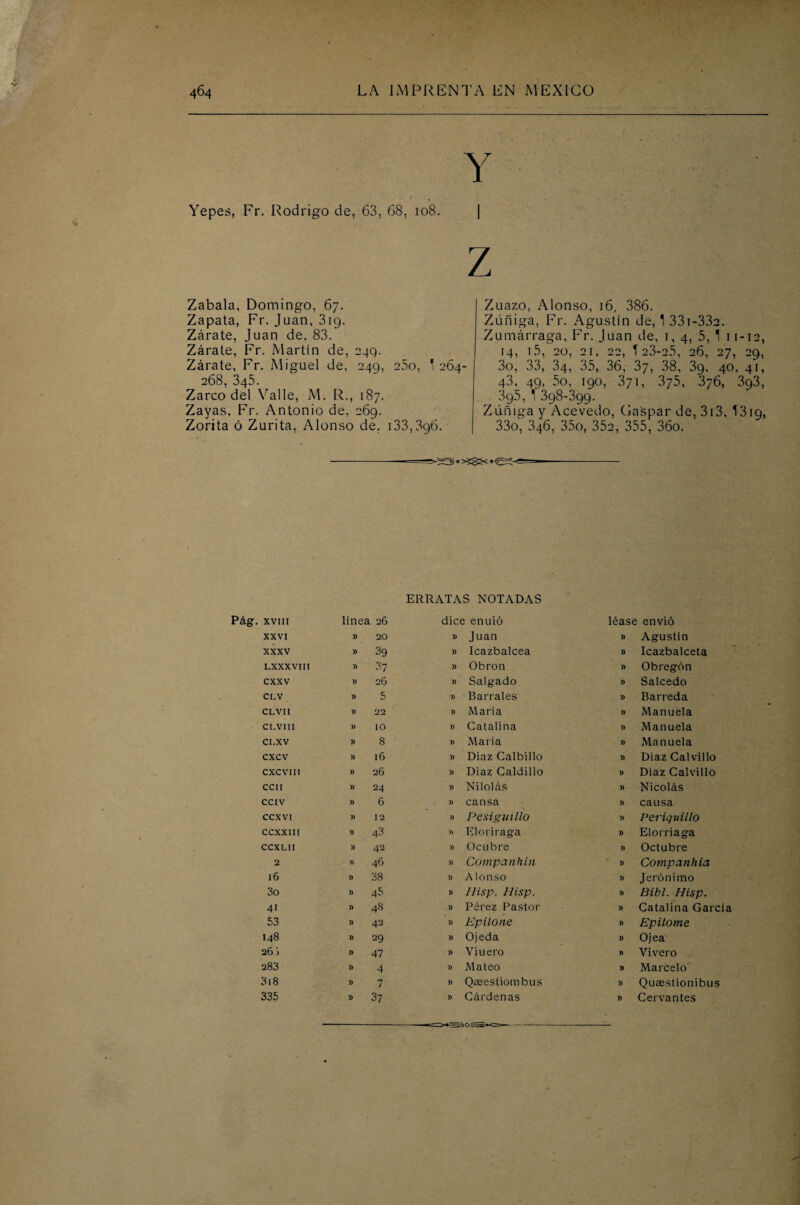 Y Yepes, Fr. Rodrigo de, 63, 68, 108. Zabala, Domingo, 67. Zapata, Fr. Juan, 319. Zárate, Juan de. 83. Zárate, Fr. Martín de, 249. Zárate, Fr. Miguel de, 249, 25o, * 264- 268, 345. Zarco del Valle, M. R., 187. Zayas, Fr. Antonio de, 269. Zorita ó Zurita, Alonso de, 133,896. z Zuazo, Alonso, 16, 386. Zúñiga, Fr. Agustín de, 1 331 -332. Zumárraga, Fr. Juan de, 1, 4, 5, 1 11-12, 14, 15, 20, 21, 22, T 23-25, 26, 27, 29, 3o, 33, 34, 35, 36, 87, 38, 89, 40, 41, 43, 49, 5o, 190, 371, 375, 376, 393, 39.5, 1 398-399. Zúñiga y Acevedo, Gaspar de, 3i3, T319, 33o, 346, 35o, 352, 355, 36o. ERRATAS NOTADAS Pág. xvm línea 26 dice enuió léase envió XXVI » 20 » Juan )) Agustín XXXV » 39 )) Icazbalcea )) Icazbalceta LXXXVIII )) 37 )) Obron J> Obregón CXXV )) 26 )) Salgado » Salcedo CLV )) 5 » Bárrales )> Barreda CLVII )) 22 » María » Manuela CI.VIII )) 10 » Catalina )) Manuela CI.XV » 8 )) María )) Manuela cxcv )) 16 )) Díaz Calbillo » Díaz Calvillo CXCVIIt )) 26 » Díaz Caldillo )) Díaz Calvillo CCII )) 24 )) Nilolás )) Nicolás CCIV )) 6 )) cansa » causa CCXVI )> 12 )) Pesiguillo )) Periquillo CCXXIII )) 43 » Eloriraga )) Elorriaga CCXLII » 42 )) Ocubre )) Octubre 2 46 )) Companhin y> Companhia 16 )) 38 )) Alonso » Jerónimo 3o » 43 » Ilisp. Hisp. » Bibl. Hisp. 41 » 48 )) Pérez Pastor » Catalina García 53 )) 42 » Epilone » Epitome 148 )) 29 )) Ojeda » Ojea 26 i » 47 )) Vinero n Vivero 283 )) 4 )) Mateo » Marcelo 318 » 7 )) Qaeestiombus » Qusestionibus 335 » 37 » Cárdenas Cervantes