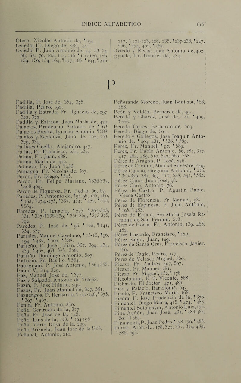 Otero, Nicolás Antonio de, 1194. Oviedo, Fr. Diego de, 282, 441. Oviedo, P. Juan Antonio de, 24, 53, 54, 56, 62, 70, io3, 114, 116,1119-120, 126, 139, 15o, 154,164,1177,185,1194, '216- 2 17, 222-223, 228, 235, 1 237-238, 1 247, 256, 1 274, 402, I462. Oviedo y Divas, Juan Antonio de, 402. Oyuela, Fr. Gabriel de, 434. Padilla, P. José de, 354, 375. Padilla, Pedro, 190. Padilla y Estrada, Fr. Ignacio de, 297, 322, 372. Padilla y Estrada, Juan María de, 470. Palacios, Prudencio Antonio de, 1 163. Palacios Piedra, Ignacio Antonio, 1 588. Palafox y Mendoza, Juan de, 152, 153, 329, 33o. Pallares Coello, Alejandro. 447. Pallás, Fr. Francisco, 231, 232. Palma, Fr. Juan, 288. Palma, María de, 412. Palmero, Fr. Juan, 1436. Paniagua, Fr. Nicolás de, I67. Pardo, Fr. Diego, 15o5. Pardo, Fr. Felipe Mariano, 1336-337, 1408-409. Pardo de Figueroa, Fr. Pedro, 66, 67. Paredes, P. Antonio de, ! 95-96, 155, 160, 1 163, 1274,-275,1337. 424, 1482,1505, 1564. Paredes, P. Ignacio, 1 275, 13o2-3o3, 331, 1 337-1338-339, 1 356-359, 1373-375, 392. Paredes, P. José de, 1 96, 1 120, 1 141, 354, 357. Parrales, Manuel Cayetano, 1 15-16, I96, 194, 1 437, 1 5o6, 1 588. Parreño, P. José Julián, 367, 394, 434, 459, 1 462, 463, 525, 528. Parriño, Domingo Antonio, 507. Patricio, Fr. Basilio, 1 564. Patrignani, P. José Antonio, 1 564-565. Paulo V, 314, 329. Paz, Manuel José de, 1 375. Paz y Salgado, Antonio de, 1 66-68. Pazíñ, P. José Hilario, 299. Pazos, Fr. Juan Manuel de, 327, 56k Pazuengos, P. Bernardo, 1 247-248,' 375, I397/1437. . Penín, Fr. Antonio, 33o. Peña, Gertrudis de la, 377. Peña, Fr. José de la, 145. Peña, Luis de la, 123, 1 194-195. Peña, María Rosa de la, 209. Peña Brizuela, Juan José de la!3o3. Peñaíiel, Antonio, 210, Peñaranda Moreno, Juan Bautista, 168,, 588. Peón y Valdés, Bernardo de, 49. Pereda y Chávez, losé de, 141, 1409, 1 5o6. Pereda Torres, Bernardo de, 509. Peredo, Diego de, 5o 1. Peredo y Gallegos, José Joaquín Anto¬ nio de, 1 409, 43i, 1 536, 1 589. Pérez, Fr. Manuel, 1 97, 1 58g. Pérez, Fr. Pablo Antonio, 56,282,317, 417, 464, 489, 510, 542, 56o, 568. Pérez de Aragón, P. José, 276. Pérez de Camino, Manuel Silvestre, 249. Pérez Cando, Gregorio Antonio, * 276, 1 375-376, 381, 397, 510, 538, 542, 1 565. Pérez Cano, Juan José, 98. Pérez Caro, Antonio, 76. Pérez de Castro, P. Agustín Pablo. Véase Castro. Pérez de Florencia, Fr. Manuel, 93. Pérez de Espinosa, P. Juan Antonio, 1 195, 1 483. Pérez de Eulate, Sor María Josefa Ra¬ mona de San Fermín, 5a3. Pérez de Ilorta, Fr. Antonio, i3g, 463, 482. Pérez Luzardo, Francisco,! 120. Pérez Salgo, Juan, 149. Pérez de Santa Cruz, Francisco Javier, 56o. Pérez de Tagle, Pedro, 117. Pérez de Velasco Miguel, 35o. Picazo, Fr. Andrés, 407, 507. Picazo, Fr. Manuel, 281. Picazo, Fr. Miguel, i52,1 178. Piccolomini, E. S. Vicente, />88. Pichardo, El doctor, 471, q85. Pico y Palacio, Bartolomé, 64. Picolo, P. Francisco María. 168. Piedra, P. José Prudencio de la, 1 376. Pimentel, Diego María, 415, 1 474; ^ 483- Pimentel Sotomayor, Antonio Luis, i/5. Pina A uñón, Juan José. 431,1483-484» 5o1, í 565. i , P mamón ti, P. J uan Pedro, 1178-179, ¡ 483. Pinart, Alph.-L.. 178,322,357, 374,489, ' 586, 593.