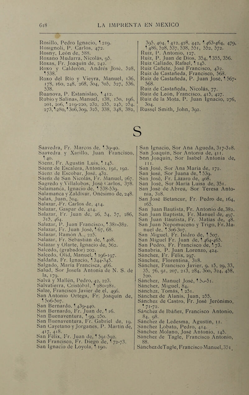 Rosillo, Pedro Ignacio, I219. Rosignoli, P. Carlos, 472. Rosnv, León de, 588. Roxano Mudarra, Nicolás, g5. Roxas, Fr. Joaquín de, 242. Roxo v Calderón, Andrés José, 528, 1 538. Roxo del Río y Vieyra, Manuel, 136, 178, 160, 248, 268, 304, 9o5, 527, 536. 538. Ruanova, P. Estanislao, I412. Rubio y Salinas, Manuel, 138, i5o, iy6, 201, 206, 1 219-220, 23a, 235, 246, 254, 273,1280,1306,309, 325, 338, 348, 38a, 395, 404, 1 412,428, 442, 1 463-464, 479, 1_486,528,537,538,55i, 552,572. Ruiz, P. Antonio, 127. Ruiz, P. Juan de Dios, 354, ^ 355, 356. Ruiz (dallado, Rafael, 1 145. Ruiz Cañete, José Francisco, 432. Ruiz de Castañeda, Francisco, 568. Ruiz de Castañeda, P. Juan José, 1 567- 568. Ruiz de Castañeda, Nicolás, 77. Ruiz de León, Francisco, 415, 427. Ruiz de la Mota, P. Juan Ignacio, 276, 304. Russel Smith, John, 392. s Saavedra, Fr. Marcos de, 1 39-40. Saavedra y Xarillo, Juan Francisco, 1 40. Sáenz. Fr. Agustín Luis, 1 145. Sáenz de Escalera, Antonio, 191, 192. Sáenz de Escobar, José, 432. Sáenz de San Nicolás, Fr. Manuel, 267. Sagredo y Villalobos, José Carlos, 378. Salamanca, Ignacio de, 1 538-539- Salamanca y Zaldívar, Onésimo de, 248. Salas, Juan, 504. Salazar,d?r. Carlos de, 414. Salazar, Gaspar de, 414. Salazar, Fr. ¡uan de. 26. 54, 57, 286, 315, 464. Salazar, P. Juan Francisco, 1 381 -382, Salazar, Fr. Juan José, 1 67, 68. Salazar. Ramón A., 225. Salazar, Fr. Sebastián de, 1 408. Salazar y Ciarte, Ignacio de, 562. Salcedo, (grabador) 202. Salcedo, Olid, Manuel, 1 196-197. Saldaña, Fr. Ignacio, 1 344-345. Salgado, María Francisca, 466. Salud, Sor Josefa Antonia de N. S. de la, 179. Salvá y Mallén, Pedro, 42, ^03. Salvatierra, Cristóbal, 1 280-281. Salze, Francisco Javier de el, 496. San Antonio Ortega, Fr. Joaquín de, 1 5o6-5o7. San Bernardo. 1 439-440. San Bernardo, Fr. Juan de, 1 16. San Buenaventura, 1 99, 25o. San Buenaventura, Fr. Gabriel de, 19. San Cayetano y Jorganes, P. Martín de, , 417; 4}8. San P'élix, Fr. Juan de, 1 591-592. San Francisco, Fr. Diego de, 1 72-7.3. San Ignacio de Loyola. 1 190. San Ignacio, Sor Ana Agueda, 317-318. San Joaquín, Sor Antonia de, 411. Snn Joaquín, Sor Isabel Antonia de, 111. San José, Sor Ana María de, 172. San José, Sor Juana de, 1 53y. San José, Fr. Lázaro de, 408. San José, Sor María Luisa de, 351. San José de Abreu, Sor Teresa Anto¬ nia, 318. San José Betancur, Fr. Pedro de, 164, 165. San Juan Bautista, Fr. Antonio de,382. San Juan Baptisla, Fr. Manuel de, 497. San Juan Bautista, Fr. Matías de, 48. San Juan Nepomuceno y Trigo, Fr. Ma¬ nuel de, 1 3o6-3o7- San Miguel. Fr. Isidro de, 1 5o7. San Miguel Fr. Juan de, 1 464-465. San Pedro, Fr. Francisco de, 1 73. Sanabria, P. Juan Lorenzo, 424. Sánchez, Fr. Félix, 297. Sánchez, Florentina, 3i8. Sánchez, Francisco Javier, 9. 15, 29,33, 35, 76, 91, 207, 213, 284, 3oo, 324, 458, 520. Sánchez, Manuel José, 15u-5i. Sánchez, Miguel, 84. Sánchez, Tomás, 1 251. Sánchez de Alanís, Juan, 255. Sánchez de Castro, Fr. José Jerónimo, 1 71-72. Sánchez de lbáñez, Francisco Antonio, ^ 84, 98. Sánchez de Ledesma, Agustín, 11. Sánchez Lobato, Pedro, 414. Sánchez Molano, José Antonio, 145. Sánchez de Tagle, Francisco Antonio, ^ 88. SánchezdeTagle, Francisco Manuel, 351 _