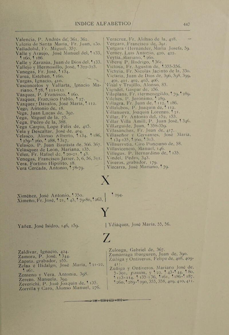 Valencia, P. Andrés de‘, 361, 36c. Valeria de Santa María, Er. Juan, i3o. Valladolid, Fr. Miguel, 357- Valle y Araujo, José Manuel del, 1 133, 1 16o, 1 186. Valle y Zarazúa, Juan de Dios del.' 133. Vallejo y Uermosillo, José, 1 322-323. Vanegas, Er. José, 1 134. Varea, Esteban, 1 160. Vargas, Ignacio, 410. Vasconcelos y Vallarta, Ignacio Ma¬ riano, 1 78. 1 111-112. Vázquez, P. Francisco,' 160. Vázquez, Envru'sco Pablo, ' 27. Vázquez; Dávalos, José María, 1 112. Vega, Antonio de, 18. Vega, Juan Lucas de, 392. Vega, Miguel de la. yb. Vega, Pedro de la, 388. Vega Carpió, Lope Félix de, 415. Vela y Descaltar, José de, 404. Velasco. Alonso Alberto, 1 184. 1 186, 1 2.S9-' 260, ' 288, 1317. Velasco, P. Juan Bautista de. 366. 867. Velásquez de León, Mariana, 135. Vélez, Fr. Rafael de. ' 20-21. ' 48. Venegas, Francisco Javier. 5, 6, 56, 811. Vera, Fortino Hipólito, 18. Vera Cercada, Antonio, ¡ 78-79. Veracruz, Fr. Alodiso de la, 418. Vergara, Francisco de, 891. Vergara ’ Hernández, María Josefa, bg. Vernev, Luis Antonio, 420, 422. Veytía, Mariano, 1 260. Vibero, P. Rodrigo, 136i. Victor.a, l’T'. Agustín de, T355-356. Victoria, Fr. Nicolás Jacinto de la, 33o. Victoria, Juan de Dios de, 896, 898, 899, 4(0, 401, 402, 403, 406. Libia 1 v Trlijillo, Alonso, 83. Vigodet, Gaspar de, 256. Vilaplana, Fr. I lermenegildo,' 79,1 289. Vilches, P. Jerónimo, ' 289. Villagra, Fr. Juan de, 1 112, 1 186. Villalobos, P. Joaquín de, 1 112. Villanueva, Joaquín Lorenzo. '21. Villar, Fr. Antonio del, 152, 153. Villar Villa Amill, P. Juan José, 1 846. Villarguide, Juan, 1 358-359- Viljasánchez, Fr. Juan de, 417. Villaseñor v Cervantes, José María, 134-135, í 260, 1 313. Villaurrutia. Ciro Policiano de, 58. Villavicenció, Manuel, 146. Villegas. P.. Bernardino de, 1 i35. Vindel, Pedro, 848. Viveros, grabador, 179. Vizcarra, José Mariano, 1 79. X Niménez, José Antonio, ' 35o. 1 1 -94- Ximeno, Fr.José, 1 21, 1 43,1 79-80,1263, | Y Yañez, José Isidro, 146, i59. I Vdiáquez, José María, 55, 56. z Zaldívar, Ignacio, 424. Zamora, P. José, 1 844. Zapata, grabador, 2.55. Zelaa é Hidalgo, José María, .21-22 161. Zenteno y Vera, Antonia, 098. Zerezo. Manuela. 894. Zeverichi. P. José Joaquín de, ia5. Zorrilla v Caro, Alonso Manuel, 276. Zuloaga, Gabriel de, .867. Zumárraga Ibarguren, Juan de, 09o. Zúñiga y Ontiveros, Felipe de, 408, 409- 411. Zúñiga v Ontiveros. Mariano José de, 5-3o 1, pjssim, v 1 22, 1 43-1 44, '80, 1 113-114. 1 135-136, 1161, 1186-1187, 1260,1289-I290,355,358, 409, 410,411.