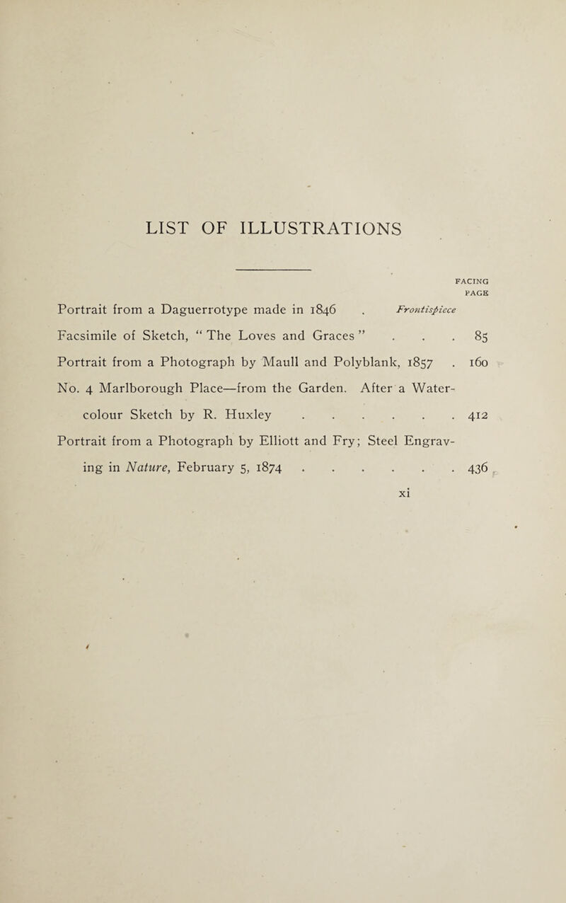 LIST OF ILLUSTRATIONS FACING PAGE Portrait from a Daguerrotype made in 1846 . Frontispiece Facsimile of Sketch, “ The Loves and Graces ” . . .85 Portrait from a Photograph by Maull and Polyblank, 1857 . 160 No. 4 Marlborough Place—from the Garden. After a Water¬ colour Sketch by R. Huxley.412 Portrait from a Photograph by Elliott and Fry; Steel Engrav¬ ing in Nature, February 5, 1874.436 xi 4